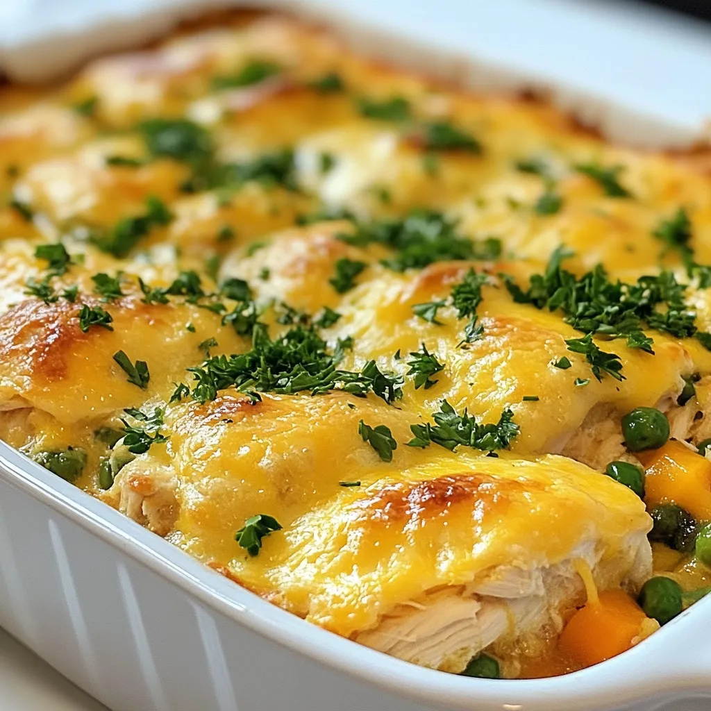 To make Viral Chicken Cobbler, you need some simple ingredients that pack a big flavor punch. - 2 cups cooked chicken, shredded - 1 cup frozen mixed vegetables (peas, carrots, corn) - 1 cup chicken broth - 1 tablespoon olive oil - 1 teaspoon garlic powder - 1 teaspoon onion powder - ½ teaspoon dried thyme - ½ teaspoon black pepper - 1 cup all-purpose flour - 1 tablespoon baking powder - ½ cup milk - ½ cup shredded cheese (cheddar or your choice) - 2 tablespoons fresh parsley, chopped (for garnish) With these ingredients, you will create a dish that's warm and satisfying. The chicken provides protein, while the mixed veggies add color and texture. The broth keeps everything moist and flavorful. Using olive oil and spices gives this dish a nice kick. The flour and baking powder form the base of your cobbler topping, while milk makes it fluffy. Cheese adds creaminess and richness. Finally, a sprinkle of parsley makes it pretty and fresh. Gather these ingredients, and you’ll be ready to dive into cooking! {{ingredient_image_1}} 1. Preheat your oven to 425°F (220°C). This gets it hot and ready for baking. 2. In a large skillet, heat 1 tablespoon of olive oil over medium heat. Add 2 cups of shredded chicken and 1 cup of frozen mixed vegetables. Sauté for about 5 minutes until the vegetables are soft and bright. 3. Pour in 1 cup of chicken broth. Stir in 1 teaspoon of garlic powder, 1 teaspoon of onion powder, ½ teaspoon of dried thyme, and ½ teaspoon of black pepper. Let this simmer for 3-4 minutes until it thickens a bit. Remove from heat and set aside. 4. In a separate bowl, combine 1 cup of all-purpose flour and 1 tablespoon of baking powder. Add ½ cup of milk and mix until just combined. Be careful not to overmix; lumps are okay! 1. Take a greased baking dish and pour in the chicken and vegetable mixture. Spread it evenly. 2. Drop spoonfuls of the batter over the chicken mixture. Cover it as much as you can. Then, sprinkle ½ cup of shredded cheese on top of the batter. 3. Bake in your preheated oven for 20-25 minutes. Look for a golden brown top. Test with a toothpick; it should come out clean. - Do not overmix the batter. This keeps it light and fluffy. If you mix too much, it can become tough. Just stir until everything is combined. - Ensure the chicken broth is well-seasoned. The broth adds flavor, so taste it before using. You can add more spices if needed. This makes the dish more tasty. - For the best baking dish, use a glass or ceramic dish. These hold heat well and help the cobbler cook evenly. A 9x13 inch dish works great for this recipe. - Serve hot right from the baking dish. This keeps it cozy and inviting. You can also scoop portions into bowls for a nice touch. - Garnish with fresh parsley. This adds color and freshness. A wedge of lemon on the side looks great too. It adds a nice pop and a bit of zest. - For social media, aim for colorful plates. Use a bright dish to make the food stand out. Natural light makes everything look better too. Snap a photo from above for the best angle! Pro Tips Use Rotisserie Chicken: For an even quicker prep time, use store-bought rotisserie chicken to save cooking time and add flavor. Experiment with Vegetables: Feel free to swap in your favorite vegetables or whatever you have on hand, like bell peppers or green beans, for variety. Cheese Variations: Try different types of cheese such as mozzarella, pepper jack, or feta for a unique twist on the flavor profile. Make Ahead: You can prepare the chicken and vegetable mixture in advance and store it in the fridge, then add the batter and bake when ready to serve. {{image_2}} You can easily switch up proteins in this dish. Want to use turkey instead of chicken? Go for it! Turkey gives a nice flavor. You can also try a vegetarian option. Use beans or mushrooms to add protein and texture. They will make the dish hearty. For the mixed veggies, use what’s in season. Fresh carrots or green beans work great. You can even add some sweet potatoes for a twist. Just chop them small so they cook well. To boost flavor, add fresh herbs and spices. Rosemary or basil can make a big difference. Try adding some paprika for warmth. If you want more kick, a dash of cayenne pepper works well too. Cheese choices are also fun. Cheddar gives a sharp taste, while mozzarella adds a creamy texture. You can mix both for a great combo. Just sprinkle it on top before baking for a golden crust. To store your leftover chicken cobbler, let it cool to room temperature. Place it in an airtight container. You can use glass or plastic containers with tight lids. This keeps the dish fresh and tasty. Make sure to eat it within 3 to 4 days. If you want to keep it longer, freezing is a great option. To reheat your chicken cobbler, the oven is best. Preheat it to 350°F (175°C). Place the cobbler in a baking dish and cover it with foil. Heat for about 20 minutes or until hot. This keeps the top crispy. You can also use a microwave, but it may make the top soft. If you freeze the cobbler, let it thaw in the fridge overnight. Then reheat as mentioned above. This way, you won’t lose flavor or texture. Enjoy your delicious meal again! What can I use instead of chicken? You can use turkey, tofu, or chickpeas. These options give great taste and texture. Turkey works well if you want a similar flavor. Tofu is a good choice for a plant-based meal. Chickpeas add protein and a nutty taste. How do I know when the cobbler is done? Look for a golden-brown top. A toothpick inserted into the batter should come out clean. If it is still wet, bake it a bit longer. This means the batter needs more time to cook. Can this dish be made ahead of time? Yes, you can prepare it ahead. Cook the chicken and veggies, then store them in the fridge. Mix the batter just before you bake. This keeps it fresh and fluffy. Estimated calories per serving This dish has about 350 calories per serving. The chicken and veggies provide protein and nutrients. The cheese adds flavor and richness. Dietary adjustments for health concerns For lower calories, use less cheese or a low-fat version. You can also use whole wheat flour for more fiber. If you need gluten-free, choose a gluten-free flour blend. Always check labels for any allergies. This blog post covered a tasty chicken dish. You learned about the key ingredients and how to prepare them. I shared useful tips for cooking and serving it beautifully. We also discussed variations to customize your dish, along with storage and reheating advice. In conclusion, this meal is simple and full of flavor. Enjoy creating it in your kitchen!