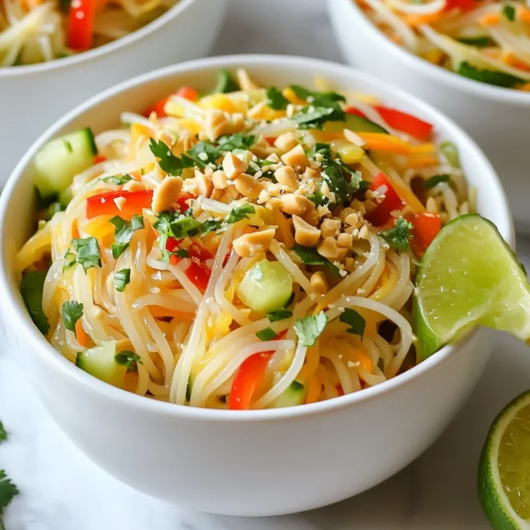 - 8 oz rice noodles - 1 cup red bell pepper, julienned - 1 cup cucumber, julienned - 1 cup carrots, shredded - 1/2 cup green onions, chopped - 1/4 cup fresh cilantro, chopped - 1/4 cup peanuts, chopped (plus more for garnish) - 1/4 cup creamy peanut butter - 3 tablespoons soy sauce - 2 tablespoons lime juice - 1 tablespoon sesame oil - 1 tablespoon honey (or agave syrup for a vegan option) - 1 teaspoon ginger, grated - 1 clove garlic, minced - Salt and pepper to taste These ingredients create a fresh and tasty salad. Rice noodles serve as the base. They soak up the flavors of the peanut sauce well. The colorful veggies add crunch and nutrition. Red bell peppers, cucumbers, and carrots bring bright colors. Green onions and cilantro add a fresh taste. The peanut sauce is key to this dish. It blends creamy peanut butter with soy sauce and lime juice. Honey adds a touch of sweetness. Ginger and garlic infuse depth and warmth. You can adjust the flavors to your liking. Add more lime for tartness or extra peanuts for crunch. This salad is perfect for a light meal or side dish. {{ingredient_image_1}} - Boiling & Timing Tips: Start by boiling a large pot of water. Once it's bubbling, add 8 oz of rice noodles. Cook them for 5-7 minutes, or until they are al dente. Keep an eye on them, as overcooking can make them mushy. - Rinsing Techniques: After cooking, drain the noodles in a colander. Rinse them under cold water for a few seconds. This stops the cooking and keeps them from sticking together. Set them aside while you prep the other ingredients. - Cutting Techniques for Uniformity: While the noodles cook, you can chop the veggies. Julienne 1 cup of red bell pepper and 1 cup of cucumber. Shred 1 cup of carrots. Chop 1/2 cup of green onions and 1/4 cup of fresh cilantro. This will make your salad look nice and even. - Vegetable Substitutions: If you don’t have some veggies, you can swap them out. Try using snap peas or cabbage instead of cucumbers. The goal is to keep the crunch and color. - Achieving the Perfect Consistency: In a medium bowl, add 1/4 cup of creamy peanut butter, 3 tablespoons of soy sauce, 2 tablespoons of lime juice, 1 tablespoon of sesame oil, 1 tablespoon of honey, 1 teaspoon of grated ginger, and 1 clove of minced garlic. Whisk everything until it’s smooth. If it’s too thick, add a little water to thin it out. - Alternative Sauce Ingredients: If you want to switch it up, use almond butter instead of peanut butter. You can also try adding a dash of chili sauce for some heat. - Mixing Techniques: In a large mixing bowl, combine the cooked rice noodles with your prepared veggies: red bell pepper, cucumber, carrots, green onions, and cilantro. - Ensuring Even Distribution: Pour the peanut sauce over the noodle and veggie mix. Gently toss everything together. Make sure all the noodles and veggies get coated with the sauce for the best flavor. - Adjusting Flavor Profiles: Taste your salad and add salt and pepper as needed. You can also squeeze in more lime juice if you want it tangier. - Presentation Techniques: Serve the salad in a large bowl or individual plates. For a pretty touch, sprinkle chopped peanuts on top. Add lime wedges and extra cilantro for a fresh look. If you want more crunch, consider adding toasted sesame seeds. - Make-Ahead Component Tips: You can make the peanut sauce a day in advance. Store it in the fridge. This saves time on busy days. Prepare the veggies and noodles ahead too. Keep them separate until you are ready to serve. This helps keep everything fresh and crunchy. - Storage Strategies: If you have leftovers, store them in an airtight container. This keeps the salad fresh for about two days. Avoid adding peanuts until you serve. This way, they stay crunchy and tasty. - Suggested Additional Spices: Add a dash of red pepper flakes for some heat. You can also try sesame seeds for a nutty taste. A pinch of salt can enhance the overall flavor too. - Using Fresh Herbs for Improved Taste: Fresh herbs make a big difference. You can use mint, basil, or more cilantro. Just chop them finely and mix them in for a fresh burst. - Vegan and Gluten-Free Options: To make this salad vegan, use agave syrup instead of honey. Check the soy sauce for gluten-free brands. This way, everyone can enjoy this dish. - Substitutions for Allergies: If you have nut allergies, use sunflower seed butter. It gives a creamy texture without nuts. You can also leave out the peanuts for a safe option. Pro Tips Fresh Ingredients: Use fresh veggies for the best flavor and crunch. The vibrant colors also enhance the visual appeal of your salad. Perfectly Cooked Noodles: Make sure not to overcook the rice noodles; they should be al dente. Rinsing them in cold water stops the cooking process and keeps them from becoming mushy. Adjusting the Sauce: If the peanut sauce is too thick, add a teaspoon of warm water at a time until you reach your desired consistency. This will help it coat the noodles evenly. Meal Prep Friendly: This salad can be made ahead of time! Store the salad and the dressing separately in the refrigerator, and combine just before serving to keep it fresh. {{image_2}} You can boost your Peanut Lime Noodle Salad by adding protein. Chicken, tofu, or shrimp works great. Each option adds flavor and makes the meal more filling. - Chicken: Cook bite-sized pieces in a pan until golden brown. This takes about 5-7 minutes. - Tofu: Press and cube firm tofu. Sauté it until crispy on all sides. This takes about 8-10 minutes. - Shrimp: Use peeled and deveined shrimp. Sauté until pink and firm, about 3-4 minutes. Make sure to cook your protein separately before adding it to the salad. This keeps the flavors fresh and tasty. You can switch the rice noodles for whole wheat or zucchini noodles. Each choice changes the salad's texture and nutrition. - Whole Wheat Noodles: They have a nutty flavor. Cook them according to the package instructions, which usually takes 8-10 minutes. - Zucchini Noodles: These are low-carb and light. You don’t need to cook them. Just spiralize the zucchini and toss them in raw. Adjust the cooking time based on the noodle type. This keeps your salad fresh and crunchy. To spice up your salad, try different nut butters or add some heat. These tweaks can make a big difference. - Nut Butters: You can use almond or cashew butter instead of peanut butter. Each gives a unique taste. - Spice: Add chili flakes or a dash of Sriracha for heat. Start with a little and taste as you go. These adjustments make your Peanut Lime Noodle Salad even more exciting and flavorful. To keep your Peanut Lime Noodle Salad fresh, store it in the fridge. Use an airtight container to avoid drying out. This salad tastes great cold, so it’s perfect for make-ahead meals. Duration of Freshness: - Enjoy your salad within 3 days for the best taste. After three days, the veggies may lose crunch. The sauce can separate, but a quick stir fixes it. You can freeze this salad for later meals, but it changes texture. To freeze, place the salad in a freezer bag or container. Squeeze out excess air before sealing. Thawing Techniques: - When you want to eat it, transfer the salad to the fridge overnight. This gentle thaw helps maintain flavor and texture. After thawing, stir well before serving. If the sauce is too thick, add a splash of water to loosen it up. Yes, you can! Many noodles work well in this salad. Here are some alternatives: - Soba noodles - Whole wheat noodles - Zucchini noodles for a low-carb option - Rice vermicelli for a lighter texture These options will change the flavor slightly, but they all taste great! Absolutely! This salad holds up well in the fridge. Here are some tips: - Store the salad in an airtight container. - Keep the peanut sauce separate until serving. - It stays fresh for up to three days. When you want to eat it, just mix in the sauce. It tastes even better the next day! You can easily make this salad nut-free. Here are some options for the peanut sauce: - Use sunflower seed butter instead of peanut butter. - Try tahini for a different flavor. - Add some extra lime juice for brightness. These swaps keep the dish creamy and tasty without nuts. Enjoy your nut-free meal! This blog post covered making a tasty Peanut Lime Noodle Salad. We explored ingredients like rice noodles and fresh veggies. I shared clear steps for cooking, preparing, and mixing your salad. Helpful tips included meal prep ideas and flavor boosts for enhanced taste. You can adapt the recipe easily for various diets and preferences. In the end, this salad is great for any meal. With a bit of planning and care, you will create a delightful dish that everyone will enjoy.