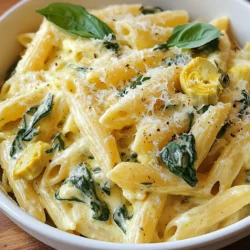 - Pasta: 8 oz penne pasta - Vegetables: - 1 tablespoon olive oil - 3 cloves garlic, minced - 1 can (14 oz) artichoke hearts, drained and chopped - 4 cups fresh spinach (or 1 cup frozen spinach, thawed and drained) - Dairy Products: - 1 cup cream cheese, softened - 1 cup heavy cream - 1 cup grated Parmesan cheese - Seasonings: - 1/2 teaspoon red pepper flakes (optional) - Salt and pepper to taste - Fresh basil or parsley for garnish (optional) I focus on fresh, simple ingredients to make this dish shine. The penne pasta forms the base, giving it a great texture. I love using artichokes for their unique flavor and creamy texture. Spinach adds color and nutrients, while the cream cheese and heavy cream create a rich sauce. The Parmesan cheese brings everything together with its salty goodness. Feel free to adjust the seasonings based on your taste. If you like a kick, add red pepper flakes. Fresh herbs like basil or parsley offer a lovely finish and fresh flavor. Use quality ingredients for the best results, and your creamy spinach artichoke pasta will be a hit! {{ingredient_image_1}} To cook the pasta, start by filling a large pot with water. Bring the water to a boil. Once it boils, add a pinch of salt. This step helps flavor the pasta. Add 8 oz of penne pasta into the pot. Cook it according to the package instructions, usually around 11-13 minutes, until it is al dente. When done, reserve 1 cup of the pasta water before draining the rest. Set the drained pasta aside. Now, let’s prepare the vegetables. In a large skillet, heat 1 tablespoon of olive oil over medium heat. Once the oil is warm, add 3 cloves of minced garlic. Sauté it for about 1 minute, or until it smells nice. Next, add the 14 oz of chopped artichoke hearts. Cook these for 2-3 minutes. After that, stir in 4 cups of fresh spinach or 1 cup of thawed frozen spinach. Cook the spinach until it wilts. If using frozen spinach, just heat it through. It’s time to make the sauce. Reduce the skillet heat to low. Add 1 cup of softened cream cheese and 1 cup of heavy cream to the pan. Stir until the mixture is smooth and creamy. If the sauce is too thick, gradually mix in the reserved pasta water until it reaches a nice, creamy consistency. Then, stir in 1 cup of grated Parmesan cheese. Season the sauce with salt, pepper, and 1/2 teaspoon of red pepper flakes if you like a little heat. Now, let’s bring it all together. Add the cooked penne pasta to the skillet with the creamy sauce. Toss the pasta in the sauce until it is evenly coated. Make sure all the pasta gets that rich, creamy goodness. To serve, plate the pasta in shallow bowls. For a nice touch, garnish with chopped fresh basil or parsley. This adds color and freshness to your dish. Enjoy your creamy spinach artichoke pasta! To make your creamy spinach artichoke pasta taste even better, try adding some extra seasonings. You can use garlic powder or onion powder for a deeper flavor. Fresh herbs, like thyme or oregano, can also bring a nice touch. Adjusting the spice level is another key step. If you like heat, add more red pepper flakes. Start with a small amount, then taste and add more if needed. This way, you can control how spicy you want your dish. Sautéing vegetables properly makes a big difference in taste. Heat your olive oil over medium heat before adding the garlic. This lets the garlic release its aroma without burning. Then, add the artichokes and spinach. Cook them just enough to soften while keeping their bright color. When it comes to the sauce, you may need to thin or thicken it. If your sauce is too thick, slowly add some pasta water. This helps you reach the creaminess you want. If it’s too thin, let it simmer a bit longer to thicken. The right serving dish can make your pasta look stunning. Use a large, shallow bowl to show off the creamy sauce and vibrant colors. For plating, try twirling the pasta with a fork for a fun look. Add a sprinkle of fresh basil or parsley on top for color. You can also drizzle a little olive oil for shine. These small touches make your dish stand out! Pro Tips Use Fresh Spinach: Fresh spinach provides a vibrant flavor and better texture compared to frozen. If using frozen, ensure it's fully thawed and drained to avoid excess water in your dish. Customize Your Cheese: Feel free to mix in other cheeses like mozzarella or goat cheese for a different flavor profile. Each cheese will give a unique twist to the creaminess of the sauce. Adjust the Heat: If you enjoy a kick, increase the amount of red pepper flakes or add a pinch of cayenne pepper. For a milder dish, simply omit the spices. Save Some Pasta Water: Always reserve some pasta water before draining. This starchy water can be used to adjust the sauce's consistency and help it adhere to the pasta better. {{image_2}} You can swap out regular pasta for gluten-free pasta. Look for options made from brown rice or chickpeas. These choices hold up well in the creamy sauce. For dairy-free alternatives, try using cashew cream or coconut milk. They bring a nice creaminess without dairy. For a heartier dish, add chicken or shrimp. Cook them in the skillet before adding the garlic. This will infuse the dish with more flavor. If you want a vegan option, consider adding lentils or chickpeas. They add great texture and protein. You can use other vegetables in this dish. Zucchini, kale, or bell peppers work well. Just chop them up and add them when cooking the garlic. You can also swap in seasonal ingredients. In summer, fresh tomatoes or asparagus are great. In fall, try butternut squash for a sweet twist. Store your creamy spinach artichoke pasta in the fridge. Use an airtight container for the best results. Make sure it cools down before sealing it. This helps keep the pasta fresh and tasty. To freeze, first let the pasta cool completely. Then, divide it into portions. Place the portions in freezer-safe bags. Try to remove as much air as you can to prevent freezer burn. When you’re ready to eat, take the pasta out of the freezer. Thaw it overnight in the fridge. You can also place the bag in cold water for a quicker thaw. Reheat in a skillet over low heat. You might need to add a splash of cream or water to bring back the creaminess. Leftovers can stay in the fridge for about 3 to 4 days. If frozen, they can last up to 2 months. Check for signs of spoilage before eating. If it smells off or looks strange, it’s best to toss it. Can I make this dish ahead of time? Yes, you can make this pasta dish ahead of time. Cook the pasta and sauce separately. When ready to serve, combine them in a pan over low heat. Add a splash of pasta water to help mix. How can I make it spicier or milder? To spice it up, add more red pepper flakes or diced jalapeños. For a milder dish, reduce the red pepper flakes or leave them out entirely. Taste as you go to find the right heat for you. Caloric content and macros One serving of creamy spinach artichoke pasta has about 500 calories. It contains 20 grams of fat, 60 grams of carbs, and 15 grams of protein. This dish is rich and filling. Health benefits of spinach and artichokes Spinach is packed with vitamins A, C, and K. It also has iron and calcium. Artichokes are high in fiber and antioxidants. Together, they boost health and taste great. What to pair with this pasta dish? This pasta pairs well with a light salad. A green salad with lemon dressing works well. Garlic bread is another tasty choice for dipping. Best wines or side dishes to complement the meal A crisp white wine like Sauvignon Blanc is a good match. It cuts through the creaminess. For side dishes, roasted vegetables or a fresh caprese salad are perfect. Enjoy exploring different pairings! This blog post shared a detailed guide to making creamy spinach artichoke pasta. We covered ingredients, step-by-step cooking instructions, and helpful tips. Remember, you can customize with different proteins or veggies. Storing leftovers properly is key to enjoying this meal later. Always check for spoilage before eating. With these simple steps, you can create a delicious dish everyone will love. Enjoy your cooking and feel free to experiment with flavors!
