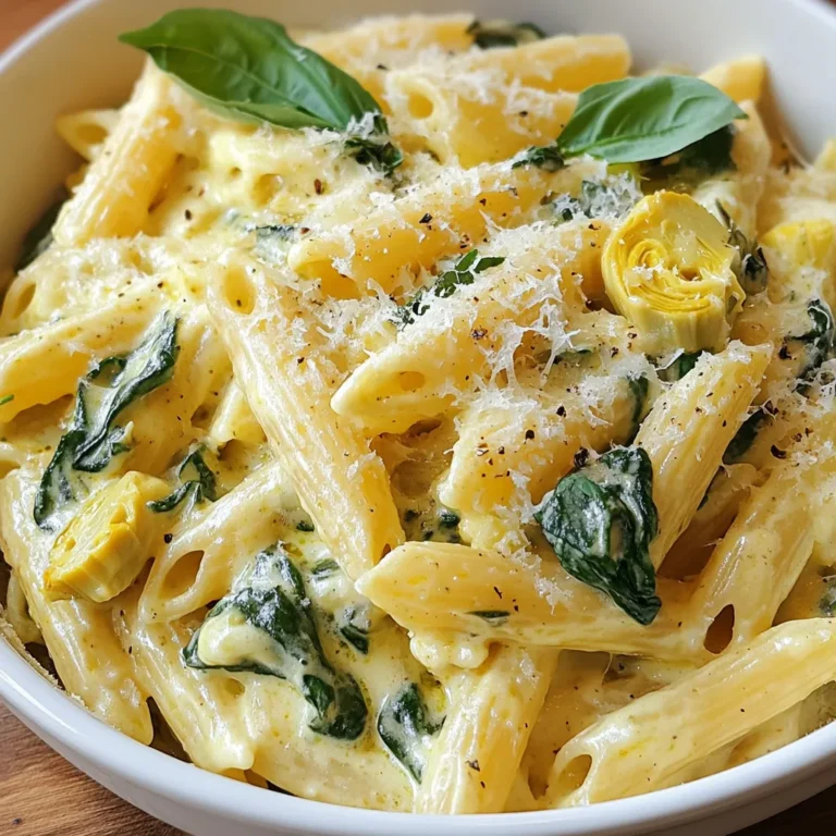 - Pasta: 8 oz penne pasta - Vegetables: - 1 tablespoon olive oil - 3 cloves garlic, minced - 1 can (14 oz) artichoke hearts, drained and chopped - 4 cups fresh spinach (or 1 cup frozen spinach, thawed and drained) - Dairy Products: - 1 cup cream cheese, softened - 1 cup heavy cream - 1 cup grated Parmesan cheese - Seasonings: - 1/2 teaspoon red pepper flakes (optional) - Salt and pepper to taste - Fresh basil or parsley for garnish (optional) I focus on fresh, simple ingredients to make this dish shine. The penne pasta forms the base, giving it a great texture. I love using artichokes for their unique flavor and creamy texture. Spinach adds color and nutrients, while the cream cheese and heavy cream create a rich sauce. The Parmesan cheese brings everything together with its salty goodness. Feel free to adjust the seasonings based on your taste. If you like a kick, add red pepper flakes. Fresh herbs like basil or parsley offer a lovely finish and fresh flavor. Use quality ingredients for the best results, and your creamy spinach artichoke pasta will be a hit! {{ingredient_image_1}} To cook the pasta, start by filling a large pot with water. Bring the water to a boil. Once it boils, add a pinch of salt. This step helps flavor the pasta. Add 8 oz of penne pasta into the pot. Cook it according to the package instructions, usually around 11-13 minutes, until it is al dente. When done, reserve 1 cup of the pasta water before draining the rest. Set the drained pasta aside. Now, let’s prepare the vegetables. In a large skillet, heat 1 tablespoon of olive oil over medium heat. Once the oil is warm, add 3 cloves of minced garlic. Sauté it for about 1 minute, or until it smells nice. Next, add the 14 oz of chopped artichoke hearts. Cook these for 2-3 minutes. After that, stir in 4 cups of fresh spinach or 1 cup of thawed frozen spinach. Cook the spinach until it wilts. If using frozen spinach, just heat it through. It’s time to make the sauce. Reduce the skillet heat to low. Add 1 cup of softened cream cheese and 1 cup of heavy cream to the pan. Stir until the mixture is smooth and creamy. If the sauce is too thick, gradually mix in the reserved pasta water until it reaches a nice, creamy consistency. Then, stir in 1 cup of grated Parmesan cheese. Season the sauce with salt, pepper, and 1/2 teaspoon of red pepper flakes if you like a little heat. Now, let’s bring it all together. Add the cooked penne pasta to the skillet with the creamy sauce. Toss the pasta in the sauce until it is evenly coated. Make sure all the pasta gets that rich, creamy goodness. To serve, plate the pasta in shallow bowls. For a nice touch, garnish with chopped fresh basil or parsley. This adds color and freshness to your dish. Enjoy your creamy spinach artichoke pasta! To make your creamy spinach artichoke pasta taste even better, try adding some extra seasonings. You can use garlic powder or onion powder for a deeper flavor. Fresh herbs, like thyme or oregano, can also bring a nice touch. Adjusting the spice level is another key step. If you like heat, add more red pepper flakes. Start with a small amount, then taste and add more if needed. This way, you can control how spicy you want your dish. Sautéing vegetables properly makes a big difference in taste. Heat your olive oil over medium heat before adding the garlic. This lets the garlic release its aroma without burning. Then, add the artichokes and spinach. Cook them just enough to soften while keeping their bright color. When it comes to the sauce, you may need to thin or thicken it. If your sauce is too thick, slowly add some pasta water. This helps you reach the creaminess you want. If it’s too thin, let it simmer a bit longer to thicken. The right serving dish can make your pasta look stunning. Use a large, shallow bowl to show off the creamy sauce and vibrant colors. For plating, try twirling the pasta with a fork for a fun look. Add a sprinkle of fresh basil or parsley on top for color. You can also drizzle a little olive oil for shine. These small touches make your dish stand out! Pro Tips Use Fresh Spinach: Fresh spinach provides a vibrant flavor and better texture compared to frozen. If using frozen, ensure it's fully thawed and drained to avoid excess water in your dish. Customize Your Cheese: Feel free to mix in other cheeses like mozzarella or goat cheese for a different flavor profile. Each cheese will give a unique twist to the creaminess of the sauce. Adjust the Heat: If you enjoy a kick, increase the amount of red pepper flakes or add a pinch of cayenne pepper. For a milder dish, simply omit the spices. Save Some Pasta Water: Always reserve some pasta water before draining. This starchy water can be used to adjust the sauce's consistency and help it adhere to the pasta better. {{image_2}} You can swap out regular pasta for gluten-free pasta. Look for options made from brown rice or chickpeas. These choices hold up well in the creamy sauce. For dairy-free alternatives, try using cashew cream or coconut milk. They bring a nice creaminess without dairy. For a heartier dish, add chicken or shrimp. Cook them in the skillet before adding the garlic. This will infuse the dish with more flavor. If you want a vegan option, consider adding lentils or chickpeas. They add great texture and protein. You can use other vegetables in this dish. Zucchini, kale, or bell peppers work well. Just chop them up and add them when cooking the garlic. You can also swap in seasonal ingredients. In summer, fresh tomatoes or asparagus are great. In fall, try butternut squash for a sweet twist. Store your creamy spinach artichoke pasta in the fridge. Use an airtight container for the best results. Make sure it cools down before sealing it. This helps keep the pasta fresh and tasty. To freeze, first let the pasta cool completely. Then, divide it into portions. Place the portions in freezer-safe bags. Try to remove as much air as you can to prevent freezer burn. When you’re ready to eat, take the pasta out of the freezer. Thaw it overnight in the fridge. You can also place the bag in cold water for a quicker thaw. Reheat in a skillet over low heat. You might need to add a splash of cream or water to bring back the creaminess. Leftovers can stay in the fridge for about 3 to 4 days. If frozen, they can last up to 2 months. Check for signs of spoilage before eating. If it smells off or looks strange, it’s best to toss it. Can I make this dish ahead of time? Yes, you can make this pasta dish ahead of time. Cook the pasta and sauce separately. When ready to serve, combine them in a pan over low heat. Add a splash of pasta water to help mix. How can I make it spicier or milder? To spice it up, add more red pepper flakes or diced jalapeños. For a milder dish, reduce the red pepper flakes or leave them out entirely. Taste as you go to find the right heat for you. Caloric content and macros One serving of creamy spinach artichoke pasta has about 500 calories. It contains 20 grams of fat, 60 grams of carbs, and 15 grams of protein. This dish is rich and filling. Health benefits of spinach and artichokes Spinach is packed with vitamins A, C, and K. It also has iron and calcium. Artichokes are high in fiber and antioxidants. Together, they boost health and taste great. What to pair with this pasta dish? This pasta pairs well with a light salad. A green salad with lemon dressing works well. Garlic bread is another tasty choice for dipping. Best wines or side dishes to complement the meal A crisp white wine like Sauvignon Blanc is a good match. It cuts through the creaminess. For side dishes, roasted vegetables or a fresh caprese salad are perfect. Enjoy exploring different pairings! This blog post shared a detailed guide to making creamy spinach artichoke pasta. We covered ingredients, step-by-step cooking instructions, and helpful tips. Remember, you can customize with different proteins or veggies. Storing leftovers properly is key to enjoying this meal later. Always check for spoilage before eating. With these simple steps, you can create a delicious dish everyone will love. Enjoy your cooking and feel free to experiment with flavors!
