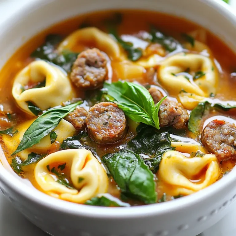 - 8 ounces Italian sausage - 1 medium onion, diced - 3 cloves garlic, minced - 4 cups chicken broth - 1 can (14.5 ounces) diced tomatoes, with juices - 2 cups fresh spinach - 1 package (9 ounces) cheese tortellini - 1 teaspoon dried Italian seasoning - 1/2 teaspoon crushed red pepper flakes (optional) - Salt and pepper to taste - 2 tablespoons olive oil - Fresh basil, for garnish Gather these ingredients before you start cooking. This will make the process smooth and fun. The Italian sausage gives the soup a rich flavor. You can choose mild or spicy sausage based on your taste. The onion and garlic add a sweet aroma that fills your kitchen. Chicken broth makes the soup warm and comforting. Diced tomatoes add a hint of sweetness and acidity. Fresh spinach brings a pop of color and nutrients. Cheese tortellini are small pasta pockets filled with cheese, making the soup hearty. You can add crushed red pepper flakes for a little heat. Adjust salt and pepper to make the soup just right for you. Olive oil helps sauté the onion and garlic to perfection. Finally, fresh basil adds an aromatic touch when you serve the soup. With these ingredients, you create a dish that warms the soul. Enjoy the process of cooking and the delicious results! {{ingredient_image_1}} 1. In a large pot, heat 2 tablespoons of olive oil over medium heat. 2. Add 1 medium diced onion and sauté until it's soft and translucent, about 5 minutes. 3. Stir in 3 cloves of minced garlic and cook for 1 more minute. This adds great flavor. 4. Remove the casing from 8 ounces of Italian sausage. Add it to the pot. 5. Use a wooden spoon to break the sausage apart, cooking until it is brown, about 5-7 minutes. 1. Pour in 4 cups of chicken broth and 1 can (14.5 ounces) of diced tomatoes with juices into the pot. 2. Stir in 1 teaspoon of dried Italian seasoning, and if you like heat, add 1/2 teaspoon of crushed red pepper flakes. 3. Season with salt and pepper to taste. 4. Bring the mixture to a boil, then reduce the heat to a gentle simmer. 5. Let it simmer for 10 minutes. This helps the flavors blend nicely. 1. Add 1 package (9 ounces) of cheese tortellini to the pot. Cook according to the package instructions, about 3-5 minutes until tender. 2. Stir in 2 cups of fresh spinach and cook for another 2-3 minutes until it wilts. 3. Taste the soup and adjust the seasoning if needed. 4. Serve the soup hot, and don't forget to garnish with fresh basil for that perfect touch. To make your Sausage Tortellini Soup shine, taste and adjust the seasoning. You want each bite to sing with flavor. Start with salt and pepper. If you like heat, add crushed red pepper flakes. A little goes a long way, so add a pinch and taste again. Adjust until you find the right balance for you. When you sauté the sausage, break it apart with a spoon. This helps it brown evenly. Cook it until it is no longer pink. It usually takes about 5 to 7 minutes. To keep the tortellini from becoming mushy, add them to the pot last. Follow the package's cooking time closely. Usually, it’s just 3 to 5 minutes. Stir gently to avoid breaking them apart. For a nice presentation, serve the soup in warm bowls. Top each bowl with fresh basil leaves. This adds color and a wonderful aroma. Pair your soup with crusty bread. It’s perfect for dipping. The bread soaks up the soup's rich flavor. Enjoy every bite! Pro Tips Choose Your Sausage Wisely: Opt for high-quality Italian sausage for the best flavor. You can mix mild and spicy sausages for a balanced heat level. Fresh Ingredients Matter: Use fresh spinach and high-quality canned tomatoes for a brighter, more vibrant soup. Don’t Overcook the Tortellini: Follow the package instructions closely to ensure your tortellini are cooked perfectly and maintain their texture. Enhance the Flavor: Add a splash of balsamic vinegar or a squeeze of lemon juice before serving for an added depth of flavor. {{image_2}} You can switch out the Italian sausage for turkey sausage if you want a leaner option. Turkey sausage has a similar taste and keeps the soup hearty. If you prefer a vegetarian option, try using plant-based sausage or mushrooms. Both add flavor and texture. If you need a dairy-free choice, look for dairy-free tortellini. Many brands offer great alternatives made from chickpeas or lentils. They will fit well in the soup and keep it delicious. Using fresh herbs can make a big difference. Try basil, parsley, or oregano instead of dried herbs. Fresh herbs add bright flavors and make the soup taste fresh. You can also experiment with new spices. A pinch of smoked paprika or cumin can add a unique twist to your soup. If you want a creamier soup, add a splash of heavy cream or coconut milk. This will give the soup a rich texture. You can also blend a portion of the soup for a thicker consistency. Adding more vegetables can change the texture, too. Carrots, zucchini, or bell peppers can make the soup even more hearty. Just chop them small and add them when you simmer the broth. To keep your Sausage Tortellini Soup fresh, store it in the fridge. Place it in an airtight container. This helps prevent odors from other foods. Let the soup cool down before sealing it. You can keep it for up to three days. When reheating, do it slowly on the stove. This method keeps the flavors strong. You can also use the microwave. If you do, heat it in short bursts. Stir it in between to warm evenly. If you want to save some for later, freezing is a great option. First, let the soup cool completely. Then, pour it into freezer-safe containers. Use containers made from glass or heavy-duty plastic. Avoid using regular plastic bags, as they can leak. For best results, leave some space at the top. This allows for expansion when it freezes. To thaw, move the container to the fridge a day before you need it. You can also use the microwave for quick thawing. Sausage Tortellini Soup can last in the fridge for up to three days. If you freeze it, it can stay good for about three months. Always check for signs of spoilage. Look for a change in smell or color. If it smells sour or has an off color, it is best to throw it away. Making Sausage Tortellini Soup takes about 30 minutes. You'll spend around 10 minutes prepping your ingredients. Cooking takes about 20 minutes. This quick meal fits well into busy days. Yes, you can make this soup ahead of time. Prepare the soup and cool it down. Store it in the fridge for up to three days. To reheat, warm it on the stove over low heat. Add a splash of broth if it thickens. You can boost the nutrition of your soup easily. Here are some great options: - Kale: Adds vitamins and fiber. - Carrots: Sweetens the soup and adds crunch. - Zucchini: Adds moisture and mild flavor. - Bell peppers: Brings color and vitamins. Sausage Tortellini Soup can be made gluten-free. Look for gluten-free tortellini at your store. You can also use gluten-free pasta if needed. Check other ingredients like broth for hidden gluten. Enjoy this comforting soup without worry! This blog post guides you through making delicious Sausage Tortellini Soup. You learned about the key ingredients, step-by-step instructions, and helpful tips. I shared variations to customize the recipe to your taste. Storing and reheating advice ensures your soup stays fresh. Final thoughts: this soup is easy, warm, and satisfying. Enjoy crafting your own version, and watch it become a favorite!