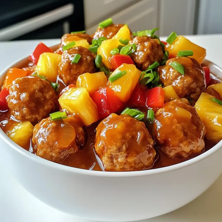 - 1 lb ground beef - 1/2 cup breadcrumbs - 1/4 cup grated Parmesan cheese - 1 cup pineapple chunks - 1 cup sweet and sour sauce - 2 cloves garlic - 1 teaspoon onion powder - 2 tablespoons green onions - 2 tablespoons soy sauce - 1 tablespoon cornstarch - 1 cup bell peppers (red and yellow) Gather these ingredients for a tasty dish. Ground beef forms the base of our meatballs. Breadcrumbs and Parmesan add texture and flavor. Pineapple chunks bring sweetness, while sweet and sour sauce ties it all together. Garlic and onion powder give a nice kick. Use green onions as a fresh garnish. Soy sauce enhances the flavor, making it rich. If you want a thicker sauce, add cornstarch. Bell peppers add color and crunch but are optional. This combination makes a fun meal for everyone. Feel free to mix and match according to your taste! - Combine these ingredients in a bowl: - 1 lb ground beef - 1/2 cup breadcrumbs - 1/4 cup grated Parmesan cheese - 1 egg - 2 cloves garlic, minced - 1 teaspoon onion powder - 1 teaspoon salt - 1/2 teaspoon black pepper Mix them until fully blended. You want a nice, smooth mixture. - Form meatballs about 1 inch in diameter. You will make around 20 to 24 meatballs. - Layer the meatballs in the bottom of the slow cooker. Make sure they are close but not touching. - Mix these sauce ingredients in a bowl: - 1 cup sweet and sour sauce - 2 tablespoons soy sauce - 1 tablespoon cornstarch (optional) Stir well to dissolve the cornstarch if you use it. - Pour the sauce over the meatballs. Ensure every meatball gets coated in the sauce. - Add these ingredients on top: - 1 cup pineapple chunks - 1 cup chopped bell peppers These will add flavor and texture. - Cover and set the slow cooker to low for 4-5 hours or high for 2-3 hours. Cook until the meatballs are tender and fully cooked. - If you want, stir gently in the last 30 minutes. This helps blend the flavors. Serve these meatballs over rice or noodles and sprinkle with chopped green onions for a nice finish! To ensure even cooking, make your meatballs the same size. I recommend about 1 inch in diameter. This size helps them cook evenly and stay juicy. When you form the meatballs, do not pack them too tightly. A light hand keeps them tender. You can adjust the sweetness and tanginess of the sauce. If you want it sweeter, add a bit of honey or brown sugar. For more tang, squeeze in some lime juice or vinegar. Both options enhance the flavor. You can also choose between homemade and store-bought sauces. Homemade sauce gives you control over the taste. Store-bought saves time and is still tasty. The best side dishes include steamed rice or noodles. Both soak up the sauce well. You can also serve these meatballs with a fresh salad for a nice crunch. Garnishing with chopped green onions adds color and flavor. You can sprinkle them right before serving for a fresh touch. {{image_2}} You can swap out ground beef for turkey or chicken. These meats are leaner. They still taste great in this dish. Just keep the same seasonings. You can also use vegetarian meatballs. Many brands offer tasty options made from plants. These work well with the sweet and sour sauce, too. Want some heat? Add spices like red pepper flakes or sriracha. This gives the dish a nice kick. You can also try different sweet and sour sauces. Many stores sell various brands. Each sauce has its unique flavor. Experiment to find what you like best! Mix it up by using different vegetables. You might add carrots or snap peas for color and crunch. If you're gluten-free, use tamari instead of soy sauce. It has a similar taste and works well in the sauce. These swaps can make the dish fit your diet needs while keeping it tasty. To keep your sweet and sour meatballs fresh, store them in an airtight container. Place them in the fridge within two hours of cooking. This helps prevent bacteria growth. Make sure to add some sauce to keep the meatballs moist. For longer storage, you can freeze them. Just separate them in freezer-safe bags. This keeps them easy to thaw later. When you reheat meatballs, you can use the stovetop or microwave. For the stovetop, heat a pan over medium heat. Add a splash of water or sauce to keep them moist. Stir gently until warmed through. For the microwave, place the meatballs in a bowl. Cover them with a damp paper towel. Heat in short bursts, stirring in between to avoid overcooking. This helps keep the meatball texture nice and tender. Leftover meatballs last about three to four days in the fridge. Always check for any off smells or changes in color. If you freeze them, they can last up to three months. Just label the bags with the date. This way, you will know when to use them. You can use different types of meat for the meatballs. Here are some options: - Ground beef: This is the classic choice. It gives great flavor and texture. - Ground turkey: A leaner option that still tastes good. It's lower in fat. - Vegetarian alternatives: Use plant-based ground meat or lentils for a meat-free option. Yes, you can cook sweet and sour meatballs using other methods. Here are some alternatives: - Stovetop: Brown the meatballs in a skillet. Then, add the sauce and simmer until cooked. - Oven: Bake the meatballs on a tray, then pour the sauce over them. Bake until heated through. To check if the meatballs are done, look for these signs: - The meatballs should be firm to the touch. - Cut one open; it should no longer be pink inside. - Use a meat thermometer; the internal temperature should reach 160°F (71°C). To wrap up, we covered everything you need to make sweet and sour meatballs. We looked at key ingredients like ground beef, pineapple chunks, and seasonings. The step-by-step cooking guide makes it easy. I shared tips for perfect meatballs and ways to customize your sauce. You can even explore different proteins and adjust your ingredients for a unique twist. Use these insights to create a delicious meal everyone will love. Enjoy your cooking!
