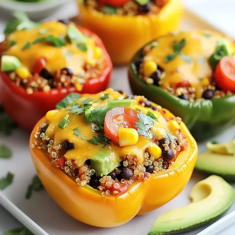 - 4 large bell peppers (red, yellow, or green) - 1 cup quinoa, rinsed and drained - 2 cups vegetable broth - 1 can (15 oz) black beans, rinsed and drained - 1 cup corn kernels (fresh or frozen) - 1 cup cherry tomatoes, halved - 1 teaspoon cumin - 1 teaspoon smoked paprika - 1 teaspoon garlic powder - 1 teaspoon chili powder - Salt and pepper, to taste - 1 cup shredded cheddar cheese (or a vegan alternative) - Fresh cilantro, chopped for garnish - 1 avocado, sliced for serving (optional) Each stuffed pepper is packed with nutrients. You get about: - 300 calories - 12 grams of protein - 15 grams of fiber - 6 grams of fat This dish gives you a good balance of carbs, protein, and healthy fats. Want to switch things up? Here are some ideas: - For a vegan option, use a plant-based cheese. - You can swap quinoa for brown rice or farro. - Add ground turkey or beef for extra protein. - Use diced zucchini or spinach instead of corn. These swaps can help you tailor the dish to your taste and dietary needs. {{ingredient_image_1}} Start by preheating your oven to 375°F (190°C). Take your bell peppers and cut off the tops. Remove the seeds and membranes inside. Place the empty peppers upright in a baking dish. This will hold them steady while baking. In a medium pot, combine 1 cup of rinsed quinoa with 2 cups of vegetable broth. Bring the mixture to a boil. Once boiling, reduce the heat to low, cover, and simmer for about 15 minutes. The quinoa should be fluffy and fully cooked. In a large mixing bowl, combine the cooked quinoa with black beans, corn, cherry tomatoes, cumin, smoked paprika, garlic powder, chili powder, salt, and pepper. Stir well until all the ingredients blend together nicely. This mix is where all the flavors come alive! Spoon the quinoa filling into each of the hollowed peppers. Pack it in gently to fit. Top each pepper with shredded cheese. Cover the baking dish with foil and bake for 25 minutes. Remove the foil and bake for an extra 10 minutes until the cheese is melted and bubbly. Allow the peppers to cool for a few minutes before serving. You can garnish them with fresh cilantro and serve with avocado slices, if you like. Enjoy your tasty, nutritious meal! When picking bell peppers, look for ones that are firm and shiny. Avoid any with soft spots or wrinkles. Color matters too! Red, yellow, and orange peppers taste sweeter than green ones. Choose based on your flavor preference. Fresh peppers will hold their shape better during cooking. To make your quinoa fluffier, rinse it well under cold water. This removes any bitter coating. Use two cups of vegetable broth for each cup of quinoa. This adds flavor and moisture. After cooking, let it sit covered for five minutes. Then, fluff it with a fork. This technique helps separate the grains nicely. These stuffed peppers are great on their own, but you can add sides. Try a simple green salad for freshness. Serve with guacamole for a creamy touch. You can also pair them with tortilla chips for crunch. Don't forget to sprinkle some extra cilantro on top for color and flavor! Pro Tips Choose Colorful Peppers: Selecting a mix of red, yellow, and green bell peppers not only enhances the visual appeal of your dish but also adds subtle flavor variations. Perfectly Cooked Quinoa: To achieve fluffy quinoa, make sure to rinse it well before cooking to remove any bitterness from saponins, and let it rest covered for a few minutes after cooking. Customize the Filling: Feel free to add other ingredients like diced zucchini, spinach, or even cooked ground meat for extra protein and flavor. Make Ahead: You can prepare the stuffed peppers a day in advance and store them in the refrigerator, then simply bake them when you're ready to serve. {{image_2}} You can add meat to your Tex-Mex quinoa stuffed peppers for more flavor and protein. Ground turkey or chicken works great. Just cook the meat before mixing it with the quinoa and veggies. You can also use shredded beef or pork for a heartier meal. These options make the dish even more filling and delicious. Just remember to season the meat well to enhance the overall taste. If you want to switch things up, you can use other grains. Rice is a classic alternative. Brown rice adds a nutty flavor and chewy texture. Farro also makes a great choice. It has a firm bite and rich taste. You can even try couscous for a quick option. Just cook the grain according to package instructions before mixing it with your peppers. Each grain brings a unique twist to the dish. To make this dish vegan, you can skip the cheese or use a vegan cheese substitute. Nutritional yeast is a great option for a cheesy flavor without dairy. For gluten-free eaters, this recipe is already safe since quinoa is gluten-free. Just make sure any broth you use is also gluten-free. You can also add more veggies like zucchini or spinach for extra nutrients. These simple changes keep the dish tasty and inclusive for all diets. To keep your Tex-Mex quinoa stuffed peppers fresh, let them cool first. Place them in an airtight container. Store them in the fridge for up to four days. This helps to keep the flavors intact. When you are ready to eat leftovers, preheat your oven to 350°F (175°C). Place the stuffed peppers in a baking dish. Cover them with foil to prevent drying out. Heat for about 15-20 minutes until warm. You can also use a microwave for quick reheating. Just heat them for 2-3 minutes. If you want to freeze the stuffed peppers, wrap each one tightly in plastic wrap. Then, place them in a freezer-safe bag. They can last up to three months in the freezer. To thaw, move them to the fridge overnight. Reheat as mentioned above. This way, you will always have a tasty meal ready! Yes, you can make Tex-Mex Quinoa Stuffed Peppers ahead of time. Prepare the filling and stuff the peppers. Cover them and store in the fridge for up to 24 hours. When you're ready, bake them as directed. This saves time on busy days and keeps meals fun. I love using shredded cheddar cheese for this recipe. It melts well and adds great flavor. However, you can also try Monterey Jack or a vegan cheese if you prefer. Each option gives a tasty twist to the dish. To add heat, include diced jalapeños or a few dashes of hot sauce in the filling. You can also use pepper jack cheese instead of cheddar. Adjusting the chili powder can also bump up the spice level. Enjoy experimenting with flavors! We explored how to make delicious Tex-Mex quinoa stuffed peppers. You learned the key ingredients, like quinoa and bell peppers, and their nutrition. You saw step-by-step instructions for prepping and cooking. I shared tips on picking the best peppers and ways to store leftovers. Cooking offers room for creativity. Feel free to use different grains or spices. Making healthy meals can be fun and simple. Enjoy your cooking and explore new flavors!