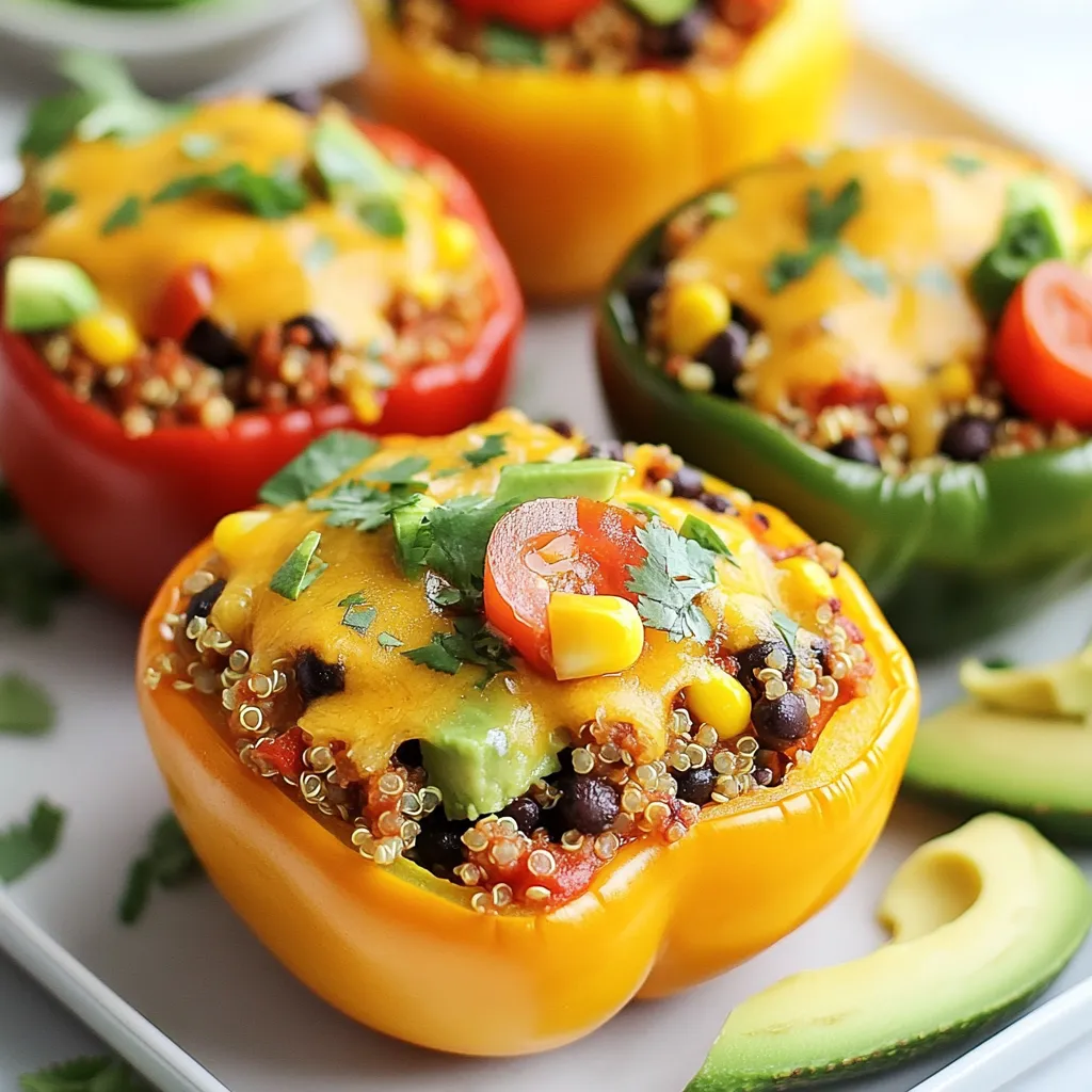 - 4 large bell peppers (red, yellow, or green) - 1 cup quinoa, rinsed and drained - 2 cups vegetable broth - 1 can (15 oz) black beans, rinsed and drained - 1 cup corn kernels (fresh or frozen) - 1 cup cherry tomatoes, halved - 1 teaspoon cumin - 1 teaspoon smoked paprika - 1 teaspoon garlic powder - 1 teaspoon chili powder - Salt and pepper, to taste - 1 cup shredded cheddar cheese (or a vegan alternative) - Fresh cilantro, chopped for garnish - 1 avocado, sliced for serving (optional) Each stuffed pepper is packed with nutrients. You get about: - 300 calories - 12 grams of protein - 15 grams of fiber - 6 grams of fat This dish gives you a good balance of carbs, protein, and healthy fats. Want to switch things up? Here are some ideas: - For a vegan option, use a plant-based cheese. - You can swap quinoa for brown rice or farro. - Add ground turkey or beef for extra protein. - Use diced zucchini or spinach instead of corn. These swaps can help you tailor the dish to your taste and dietary needs. {{ingredient_image_1}} Start by preheating your oven to 375°F (190°C). Take your bell peppers and cut off the tops. Remove the seeds and membranes inside. Place the empty peppers upright in a baking dish. This will hold them steady while baking. In a medium pot, combine 1 cup of rinsed quinoa with 2 cups of vegetable broth. Bring the mixture to a boil. Once boiling, reduce the heat to low, cover, and simmer for about 15 minutes. The quinoa should be fluffy and fully cooked. In a large mixing bowl, combine the cooked quinoa with black beans, corn, cherry tomatoes, cumin, smoked paprika, garlic powder, chili powder, salt, and pepper. Stir well until all the ingredients blend together nicely. This mix is where all the flavors come alive! Spoon the quinoa filling into each of the hollowed peppers. Pack it in gently to fit. Top each pepper with shredded cheese. Cover the baking dish with foil and bake for 25 minutes. Remove the foil and bake for an extra 10 minutes until the cheese is melted and bubbly. Allow the peppers to cool for a few minutes before serving. You can garnish them with fresh cilantro and serve with avocado slices, if you like. Enjoy your tasty, nutritious meal! When picking bell peppers, look for ones that are firm and shiny. Avoid any with soft spots or wrinkles. Color matters too! Red, yellow, and orange peppers taste sweeter than green ones. Choose based on your flavor preference. Fresh peppers will hold their shape better during cooking. To make your quinoa fluffier, rinse it well under cold water. This removes any bitter coating. Use two cups of vegetable broth for each cup of quinoa. This adds flavor and moisture. After cooking, let it sit covered for five minutes. Then, fluff it with a fork. This technique helps separate the grains nicely. These stuffed peppers are great on their own, but you can add sides. Try a simple green salad for freshness. Serve with guacamole for a creamy touch. You can also pair them with tortilla chips for crunch. Don't forget to sprinkle some extra cilantro on top for color and flavor! Pro Tips Choose Colorful Peppers: Selecting a mix of red, yellow, and green bell peppers not only enhances the visual appeal of your dish but also adds subtle flavor variations. Perfectly Cooked Quinoa: To achieve fluffy quinoa, make sure to rinse it well before cooking to remove any bitterness from saponins, and let it rest covered for a few minutes after cooking. Customize the Filling: Feel free to add other ingredients like diced zucchini, spinach, or even cooked ground meat for extra protein and flavor. Make Ahead: You can prepare the stuffed peppers a day in advance and store them in the refrigerator, then simply bake them when you're ready to serve. {{image_2}} You can add meat to your Tex-Mex quinoa stuffed peppers for more flavor and protein. Ground turkey or chicken works great. Just cook the meat before mixing it with the quinoa and veggies. You can also use shredded beef or pork for a heartier meal. These options make the dish even more filling and delicious. Just remember to season the meat well to enhance the overall taste. If you want to switch things up, you can use other grains. Rice is a classic alternative. Brown rice adds a nutty flavor and chewy texture. Farro also makes a great choice. It has a firm bite and rich taste. You can even try couscous for a quick option. Just cook the grain according to package instructions before mixing it with your peppers. Each grain brings a unique twist to the dish. To make this dish vegan, you can skip the cheese or use a vegan cheese substitute. Nutritional yeast is a great option for a cheesy flavor without dairy. For gluten-free eaters, this recipe is already safe since quinoa is gluten-free. Just make sure any broth you use is also gluten-free. You can also add more veggies like zucchini or spinach for extra nutrients. These simple changes keep the dish tasty and inclusive for all diets. To keep your Tex-Mex quinoa stuffed peppers fresh, let them cool first. Place them in an airtight container. Store them in the fridge for up to four days. This helps to keep the flavors intact. When you are ready to eat leftovers, preheat your oven to 350°F (175°C). Place the stuffed peppers in a baking dish. Cover them with foil to prevent drying out. Heat for about 15-20 minutes until warm. You can also use a microwave for quick reheating. Just heat them for 2-3 minutes. If you want to freeze the stuffed peppers, wrap each one tightly in plastic wrap. Then, place them in a freezer-safe bag. They can last up to three months in the freezer. To thaw, move them to the fridge overnight. Reheat as mentioned above. This way, you will always have a tasty meal ready! Yes, you can make Tex-Mex Quinoa Stuffed Peppers ahead of time. Prepare the filling and stuff the peppers. Cover them and store in the fridge for up to 24 hours. When you're ready, bake them as directed. This saves time on busy days and keeps meals fun. I love using shredded cheddar cheese for this recipe. It melts well and adds great flavor. However, you can also try Monterey Jack or a vegan cheese if you prefer. Each option gives a tasty twist to the dish. To add heat, include diced jalapeños or a few dashes of hot sauce in the filling. You can also use pepper jack cheese instead of cheddar. Adjusting the chili powder can also bump up the spice level. Enjoy experimenting with flavors! We explored how to make delicious Tex-Mex quinoa stuffed peppers. You learned the key ingredients, like quinoa and bell peppers, and their nutrition. You saw step-by-step instructions for prepping and cooking. I shared tips on picking the best peppers and ways to store leftovers. Cooking offers room for creativity. Feel free to use different grains or spices. Making healthy meals can be fun and simple. Enjoy your cooking and explore new flavors!