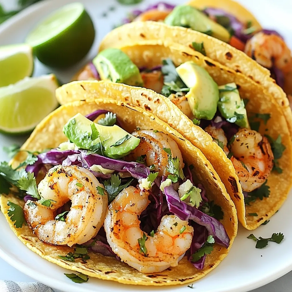 - 1 pound large shrimp, peeled and deveined - 2 tablespoons olive oil - 2 cloves garlic, minced - Zest and juice of 2 limes - 1/4 cup fresh cilantro, chopped - 1 teaspoon ground cumin - 1/2 teaspoon chili powder - Salt and pepper to taste - 8 small corn tortillas - 1 cup red cabbage, shredded - 1 avocado, sliced - Lime wedges for serving To measure ingredients accurately, use dry measuring cups for solids. For liquids, use a liquid measuring cup. When measuring spices, level the spoon for an exact amount. This helps keep flavors balanced. If you can't find shrimp, try using chicken or fish. Both options work well when marinated. For herbs, swap cilantro with parsley or basil. These will add different flavors to your tacos, keeping it fun! {{ingredient_image_1}} To marinate the shrimp, grab a mixing bowl. Add 2 tablespoons of olive oil, 2 minced garlic cloves, lime zest, lime juice, chopped cilantro, cumin, chili powder, salt, and pepper. Mix it well. Then, add the shrimp and coat each piece. Let it sit for at least 15 minutes. This resting time helps the flavors blend and soak into the shrimp. Heat a skillet over medium-high heat. Once hot, add the marinated shrimp. Cook them for 2-3 minutes on each side. You’ll know they are ready when they turn pink and opaque. Avoid overcrowding the pan to ensure even cooking. Warm the corn tortillas in another skillet over low heat. You can also wrap them in foil and place them in the oven. This makes them soft and pliable. Warming them gently adds flavor and improves texture. Now it’s time to build your tacos! Start with a warm tortilla. Place a few shrimp in the center. Next, add a handful of shredded red cabbage for crunch. Finally, top it with slices of avocado. Don’t forget to serve with lime wedges for a zesty kick! When you choose shrimp, fresh is often best. Fresh shrimp should smell like the ocean and feel firm. Look for shrimp with a glossy shell and no dark spots. If you pick frozen shrimp, buy raw, not cooked. The size matters too. Large shrimp, about 16-20 per pound, work great for tacos. They stay juicy and tender while cooking. You can make these tacos even better with some extra spices. Try adding smoked paprika or cayenne for heat. You can also mix in a bit of lime zest for a pop of flavor. For toppings, consider adding diced tomatoes or jalapeños for extra crunch. Fresh lime juice drizzled on top adds brightness and zing. Pair these tacos with a refreshing drink. A chilled margarita or a light beer complements the flavors well. For sides, serve a simple salad with lime vinaigrette. Chips with salsa or guacamole are also great choices. You can even add black beans for a hearty side dish. Enjoy your meal with friends for a fun gathering. Pro Tips Tip Title: Marinate Longer for More Flavor: If time allows, marinate the shrimp for 30 minutes to an hour for a deeper flavor infusion. Tip Title: Use Fresh Lime Juice: Always opt for fresh lime juice over bottled for the best flavor; it makes a noticeable difference in your tacos. Tip Title: Don't Overcook the Shrimp: Keep an eye on the shrimp while cooking; they only need 2-3 minutes per side and should be removed from heat as soon as they turn pink. Tip Title: Add Extra Toppings: Consider topping with diced tomatoes, jalapeños, or a drizzle of sour cream for added freshness and flavor complexity. {{image_2}} You can swap shrimp for chicken or fish. Chicken adds a nice flavor. Use boneless, skinless chicken thighs for juiciness. Fish, like tilapia or cod, works well, too. Cook the same way as shrimp. If you prefer a vegetarian option, try grilled vegetables or tofu. Use the same marinade for flavor. You can choose between soft and crispy tacos. Soft corn tortillas are easy to fold. Crispy tacos add a nice crunch. To make crispy tacos, bake or fry the tortillas until golden. For toppings, get creative! Try mango salsa, pickled onions, or jalapeños. Each adds a unique touch to your meal. Adjust the spice level with different peppers. Jalapeños add a mild kick. For more heat, use serrano or habanero peppers. You can also make homemade spicy sauces. Blend chili powder with yogurt or sour cream for a creamy dip. This lets you control the heat and flavor to your liking. For short-term storage, refrigerate your leftover tacos in an airtight container. Keep the shrimp and toppings separate to avoid sogginess. Use them within 2 days for the best taste. To store cooked shrimp for longer, freeze them in a sealed bag. Remove as much air as possible. You can also freeze taco components like shredded cabbage in a separate bag. When ready to eat, thaw shrimp overnight in the fridge. Reheat in a skillet for 5 minutes on medium heat. To keep your tortillas soft, wrap them in a damp paper towel before refrigerating. When warming them, use low heat to prevent them from drying out. For toppings, store shredded cabbage and avocado in separate containers. This keeps them crisp and fresh. You can tell shrimp are cooked by their color and texture. Cooked shrimp turn pink and opaque. They should feel firm but not rubbery. This usually takes 2-3 minutes on each side. If you see them curl up tightly, they are done. Yes, you can prepare some parts ahead of time. Marinate the shrimp a few hours before cooking. You can also shred the cabbage and slice the avocado early. Just store these in the fridge. Warm the tortillas just before serving for the best taste. You can get creative with toppings. Try adding diced tomatoes, jalapeños, or sour cream. Fresh salsa or mango salsa adds a nice touch too. You can also sprinkle some cheese on top for extra flavor. Yes, these tacos can be healthy. Shrimp are low in calories and high in protein. Avocado offers healthy fats, while cabbage adds fiber. Using corn tortillas keeps it gluten-free. Just watch the amount of oil and sauces used to keep it light. This blog post covered all the essentials for making cilantro lime shrimp tacos. We explored key ingredients, cooking instructions, and tips for perfecting your tacos. Remember, you can substitute shrimp if needed and customize the flavors to match your taste. Don't forget to store leftovers properly to keep them fresh. Overall, these tacos offer a fun and tasty meal option. Enjoy the process, be creative, and have fun with your food!