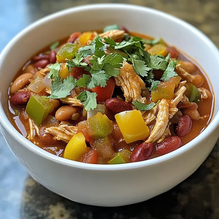 To make this low carb crockpot chicken chili, gather these ingredients: - 1.5 lbs boneless, skinless chicken breasts - 1 green bell pepper, diced - 1 yellow bell pepper, diced - 1 small onion, chopped - 3 cloves garlic, minced - 1 can (14 oz) diced tomatoes (with juice) - 1 can (15 oz) kidney beans, drained and rinsed - 2 cups chicken broth - 1 tablespoon chili powder - 1 teaspoon cumin - 1 teaspoon smoked paprika - Salt and pepper to taste - 1 cup corn (optional for a touch of sweetness) - Fresh cilantro for garnish This mix creates a tasty and hearty meal. The chicken acts as the main protein. The bell peppers, onion, and garlic add fresh flavor and crunch. Diced tomatoes and chicken broth create a rich base. Beans add a nice texture, while spices bring warmth. Each serving gives you a great balance of nutrients: - Calories: 280 - Protein: 30g - Fat: 5g - Carbohydrates: 20g - Fiber: 6g This dish is low in carbs, making it perfect for those watching their intake. It packs protein, which keeps you full and energized. You can easily adjust this recipe. Here are some ideas: - For a vegan option, swap chicken for chickpeas or tofu. - If you're gluten-free, check the broth and canned goods for gluten-free labels. - For a spicier kick, add chopped jalapeños or a splash of hot sauce. These substitutions help cater to different diets while keeping the chili delicious. You can customize it to fit your taste and needs. {{ingredient_image_1}} Start by placing 1.5 lbs of boneless, skinless chicken breasts in the bottom of the crockpot. Season both sides with salt and pepper. Next, add 1 tablespoon of chili powder, 1 teaspoon of cumin, and 1 teaspoon of smoked paprika. This gives your chicken a tasty kick. Now, it’s time to add the veggies. Dice 1 green bell pepper and 1 yellow bell pepper, then toss them on top of the chicken. Chop 1 small onion and mince 3 cloves of garlic. Add these to the pot as well. This mix adds great flavor and color. Pour in 1 can of diced tomatoes with juice and 2 cups of chicken broth. If you want a hint of sweetness, stir in 1 cup of corn. This step adds depth and texture to your dish. Cover the crockpot and set it to low for 6-8 hours or high for 3-4 hours. Cooking low and slow helps all the flavors blend nicely and makes the chicken tender. About 30 minutes before it's done, take out the chicken and shred it using two forks. Return the shredded chicken to the chili and stir well. Taste your chili and adjust the seasoning if needed. After cooking, serve it in bowls and garnish with fresh cilantro. Enjoy this hearty meal! To shred chicken, first remove the cooked chicken breasts from the crockpot. Use two forks to pull the chicken apart. Start at one end and work your way to the other. This method helps you get nice, even pieces. If the chicken is too hot to handle, let it cool for a few minutes. Shredding works best with tender chicken. You can make your chili even more tasty. Try adding more spices like cayenne for heat or oregano for depth. A splash of lime juice adds a bright flavor. If you want a smokier taste, add more smoked paprika. Taste as you go to find your perfect balance. Each spice can change the whole dish. Serve your chili hot in bowls. Top it with fresh cilantro for a pop of color. A dollop of Greek yogurt adds creaminess and tang. You could also use avocado slices for a rich flavor. If you like crunch, try tortilla chips or crushed nuts on top. Each garnish brings a new twist to your dish. Pro Tips Adjusting Spiciness: If you prefer a spicier chili, consider adding diced jalapeños or a few dashes of hot sauce to the mix. Meal Prep Friendly: This chili freezes well! Make a double batch and store leftovers in airtight containers for a quick meal later. Adding Flavor Depth: Enhance the flavor by sautéing the onions and garlic in a skillet before adding them to the crockpot. Serving Suggestions: Serve with a side of low-carb tortilla chips or over a bed of lettuce for a refreshing crunch. {{image_2}} You can add plenty of low-carb veggies to your chili. Try zucchini, spinach, or mushrooms. These add nutrition and fiber without many carbs. Diced tomatoes are great, but you can also use crushed tomatoes for a thicker texture. Adding more veggies makes the dish heartier and even more colorful. For a vegan version, swap the chicken for lentils or chickpeas. Use vegetable broth instead of chicken broth. This still gives you a satisfying meal. If you follow a keto diet, skip the corn and beans. Instead, use more meat or low-carb veggies. Focus on ingredients like cauliflower or bell peppers for a tasty twist. You can change the flavor by using different spices or beans. If you want heat, add cayenne pepper or jalapeños. You can also use black beans or pinto beans for a different taste. Adding herbs like oregano or thyme can enhance the flavor too. Just mix and match to find what you love! After you enjoy your low carb crockpot chicken chili, store it in an airtight container. Let the chili cool down to room temp first. This helps keep it fresh. You can store it in the fridge for up to three days. Always label your container with the date. This way, you know when it’s time to eat it or toss it. If you want to save some for later, freezing is a great option. Portion the chili into freezer-safe bags or containers. Make sure to leave some space at the top, as liquids expand when frozen. You can freeze it for up to three months. When you're ready to eat it, just thaw it in the fridge overnight. Reheating your chili is easy. You can use the microwave or the stove. If using the microwave, heat it in short bursts. Stir in between to ensure even heating. If using the stove, heat it in a pot over medium heat. Add a splash of chicken broth if it seems too thick. Always check the temperature to ensure it's hot throughout before serving. Yes, you can make this chili in a regular pot. Just use a large pot on the stove. First, brown the chicken in the pot. Then add the veggies and spices. Pour in the broth and tomatoes. Let it simmer for about 30 to 40 minutes. Stir often to keep it from sticking. This method cooks faster than using a crockpot. To spice up your chili, add more chili powder or cumin. You can also toss in fresh jalapeños for heat. Crushed red pepper flakes work well, too. If you like a smoky flavor, try smoked chili powder. Start with a small amount and taste as you go. This way, you can control the heat level. You can serve this chili with many tasty sides. A simple salad adds freshness. You can also offer sour cream or Greek yogurt as toppings. Avocado slices bring creaminess and flavor. For a crunchy option, serve with low-carb tortilla chips. Enjoying it with cornbread is another great choice if carbs are not a concern. This blog post discussed making delicious low carb crockpot chicken chili. We covered ingredient choices, cooking steps, and tips for flavor. I shared ways to adapt for dietary needs and how to store your dish. Using these ideas, you can enjoy a tasty meal your way. Experiment with flavors and share it at your next gathering. I hope you try this recipe and enjoy the process!
