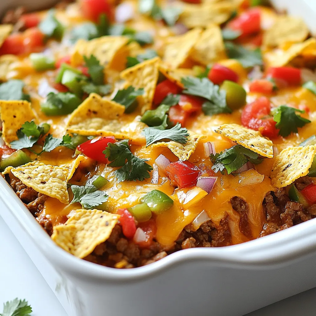 For a hearty and filling meal, gather these main ingredients: - 1 pound ground beef - 1 medium onion, diced - 2 cloves garlic, minced - 1 can (15 oz) black beans, drained and rinsed - 1 can (15 oz) corn, drained - 1 can (14.5 oz) diced tomatoes with green chilies - 1 cup frozen mixed bell peppers - 1 tablespoon chili powder - 1 teaspoon cumin - 1 teaspoon smoked paprika - Salt and pepper to taste - 2 cups shredded cheddar cheese - 1 bag (12 oz) tortilla chips (for topping) - 1/2 cup fresh cilantro, chopped (for garnish) These ingredients come together to create a dish full of flavor. The ground beef serves as the base, while the beans and corn add texture. The spices give it a warm kick that makes it a favorite in our home. To add more flair, consider these garnishes and toppings: - Sour cream - Sliced jalapeños - Avocado - Green onions These toppings can enhance the dish. Sour cream adds creaminess. Jalapeños bring heat. Avocado offers a cool contrast. You might have some ingredients at home that can work too. Here are some swaps: - Ground turkey or chicken can replace beef. - Use fresh beans instead of canned for a healthier option. - If you lack corn, frozen peas work well. - Swap cheddar cheese for Monterey Jack or pepper jack. These substitutions still keep the dish delicious. They offer a way to use what you have. Don’t hesitate to make it your own! {{ingredient_image_1}} Start by heating a large skillet over medium heat. Add 1 pound of ground beef. Use a spoon to break it apart as it cooks. Brown the meat until it is no longer pink. This should take about 5-7 minutes. Once done, drain any extra fat from the skillet. Next, add 1 diced medium onion and 2 cloves of minced garlic. Sauté this mixture for 2-3 minutes. Cook until the onion turns soft and clear. Now, it's time to combine everything. Transfer the beef mixture to your slow cooker. Add 1 can of black beans, drained and rinsed, and 1 can of corn, drained as well. Pour in 1 can of diced tomatoes with green chilies. Then, toss in 1 cup of frozen mixed bell peppers. Sprinkle in 1 tablespoon of chili powder, 1 teaspoon of cumin, and 1 teaspoon of smoked paprika. Season with salt and pepper to taste. Stir everything together until well mixed. Cover the slow cooker with its lid. Set it to cook on low for 6-8 hours or high for 3-4 hours. About 15 minutes before you plan to serve, sprinkle 2 cups of shredded cheddar cheese over the top. Cover the slow cooker again to let the cheese melt. When ready to eat, crush 1 bag of tortilla chips and scatter them over the cheese. Finish with 1/2 cup of fresh chopped cilantro as a tasty garnish. To get the best flavor in your Slow Cooker Cowboy Casserole, use fresh ingredients. Fresh garlic and onion add great taste. Choose ripe tomatoes for a burst of flavor. Add a sprinkle of salt before cooking to enhance all the tastes. When it cooks, the flavors blend together, making every bite delicious. For an extra kick, try adding a jalapeño. This adds warmth without being too spicy. Slow cookers work best when they are full. If you have a smaller one, cut the recipe in half. This helps everything cook evenly. Always brown the meat first. This step adds depth to the flavor. Layer the ingredients as you add them. Start with the meat, then add beans, veggies, and spices. This keeps the flavors distinct until they meld during cooking. Keep the lid on while it cooks. This helps maintain heat and moisture. I love to top the casserole with crushed tortilla chips. This gives a crunchy texture that pairs well with the soft casserole. You can add a dollop of sour cream on top for creaminess. Fresh cilantro adds a nice touch of color and flavor. Serve with a simple salad on the side for balance. This meal is hearty, so a light side works well. Enjoy it with family or friends for a perfect gathering! Pro Tips Brown the Beef Well: Make sure to brown the ground beef thoroughly to develop rich flavors that will enhance the overall taste of the casserole. Customize Your Veggies: Feel free to add or substitute any vegetables you prefer, such as zucchini or spinach, to increase the nutrient content and add more texture. Cheese Variations: Experiment with different types of cheese like Monterey Jack or pepper jack for a spicier kick, or use a blend of cheeses for a more complex flavor. Serve with Toppings: Enhance your casserole by serving it with additional toppings such as sour cream, avocado, or jalapeños for added flavor and presentation. {{image_2}} To make a vegetarian version, swap the ground beef for lentils or mushrooms. Use two cups of cooked lentils or 8 ounces of chopped mushrooms. They add great texture and flavor. Keep the other ingredients the same. The black beans and corn still bring that hearty feel you want. This dish becomes a perfect meal for veggie lovers. If you like heat, add diced jalapeños or a splash of hot sauce. You can use one or two fresh jalapeños, diced, or one tablespoon of your favorite hot sauce. This will kick up the spice level. You can also add extra chili powder for more flavor. Just be careful not to overpower the other tastes. For a low-carb version, replace the beans and corn with zucchini and cauliflower. Use one medium zucchini, diced, and two cups of riced cauliflower. This keeps the dish filling without the carbs. Always check the cheese you choose. Some cheeses are lower in carbs, making this dish even better for your diet. To store leftovers of your cowboy casserole, let it cool first. Then, place it in an airtight container. You can keep it in the fridge for up to four days. Make sure to label the container with the date. This way, you know when to eat it. If you want to keep your casserole longer, freezing is a great option. First, let the casserole cool completely. Then, transfer it to a freezer-safe container. It’s best to use a flat container for easy stacking. You can freeze it for up to three months. When ready to eat, just thaw it in the fridge overnight. Reheating is simple. You can use the microwave or the oven. For the microwave, place a portion in a bowl and cover it. Heat in 1-minute intervals until hot. For the oven, preheat to 350°F (175°C). Place the casserole in a baking dish and cover with foil. Bake for about 20 to 25 minutes. Check that it’s hot all the way through. You can sprinkle more cheese on top before reheating for extra flavor! Yes, you can use ground turkey. It makes the dish lighter. Ground turkey adds a nice flavor too. Just make sure to brown it well. The cooking time stays the same. Cooking on low takes 6-8 hours. This gives the flavors time to blend. Cooking on high takes 3-4 hours. Both ways turn out tasty, so pick what fits your schedule. You can add chopped spinach or kale for greens. They blend well with the dish. You can also add more beans for fiber. Sweet potatoes are a great choice too. They add sweetness and vitamins. This article covered the key ingredients for slow cooker cowboy casserole, including essential and optional options. I shared step-by-step cooking instructions, useful tips, and creative variations. We also explored how to store leftovers safely and answered some common questions. In summary, slow cooker cowboy casserole is easy and flexible. You can customize it to suit your taste or dietary needs. Enjoy making this hearty meal that brings comfort to your table!