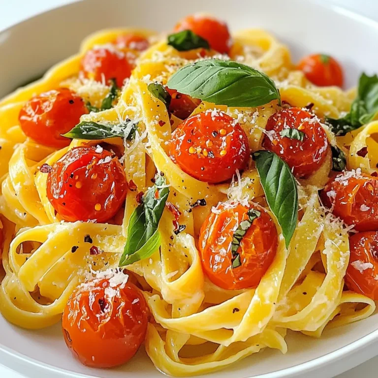 For this dish, you will need: - 2 cups cherry tomatoes, halved - 3 tablespoons olive oil - Salt and pepper, to taste - 3 cloves garlic, minced - 1 teaspoon dried oregano - 1 teaspoon dried basil - 1 cup heavy cream - 1 cup grated Parmesan cheese - 12 ounces pasta (fettuccine or penne works great) These ingredients create a rich and flavorful base. The cherry tomatoes give natural sweetness, while the cream adds a smooth texture. To boost flavor, I suggest: - Salt and pepper, to taste - 1 teaspoon dried oregano - 1 teaspoon dried basil - Crushed red pepper flakes (optional) These seasonings enhance the dish without overpowering it. Fresh herbs can also add brightness if you have them. For a special touch, consider: - Fresh basil leaves, for garnish - Extra grated Parmesan cheese - Crushed red pepper flakes for heat Garnishes not only make your dish look appealing, but they also add fresh flavor and textures. {{ingredient_image_1}} First, you need to preheat your oven to 400Β°F (200Β°C). This heat will roast the tomatoes well. Next, take the halved cherry tomatoes and put them on a baking sheet. Drizzle 2 tablespoons of olive oil over the tomatoes. Then, season them with salt, pepper, minced garlic, dried oregano, and dried basil. Toss everything together to coat the tomatoes evenly. Now, place the baking sheet in the oven and roast those tomatoes for about 25 to 30 minutes. They should turn soft and slightly caramelized when done. While the tomatoes roast, itβs time to cook the pasta. Choose any pasta you like, such as fettuccine or penne. Follow the instructions on the package to cook the pasta until it is al dente. Al dente means itβs firm but not hard. After cooking, drain the pasta but save 1 cup of pasta water. This water will help adjust the sauce later. Set the pasta aside and wait for the tomatoes to finish roasting. Once the tomatoes are done, itβs time to make the sauce. Heat a large skillet over medium heat and add the remaining tablespoon of olive oil. When the oil is hot, pour in the roasted tomatoes along with all their tasty juices. Stir in 1 cup of heavy cream and bring it to a gentle simmer. Let it thicken a bit for about 3 to 5 minutes. Slowly add in 1 cup of grated Parmesan cheese, stirring until it melts and becomes smooth. If the sauce feels too thick, add the reserved pasta water a little at a time. This will help you reach a nice creamy consistency. Finally, toss the cooked pasta into the sauce and mix well. If you like it spicy, sprinkle in some crushed red pepper flakes. Serve hot, topped with fresh basil leaves and extra Parmesan cheese. Enjoy your meal! To boost flavor, use fresh garlic. Mince three cloves for a strong taste. Add a teaspoon each of dried oregano and basil. These herbs bring warmth and depth to your pasta. If you have fresh herbs, use them! Fresh basil adds a bright note. Roasting tomatoes brings out their natural sweetness. Halve two cups of cherry tomatoes. Drizzle with olive oil, salt, and pepper. Bake at 400Β°F for 25-30 minutes. Look for soft and caramelized tomatoes; thatβs when they shine. The cream sauce should be smooth and creamy. If itβs too thick, use reserved pasta water. Add a little at a time until you reach the right consistency. This makes the sauce cling to the pasta perfectly! Pro Tips Use Fresh Tomatoes: For an even sweeter flavor, consider using fresh, ripe tomatoes instead of cherry tomatoes. They will enhance the overall taste of the dish. Adjust Creaminess: If you prefer a lighter sauce, you can substitute half of the heavy cream with chicken or vegetable broth for a delicious, lower-calorie option. Perfect Pasta Cooking: Always cook your pasta in salted water for optimal flavor. This will ensure that your pasta is well-seasoned and complements the sauce beautifully. Garnish with Fresh Herbs: Fresh basil adds a wonderful aroma and flavor. Consider using a mix of basil and parsley for a colorful and flavorful garnish. {{image_2}} You can make this dish vegetarian by using vegetable broth instead of chicken broth. For a vegan option, swap the heavy cream with coconut cream or cashew cream. Both options keep the dish rich and creamy while adding a unique flavor. Adding protein to your pasta makes it heartier. Cooked chicken or shrimp pairs well with the creamy sauce. Simply sautΓ© them in olive oil before adding the roasted tomatoes. If you prefer tofu, use firm tofu. Cut it into cubes and sautΓ© until golden before mixing it in. You donβt have to stick with fettuccine or penne. Try different shapes like fusilli, farfalle, or even zoodles for a fun twist. Each shape holds sauce differently, making your meal exciting and new. To store your leftover roasted tomato cream pasta, first let it cool. Then, place it in an airtight container. This keeps the pasta fresh. Make sure to use it within three days for the best taste. If you have extra sauce, store it in a separate container. This helps keep the texture just right. When itβs time to eat your leftovers, reheat the pasta gently. I like to use a skillet. Add a splash of water or milk to help loosen the sauce. Heat it on low and stir often. This way, you avoid drying it out. You can also use a microwave. Just cover the pasta with a damp paper towel to keep it moist. If you want to freeze roasted tomato cream pasta, do it right. Store it in freezer-safe bags or containers. Remove as much air as you can. This helps prevent freezer burn. Itβs best to eat it within two months. To thaw, place it in the fridge overnight. Then, reheat as mentioned before. Enjoy every creamy bite! Yes, you can use store-bought tomato sauce. It saves time and effort. However, the flavor will differ. Roasting fresh tomatoes gives a rich taste. If you choose sauce, pick one that is thick. Look for brands with natural ingredients for the best results. You can use whole milk or half-and-half. For a lighter option, try Greek yogurt or sour cream. If you want a dairy-free choice, use coconut cream or cashew cream. Each option changes the dish's flavor and texture slightly, so choose what you like best. To add spice, use crushed red pepper flakes. Stir them into the sauce for heat. You can also add diced jalapeΓ±os or fresh chili peppers. Adjust the amount based on your spice preference. Just remember, a little goes a long way! Roasted Tomato Cream Pasta combines fresh flavors with simple steps. We explored key ingredients and seasonings that elevate this dish. You learned how to roast tomatoes perfectly and make a rich cream sauce. I shared tips on customizing with various proteins and pasta shapes. You can now store and reheat leftovers effectively. Embrace these ideas to create a delicious meal. Cooking this dish will impress your family and friends. Enjoy experimenting with flavors and make it your own.