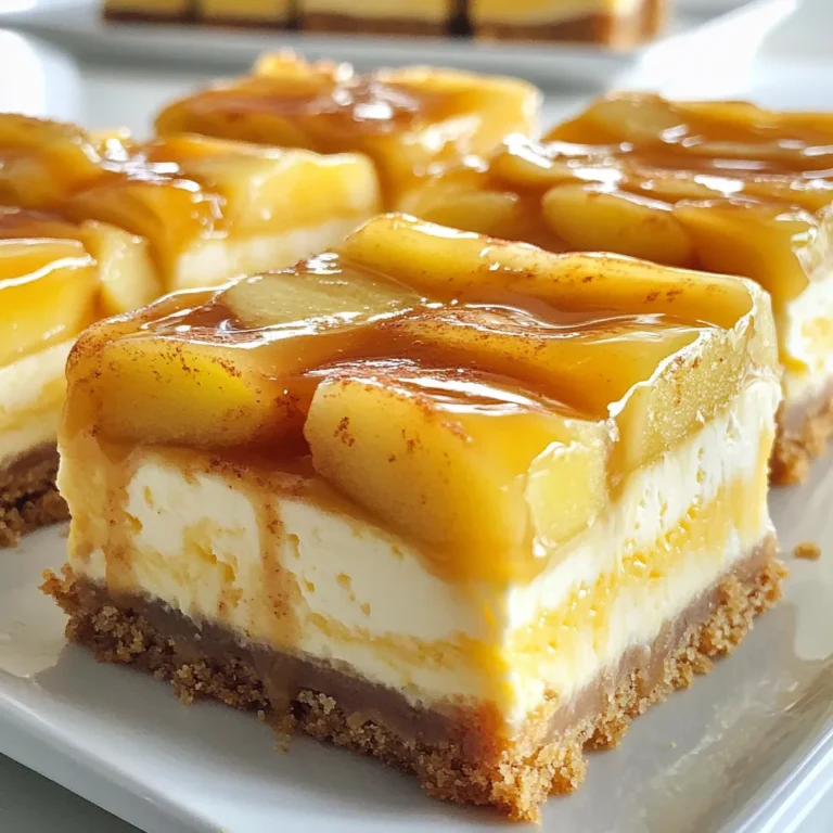 To make Caramel Apple Cheesecake Bars, you will need these key ingredients: - 1 1/2 cups graham cracker crumbs - 1/4 cup granulated sugar - 1/2 cup unsalted butter, melted - 2 (8-ounce) packages cream cheese, softened - 1 cup granulated sugar - 3 large eggs - 1 teaspoon vanilla extract - 2 cups apples, peeled, cored, and diced (preferably Granny Smith) - 1 teaspoon ground cinnamon - 1/4 teaspoon nutmeg - 1 cup caramel sauce (store-bought or homemade) - Whipped cream, for serving (optional) When choosing apples, I recommend using Granny Smith. They add a nice tartness that balances the sweetness of the caramel and cheesecake. For cream cheese, select a good quality brand. It makes a big difference in taste and texture. To prepare these delicious bars, you will need some essential kitchen tools: - 9x13 inch baking dish - Mixing bowls - Whisk or electric mixer - Parchment paper - Knife for cutting For easier prep, an electric mixer can speed up mixing the cream cheese. It gives a smooth and creamy texture that helps the bars set well. Using a baking dish with a parchment liner is key. It makes lifting out the bars simple and keeps them intact. {{ingredient_image_1}} First, preheat your oven to 350°F (175°C). This step is key for even baking. While it heats, line a 9x13 inch baking dish with parchment paper. Leave some paper hanging over the sides. This will help you lift the bars out later. Next, in a mixing bowl, combine 1 1/2 cups of graham cracker crumbs, 1/4 cup of granulated sugar, and 1/2 cup of melted unsalted butter. Mix until it looks like wet sand. This mixture will become your crust. Press it evenly into the bottom of the baking dish. Bake for 8 to 10 minutes until it turns lightly golden. Let it cool completely. Make sure your cream cheese is softened. This helps it mix well. Use two packages, each 8 ounces. Beat the cream cheese with 1 cup of sugar until it is smooth. You can use an electric mixer or whisk by hand. Add in three large eggs one at a time. Mix well after each one. Then stir in 1 teaspoon of vanilla extract. In another bowl, take 2 cups of peeled, cored, and diced apples. I like using Granny Smith for a nice tart flavor. Toss the apples with 1 teaspoon of ground cinnamon and 1/4 teaspoon of nutmeg. This adds great spice. Fold the apple mixture into your cream cheese mixture. Finally, pour the apple cheesecake mix over your cooled crust. Spread it out evenly. Drizzle half of your caramel sauce on top. Use a knife to gently swirl it in for a nice pattern. Now, it’s time to bake. Place the dish in your preheated oven. Bake for 30 to 35 minutes. The center should be set but still jiggle a bit. This jiggle test is important. It means the bars will stay creamy but not undercooked. Watch for a slight puff and color change around the edges. When they look ready, take them out. Let your bars cool at room temperature first. After that, move them to the fridge. They need at least 2 hours to set completely. When the bars are chilled, lift them out of the pan using the parchment paper. Use a sharp knife to cut them into squares. For a lovely touch, drizzle the remaining caramel sauce on top. You can serve these with whipped cream for extra sweetness. A sprinkle of cinnamon or nuts can add a nice crunch too. Enjoy these delicious bars as a special treat! To make creamy cheesecake bars, start with softened cream cheese. Cold cream cheese creates lumps. Mix well until smooth. Use an electric mixer for the best results. Beat in the eggs one at a time. This keeps the mixture light and fluffy. Avoid common mistakes like overmixing. Overmixing can lead to cracks. Don’t skip chilling the bars. They need time to set after baking. Let them cool at room temperature first. Then, refrigerate for at least two hours. This helps the flavors meld and the texture firm up. To boost flavor, consider adding spices. A touch of ginger or a hint of clove can elevate your bars. You can also mix in chopped nuts for crunch. Toasted pecans or walnuts work great. If you want to swap cream cheese, try mascarpone. It has a rich, creamy taste. This change can give your bars a unique twist. For a lighter option, use Greek yogurt. It adds a tangy flavor and creamy texture. Pro Tips Use Cold Cream Cheese: Make sure your cream cheese is softened to room temperature for a smooth filling. If it’s too cold, it can lead to lumps in your mixture. Choose the Right Apples: Granny Smith apples are ideal for this recipe as their tartness balances the sweetness of the caramel and cheesecake. Swirl the Caramel: When swirling the caramel into the cheesecake layer, use a knife or toothpick to create a beautiful marbled effect without overmixing. Chill Before Serving: Allow the cheesecake bars to chill in the refrigerator for at least 2 hours before cutting. This helps them set firmly and makes cutting easier. {{image_2}} You can swap apples for other fruits in this recipe. Pears work well and add a sweet touch. They have a soft texture that blends nicely with the cheesecake. Peaches also make a great choice. Their juicy flavor brings a summer vibe to the bars. You can even try berries for a tart twist. Blueberries or raspberries can add color and zing. Just remember to adjust the spices to match the fruit's taste. The crust is the base of your dessert, so let’s explore options! Instead of the classic graham cracker, you can use chocolate cookies. This adds a rich, sweet flavor. A nut-based crust, like almond or pecan, gives a crunchy texture. For a gluten-free option, use gluten-free graham crackers or nuts. Each crust option changes the taste and feel of the bars, so pick one that excites you! You can make these bars healthier with a few simple changes. Reducing sugar is a great start. Try using a natural sweetener like honey or maple syrup. These options add flavor and sweetness. If you want a gluten-free option, use almond flour for the crust. It’s nutritious and tasty. You can also use low-fat cream cheese for a lighter version. These tweaks keep the dessert delicious while making it a bit better for you! To keep your caramel apple cheesecake bars fresh, place them in an airtight container. Make sure they cool completely before storing. This helps avoid extra moisture. You can also wrap the bars tightly with plastic wrap. For long-term storage, you can freeze them. Slice the bars first, then wrap each piece in plastic wrap. Place them in a freezer-safe bag or container. In the refrigerator, these bars last up to five days. Just ensure they are well-covered. If you freeze them, they can stay good for up to three months. Label your container with the date to keep track. To reheat these bars, preheat your oven to 350°F (175°C). Place the bars on a baking sheet. Heat them for about 10 to 15 minutes. This method keeps the texture soft and creamy. You can also use the microwave. Heat one bar for about 20-30 seconds. If you want, drizzle some extra caramel sauce on top before serving. Yes, you can make these bars ahead of time. I suggest chilling them for at least two hours after baking. This helps the flavors blend. The bars taste better when chilled. You can also store them in the fridge for up to five days. Just be sure to cover them tightly with plastic wrap. Look for a few signs to know when the cheesecake is done. The edges should be set, and the center might jiggle slightly. If it looks wet, it needs more time. A light golden color on top is also a good sign. Use a toothpick to check if it comes out clean from the center. Absolutely! You can use any caramel sauce you like. Store-bought caramel is quick and easy. If you prefer, make your own for a fresh taste. Homemade caramel can be richer and adds a special touch. Just ensure it’s smooth enough to drizzle over the bars. These Caramel Apple Cheesecake Bars are a delightful treat. We covered key ingredients, equipment, and step-by-step instructions for perfect results. I shared tips for creamy texture and flavor enhancements, along with healthy variations. Remember to store leftovers properly for freshness, and you can even make them ahead of time. With these insights, you can create a yummy dessert that everyone will love. Enjoy every bite and make your baking adventure memorable!