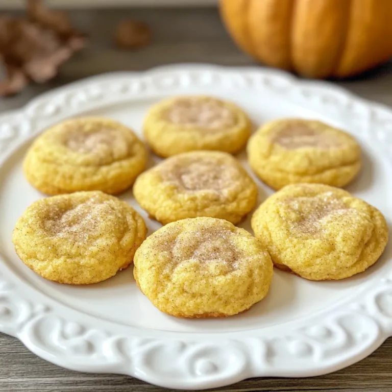 To make Pumpkin Snickerdoodle Cookies, gather these simple ingredients: - 1 cup unsalted butter, softened - 1 cup granulated sugar - 1/2 cup packed brown sugar - 1 cup pumpkin puree - 2 large eggs - 3 1/4 cups all-purpose flour - 2 teaspoons cream of tartar - 1 teaspoon baking soda - 1/2 teaspoon salt - 1 tablespoon cinnamon - 1 teaspoon nutmeg - 1/2 teaspoon ginger - 1/4 cup granulated sugar (for rolling) - 2 tablespoons cinnamon (for rolling) You can swap some ingredients if needed. Here are a few ideas: - Use coconut oil instead of butter for a dairy-free option. - Swap the all-purpose flour for a gluten-free blend. - If you lack pumpkin, use unsweetened applesauce for a different flavor. - Maple syrup can replace granulated sugar for a natural sweetness. Fresh ingredients make your cookies taste great. Here are tips to select the best: - For butter, choose unsalted and check for a fresh smell. - Look for bright orange pumpkin puree and avoid cans with dents. - Use large eggs with clean shells, as this ensures freshness. - When buying spices, check the expiration date for the best flavor. - Always choose flour that feels fine and is free from clumps. By following these tips, you ensure your Pumpkin Snickerdoodle Cookies are fluffy and flavorful! {{ingredient_image_1}} Start by preheating your oven to 350°F (175°C). This helps the cookies bake evenly. While the oven heats, line your baking sheets with parchment paper. This will keep the cookies from sticking. Make sure to leave some space on the sheets for spreading. In a large bowl, cream together 1 cup of softened unsalted butter, 1 cup of granulated sugar, and 1/2 cup of packed brown sugar. Mix until it feels light and fluffy. Next, add in 1 cup of pumpkin puree and 2 large eggs. Blend these ingredients until they look smooth. In another bowl, whisk together 3 1/4 cups of all-purpose flour, 2 teaspoons of cream of tartar, 1 teaspoon of baking soda, 1/2 teaspoon of salt, 1 tablespoon of cinnamon, 1 teaspoon of nutmeg, and 1/2 teaspoon of ginger. Gradually add this dry mix to your wet mix. Mix on low speed until just combined. In a small bowl, mix 1/4 cup of granulated sugar with 2 tablespoons of cinnamon. This will be for rolling the cookies. Scoop out tablespoons of dough and roll them into balls. Next, roll each ball in the cinnamon-sugar mixture until fully coated. Place these balls on your prepared baking sheets, giving them space to spread while baking. Bake the cookies for 10-12 minutes. They should be lightly golden at the edges. The centers may look a bit underbaked, but they will firm up as they cool. Let them cool on the baking sheet for 5 minutes before moving them to a wire rack. Enjoy your fluffy and flavorful treats! To get soft and fluffy cookies, use room temperature butter. Cream the butter and sugars until light and fluffy. This step adds air and makes cookies rise. Mix the wet and dry ingredients just until combined. Over-mixing leads to tough cookies. Lastly, do not bake them too long. The centers should look soft and slightly underbaked. One common mistake is using cold butter. Cold butter does not mix well. This affects the texture. Another mistake is skipping the cream of tartar. This ingredient gives that classic snickerdoodle taste. Make sure to roll the dough balls well in the cinnamon-sugar mix. If you don’t coat them fully, you miss out on flavor. Want to make your cookies even better? Try adding chocolate chips or chopped nuts. They add texture and richness. You can also use different spices. For a twist, add cloves or allspice. Just a pinch of each can enhance the warm flavors. Keep your add-ins balanced with the pumpkin flavor for the best results. Pro Tips Chill the Dough: For thicker cookies, chill the dough for at least 30 minutes before baking. This helps prevent spreading and yields a chewier texture. Use Fresh Spices: Freshly ground spices can enhance the flavor of your cookies. Consider using whole spices and grinding them just before use for the best taste. Don’t Overbake: Keep an eye on the cookies while baking. They may look underbaked in the center but will continue to firm up as they cool. Overbaking can lead to dry cookies. Storage Tips: Store the cookies in an airtight container at room temperature for up to a week. For longer storage, freeze them in a single layer and then transfer to a freezer bag. {{image_2}} You can make gluten-free pumpkin snickerdoodle cookies using simple swaps. Replace all-purpose flour with a gluten-free blend. Look for blends that contain xanthan gum. This gum helps bind the dough and gives it a good texture. Use the same amount of gluten-free flour as regular flour in the recipe. These cookies will still taste delicious and fluffy! To make these cookies vegan, replace the butter with coconut oil or vegan butter. For eggs, use flaxseed meal. Mix 1 tablespoon of flaxseed meal with 2.5 tablespoons of water for one egg. Allow it to sit for a few minutes. This mixture acts like an egg and helps bind the cookies. You can still enjoy that cozy pumpkin flavor in a vegan way! You can add fun flavors to your pumpkin snickerdoodle cookies. Mix in chocolate chips for a sweet twist. Use semi-sweet or dark chocolate chips based on your taste. If you prefer something crunchy, add chopped nuts. Walnuts and pecans work well. Just fold in about a cup of either chocolate chips or nuts when mixing the dough. These additions make the cookies even more delightful! To keep your Pumpkin Snickerdoodle Cookies fresh, store them in an airtight container. This helps maintain their soft texture. Place a piece of bread in the container with the cookies. The bread will help absorb moisture and keep the cookies from drying out. You can also layer parchment paper between the cookies to keep them from sticking together. Freezing these cookies is easy! First, let the cookies cool completely. Then, place them in a single layer on a baking sheet. Freeze them for about an hour. Once frozen, transfer the cookies to a freezer bag. Squeeze out as much air as possible before sealing. This way, they stay fresh and tasty for up to three months. When you want to enjoy them, just thaw at room temperature for a few hours. When stored properly, these cookies last about a week at room temperature. If you keep them in the fridge, they can last up to two weeks. Don’t forget to check for any changes in texture or smell before eating. If they seem dry or hard, it might be best to toss them. Enjoy your cookies while they're at their best! Yes, you can use canned pumpkin. It makes things easier and saves time. Just make sure the label says 100% pumpkin. This gives you the rich flavor you want in your cookies. Fresh pumpkin works too, but it takes more effort. Canned pumpkin keeps the cookies moist and fluffy. Look for slightly golden edges. The centers may look a bit soft. This is normal! They will firm up as they cool. If the edges are golden and the center is puffy, it’s a good sign. Set a timer for 10-12 minutes, then check them. Absolutely! You can make the dough and chill it in the fridge. Wrap it well in plastic wrap. This keeps it fresh for up to 3 days. When you’re ready to bake, just scoop and roll. Chilling the dough can also help the cookies hold their shape better. You now have all the tools to make delicious cookies. We covered key ingredients, their swaps, and tips for freshness. I shared step-by-step mixing and baking instructions to help you succeed. You learned how to achieve the right texture and avoid common pitfalls. Plus, explore tasty variations for dietary needs. Finally, I detailed how to store and freeze cookies for longer enjoyment. Trust these methods, and enjoy your baking journey!