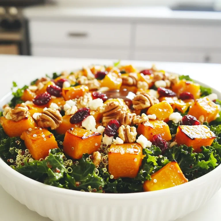 - Butternut Squash: This squash has a sweet, nutty flavor. To prepare it, first peel the skin. Next, cut it into small cubes. This helps it roast evenly. Roasting brings out its natural sweetness. Aim for about 1-inch cubes for quick cooking. - Kale: Start with fresh kale. Remove the thick stems, as they can be tough. Chop the leaves into bite-sized pieces. This makes it easier to eat. You can massage the kale with a bit of olive oil. This softens it and makes it tastier. - Quinoa: Rinse your quinoa well before cooking. This helps remove a bitter coating. Use a small pot with one part quinoa and two parts water. Bring it to a boil, then lower the heat. Cover and simmer for about 15 minutes. After all the water is gone, let it sit for 5 minutes. Fluff it with a fork for a light texture. - Nuts: I recommend using walnuts in this salad. They add a nice crunch. Walnuts are also full of healthy fats. They can help improve heart health. You can swap walnuts for almonds or pecans if you prefer. - Olive Oil: Use extra virgin olive oil for the best flavor. It has many health benefits, like reducing heart disease risk. Olive oil also adds a rich taste to the dressing. - Feta Cheese Alternatives: If you want a dairy-free option, try avocado instead of feta. It adds creaminess and healthy fats. You can also try nutritional yeast for a cheese-like flavor. 1. Preheat your oven to 400°F (200°C). This high heat helps the squash roast well. 2. Peel and cube the butternut squash. You want bite-sized pieces for even cooking. 3. In a large bowl, toss the cubed squash with 2 tablespoons of olive oil, salt, and pepper. 4. Spread the squash on a baking sheet. Make sure they are in a single layer. 5. Roast for about 25-30 minutes. Turn the squash halfway through. They should be tender and slightly caramelized. 1. In a small pot, combine 1/2 cup of rinsed quinoa and 1 cup of water. Add a pinch of salt. 2. Bring the pot to a boil. Then, reduce the heat to a simmer and cover. 3. Cook for about 15 minutes. All the water should be absorbed when done. 4. Remove the pot from heat. Let it sit covered for 5 minutes. Fluff with a fork before using. 1. In a small bowl, whisk together the remaining olive oil, 1 tablespoon of maple syrup, 1 teaspoon of Dijon mustard, and the juice of 1 lemon. 2. Add a pinch of salt and pepper to the bowl. This dressing will bring all the flavors together. 3. Taste the dressing and adjust if needed. A little more lemon juice can brighten it up. Start by layering the salad ingredients in a large bowl. Place the chopped kale at the bottom. This helps the kale hold its shape and not wilt too quickly. Next, add the roasted butternut squash, followed by the cooked quinoa. The warm squash can slightly wilt the kale and enhance flavors. When you toss the salad, do it gently. You want to mix everything but not bruise the kale. Serve immediately for the best texture. If you need to prepare it ahead of time, keep the dressing separate until serving. Want to boost flavors? Add some sliced apples or pears for sweetness. You can also throw in roasted chickpeas for crunch and protein. If you like heat, a pinch of red pepper flakes can spice things up. Letting the salad sit for about five minutes before serving helps blend the flavors. This resting time allows the kale to soften slightly and soak in the dressing. Make your salad look beautiful! Serve it on a large, shallow platter to show off the colors. Top it with extra walnuts and a sprinkle of feta for added flair. You can also garnish with fresh herbs like parsley or mint for a pop of green. For gatherings, consider individual servings in small bowls. This makes it easy for guests to enjoy and adds a nice touch to the table. {{image_2}} You can easily make this salad vegan. Just skip the feta cheese. Use avocado instead for creaminess. You can also try adding hemp seeds for extra protein. For gluten-free options, ensure your quinoa is labeled gluten-free. Quinoa is naturally gluten-free, making it a great choice for all. If you want a different taste, swap quinoa for brown rice or farro. Both add a nice bite and flavor. In fall, you can add roasted Brussels sprouts or apples for sweetness. In winter, try adding pomegranate seeds for a burst of color and flavor. In spring, fresh strawberries or asparagus can brighten the salad. In summer, consider fresh peaches or berries for a sweet touch. These fresh fruits not only add flavor but also make your salad look vibrant and inviting. To keep your butternut squash kale salad fresh, refrigerate it in an airtight container. This protects the flavors and prevents spoilage. Try to eat the salad within 3 days for the best taste. - Butternut squash lasts about 3 to 5 days in the fridge. - Kale stays fresh for 3 to 7 days. - Quinoa can last for up to a week when stored properly. If you want to save some salad for later, you can freeze the components. Start by freezing the roasted butternut squash and cooked quinoa separately. Avoid freezing the kale, nuts, and feta cheese. They do not freeze well. - Freeze butternut squash and quinoa in zip-top bags for easy storage. - Make sure to remove as much air as possible before sealing. To enjoy your frozen salad later, thaw it overnight in the fridge. After thawing, gently reheat the butternut squash and quinoa if you prefer them warm. Serve the salad fresh with the kale, nuts, and dressing added just before eating. This keeps everything crisp and tasty! How long can I store the salad? You can store the salad in the fridge for about 3 days. Make sure to keep it in an airtight container. The kale may wilt over time, but the flavors will still be good. Can I prepare this salad ahead of time? Yes, you can prepare the salad ahead of time. I recommend making the components separately. You can roast the squash and cook the quinoa a day before. Then, mix everything just before serving. This keeps the salad fresh and crunchy. What can I use instead of maple syrup? If you need a substitute for maple syrup, honey works well. You can also use agave nectar or brown sugar mixed with a bit of water for a similar sweetness. Other options for nuts and herbs Instead of walnuts, try using pecans or almonds. For herbs, you can add parsley or cilantro for extra flavor. These changes can make the salad unique every time you make it. Caloric content of the salad This salad has about 300 calories per serving. It is a filling dish and offers great nutrition for a light meal. Health benefits of kale and butternut squash Kale is rich in vitamins A, C, and K. It also has antioxidants that help your body. Butternut squash is high in fiber and beta-carotene, which is good for your eyes. Together, they make a nutritious meal that supports good health. This blog covered how to make a healthy salad packed with flavor. We explored fresh produce options like butternut squash and kale, grains like quinoa, and tasty dressings. I shared tips on preparing and storing your salad, along with ideas to mix it up for different diets and seasons. Remember, the right ingredients and care make a big difference. Enjoy your salad adventures, and don't be afraid to experiment with flavors!