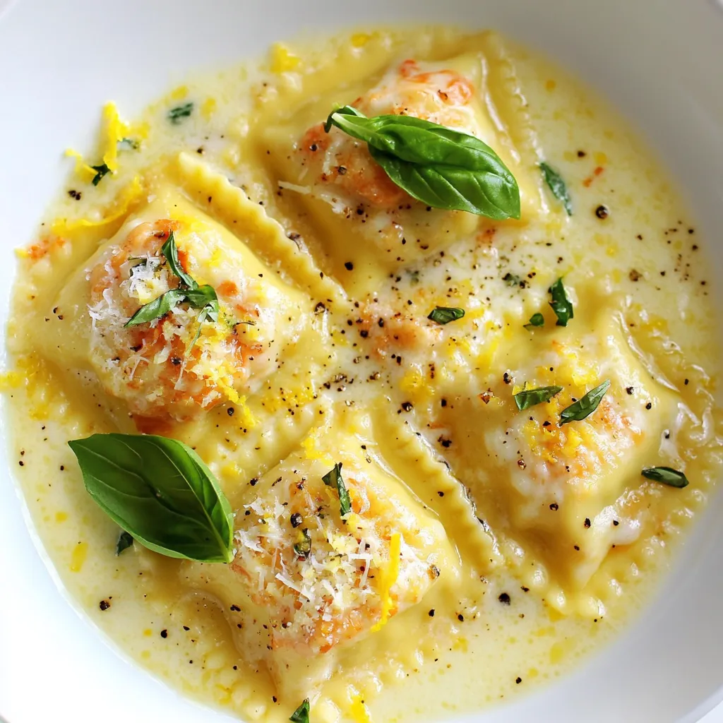 - 1 package of lobster ravioli (fresh or frozen) - 2 cups heavy cream - 1 tablespoon unsalted butter - 1 clove garlic, minced - 1 shallot, finely chopped - 1/2 cup grated Parmesan cheese - Salt and pepper to taste - Fresh basil leaves for garnish - Zest of 1 lemon To make this dish, you need a few simple tools: - A large pot for boiling water - A colander for draining ravioli - A large skillet for the sauce - A wooden spoon for stirring - Measuring cups and spoons for accuracy Lobster ravioli in cream sauce pairs well with: - A crisp green salad with a light vinaigrette - Garlic bread or crusty baguette for dipping - A glass of chilled white wine, like Chardonnay - Steamed vegetables for a colorful plate {{ingredient_image_1}} To start, fill a large pot with water. Add a good amount of salt to it. Bring the water to a boil. Once boiling, add the lobster ravioli. Cook them as per the package. This usually takes about 3-5 minutes. When they float, they are ready. Drain the ravioli and keep a little pasta water. Set the ravioli aside for later. Next, grab a large skillet and place it on medium heat. Add the butter and let it melt. Once melted, add the minced garlic and chopped shallot. Sauté them for about 2-3 minutes. You want them to be soft and smell great. Now, pour in the heavy cream. Bring it to a gentle simmer. Stir the sauce for about 5 minutes. This helps it thicken slightly. After your sauce thickens, reduce the heat to low. Stir in the grated Parmesan cheese. Keep mixing until the cheese melts and the sauce is creamy. If it gets too thick, add a splash of the reserved pasta water. Now, season with salt, pepper, and lemon zest for extra flavor. Gently add the cooked ravioli into the sauce. Toss them carefully to coat without breaking them. Heat everything together for 1-2 minutes. Now your dish is ready to serve! To get the best creamy texture, use heavy cream. It makes the sauce rich. Heat the cream slowly to avoid burning. Stir the sauce as it warms. If it gets too thick, add some reserved pasta water. This helps the sauce blend well with the ravioli. You can boost the flavor with a few simple tricks. Add more garlic for a stronger taste. Fresh herbs like basil or parsley also add freshness. A splash of white wine while cooking enhances depth. Lastly, the zest of lemon brightens the sauce. Just a little goes a long way. Serve the lobster ravioli in shallow bowls. Make sure to spoon plenty of sauce over each serving. Garnish with fresh basil leaves for a pop of color. An extra sprinkle of Parmesan cheese adds a nice touch. For a fun twist, serve with a lemon wedge on the side. Pro Tips Freshness Matters: For the best flavor, use fresh lobster ravioli if available. If using frozen, ensure they are completely thawed before cooking for even results. Perfect Cream Sauce: To achieve the ideal creamy texture, make sure to stir the sauce continuously and keep the heat low after adding the cheese to prevent it from separating. Flavor Boost: Enhance the flavor of your sauce by adding a splash of white wine after sautéing the shallots and garlic. Let it simmer for a minute before adding the cream. Garnish Wisely: Use fresh basil leaves for garnish, but consider adding a few capers for a delightful briny contrast and an extra sprinkle of lemon zest for brightness. {{image_2}} You can change some ingredients in lobster ravioli. Fresh pasta works great, but frozen is easy. If you want a lighter sauce, try half-and-half instead of heavy cream. You can swap Parmesan for Pecorino or even a vegan cheese. If you have no shallots, use onions. Garlic powder can replace fresh garlic in a pinch. While the cream sauce is rich, you can mix it up. A light lemon butter sauce adds brightness. You can also use a tomato-based sauce for a fresh twist. A garlic and olive oil sauce gives a nice flavor without cream. Try a pesto sauce for a herby kick. If you want a vegetarian dish, try mushroom ravioli. You can make a spinach or ricotta filling too. For seafood lovers, shrimp or crab can replace lobster. You can even mix in scallops for a seafood medley. These options keep the dish exciting while still being tasty. You can keep leftovers in an airtight container. Place them in the fridge for up to three days. Make sure the sauce cools down before sealing. This keeps the flavors fresh. To reheat, use a skillet or microwave. If using a skillet, add a splash of cream. Heat on low, stirring gently. If using a microwave, heat in short bursts. Check often to avoid overcooking. You can freeze lobster ravioli before cooking. Place them in a single layer on a baking sheet. Once frozen, transfer them to a freezer bag. They last up to three months. If they are cooked, freeze without sauce. When ready, thaw and reheat as directed above. Cooking lobster ravioli takes about 3 to 5 minutes. You should boil it in salted water. Follow the package instructions for the best results. Fresh ravioli cooks faster than frozen. Always check if they float to know they are done. Yes, you can make lobster ravioli from scratch! Start by making fresh pasta dough. Roll it thinly and cut it into squares. Fill them with a mixture of cooked lobster, cheese, and herbs. Seal the edges well to keep the filling inside. It takes time, but the taste is worth it. A nice white wine pairs well with lobster ravioli in cream sauce. Choose a buttery Chardonnay or a light Pinot Grigio. These wines complement the rich cream and sweet lobster flavors. Enjoy a glass while you eat for a perfect match! Lobster ravioli in cream sauce is a delightful dish to prepare. We covered the essential ingredients, equipment, and tasty accompaniments. The step-by-step guide helps you cook and combine everything perfectly. Helpful tips ensure you achieve that creamy texture and explore flavor options. You can also try variations with different sauces or ingredients. Storing and reheating leftovers is simple too. Remember these key points to make your meal a hit. Enjoy your cooking adventure and impress your guests!