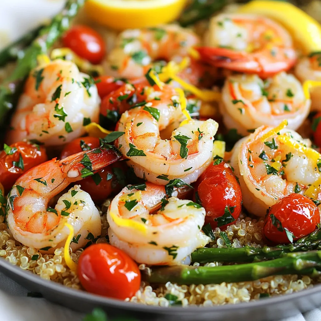 - Shrimp and Vegetables - 1 lb (450g) large shrimp, peeled and deveined - 2 cups cherry tomatoes, halved - 1 cup asparagus, trimmed and cut into 2-inch pieces - Seasonings and Aromatics - 4 tablespoons olive oil - 4 cloves garlic, minced - 1 teaspoon red pepper flakes (adjust for spice level) - 1 lemon, zested and juiced - 1 tablespoon fresh parsley, chopped - 1 tablespoon fresh basil, chopped - Salt and pepper to taste - Broth and Serving Suggestions - ½ cup low-sodium vegetable broth or chicken broth - Cooked quinoa or rice (for serving) This mix of fresh ingredients makes a great meal. The shrimp bring protein and flavor. The cherry tomatoes add sweetness. Asparagus gives a nice crunch. Together, they create a colorful dish. The olive oil and garlic add richness. Lemon brightens the taste, making it fresh. Fresh herbs like parsley and basil bring a nice finish. You can serve this over quinoa or rice for a complete meal. {{ingredient_image_1}} Marinating the Shrimp Start by preparing the shrimp. In a bowl, mix the shrimp with salt, pepper, lemon zest, and half of the minced garlic. This step adds great flavor. Let the shrimp marinate for 15 minutes. This time allows the flavors to soak in. Sautéing Garlic and Red Pepper Flakes Next, heat 2 tablespoons of olive oil in a large skillet over medium-high heat. Once the oil shimmers, add the remaining minced garlic and red pepper flakes. Cook for about 30 seconds. You want the mixture to smell amazing, but don’t burn the garlic. Sautéing Vegetables Now, it’s time to add the vegetables. Toss in the asparagus and cherry tomatoes. Sauté them for about 4-5 minutes. Stir occasionally until the asparagus becomes tender and the tomatoes soften. This step brightens the dish with fresh flavors. Adding Broth and Cooking Shrimp After the veggies are cooked, pour in the vegetable or chicken broth. Scrape the bottom of the skillet to release any tasty bits stuck there. Bring the mixture to a simmer. Then, gently stir in the marinated shrimp. Cook for about 3-4 minutes until the shrimp turn pink and opaque. This cooking time keeps the shrimp tender. Adding Fresh Herbs Once the shrimp are cooked, stir in the lemon juice, chopped parsley, and basil. This adds a fresh and zesty taste. Adjust the seasoning with more salt and pepper if needed. Serving Suggestions Remove the pan from the heat. Serve the garlic herb shrimp over a bed of cooked quinoa or rice. Spoon the delicious pan sauce over the top for extra flavor. Enjoy! - Avoiding Overcooking: Cook shrimp for only 3 to 4 minutes. They turn pink and opaque when done. If you cook them too long, they become tough. Keep an eye on them while cooking. It’s easy to overdo it. - Flavor Enhancements: Use fresh herbs like parsley and basil for bright flavor. Adding lemon juice at the end gives a fresh zing. Red pepper flakes add heat, so adjust to your taste. You can also try other spices like paprika for a twist. - Skillet vs. Other Cookware: A large skillet is best for this dish. It helps shrimp cook evenly and lets flavors blend well. You can use a non-stick pan if you want easier cleanup. Avoid heavy pots that hold heat too long. - Plating Ideas: Serve shrimp over a bed of quinoa or rice. This adds color and texture to your plate. Arrange shrimp and veggies neatly. A well-organized plate looks more inviting. - Garnishing Suggestions: Top with extra parsley or a lemon wedge. This brightens the dish and adds freshness. A sprinkle of red pepper flakes can also add a pop of color. Remember, the eye eats first! Pro Tips Marinate for Maximum Flavor: Allowing the shrimp to marinate for at least 15 minutes enhances their flavor, making them more delicious when cooked. Use Fresh Ingredients: Fresh garlic, herbs, and vegetables will elevate the dish and contribute to a vibrant taste and aroma. Adjust Spice Level: Feel free to modify the amount of red pepper flakes based on your heat preference to suit your palate. Don't Overcook the Shrimp: Cook the shrimp just until they turn pink and opaque to ensure they remain tender and juicy. {{image_2}} Gluten-Free Options This recipe is naturally gluten-free. The shrimp, veggies, and broth do not contain gluten. Always check the broth label to be sure. Keto-Friendly Ingredients For a keto twist, use cauliflower rice instead of quinoa or regular rice. It keeps the dish low in carbs while still being tasty. Adding Different Herbs You can switch up the herbs based on your taste. Try thyme, dill, or even cilantro. Each herb brings its own unique flavor. Spice Level Adjustments If you love heat, add more red pepper flakes. For a milder dish, use less or skip it. You can also add a dash of hot sauce for extra kick. Substituting Vegetables Feel free to swap asparagus and cherry tomatoes for other veggies. Bell peppers, zucchini, or spinach work well too. Just adjust the cooking time as needed. Alternate Proteins If shrimp isn’t your thing, use chicken or tofu. Cut them into bite-sized pieces and cook them the same way. Each option gives a different taste and texture. - Refrigeration Tips: Place leftovers in an airtight container. This keeps the shrimp fresh. Store it in the fridge for up to three days. Make sure to cool it to room temperature first. This helps avoid condensation. - Freezing Instructions: If you want to keep it longer, freeze it. Use a freezer-safe container. It can last up to three months. When ready to eat, thaw it in the fridge overnight before reheating. - Best Methods for Reheating: To reheat, use a skillet. Heat it on low to medium. Add a splash of broth or water to help keep it moist. Stir often until heated through. You can also use the microwave. Cover it with a lid to avoid drying out. - Safety Tips: Always check the shrimp’s temperature. It should reach 165°F (74°C) to be safe. If you notice any strange smell or texture, it's best to throw it away. Safety first! To keep shrimp tender, avoid overcooking. Cook shrimp for just 3-4 minutes. They should turn pink. Start with marinating shrimp in lemon zest and salt. This adds flavor and helps with tenderness. Yes, you can prep this dish ahead. Marinate the shrimp and chop the veggies a day before. Cook the shrimp just before serving for the best taste. This keeps everything fresh and tasty. - Side Dish Ideas: Serve with cooked quinoa or rice. You can also pair it with a green salad or crusty bread. These sides soak up the sauce well. - Wine Pairing Suggestions: A crisp white wine works best. Try a Sauvignon Blanc or a light Pinot Grigio. These wines enhance the flavors of the shrimp. This blog post covers making a tasty shrimp dish from start to finish. We talked about the right ingredients, step-by-step cooking, and tips for great results. I shared options for dietary needs, variations for taste, and how to store leftovers. Remember, cooking shrimp takes care to keep them tender. With simple tricks, you can impress anyone with this dish. Enjoy making this meal and have fun experimenting with flavors! Your dinner table will be a hit.
