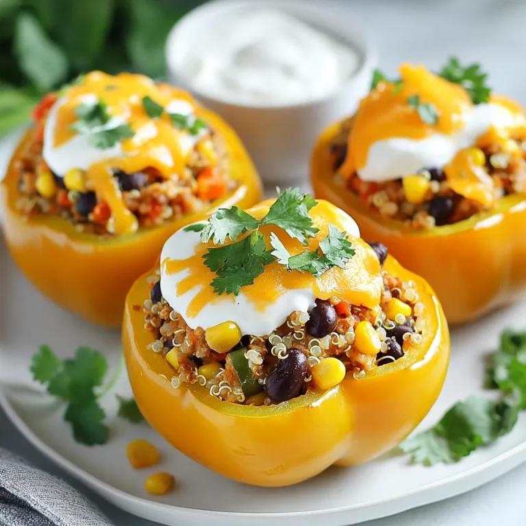 - 4 large bell peppers (any color) - 1 lb ground turkey or beef - 1 cup cooked quinoa or brown rice - 1 can black beans, drained and rinsed - 1 cup corn (canned or frozen) - 1 cup diced tomatoes - 1 packet taco seasoning - 1 cup shredded cheddar cheese - 1 tablespoon olive oil - Salt and pepper - Fresh cilantro, for garnish - Sour cream or Greek yogurt, for serving Gathering the right ingredients is key. I love using bright, large bell peppers. Red, yellow, or green work great. The color adds a fun touch to the dish. For the meat, I often choose ground turkey. It’s lean and tasty. But if you love beef, that’s perfect too! Next, I include one cup of cooked quinoa or brown rice. This adds fiber and makes the dish filling. Black beans are a must. They give protein and a nice texture. I always drain and rinse the beans for a cleaner taste. Corn brings sweetness and crunch. I use canned or frozen corn based on what I have. Diced tomatoes add moisture and flavor. You can use fresh or canned ones. Taco seasoning is vital; it brings all the flavors together. Don’t forget the cheese! I use shredded cheddar for that gooey topping. Olive oil helps season the peppers. A pinch of salt and pepper enhances everything. Finally, fresh cilantro adds brightness, and a dollop of sour cream or Greek yogurt makes it creamy. These ingredients make taco stuffed bell peppers a winner! {{ingredient_image_1}} 1. Preheat your oven to 375°F (190°C). This step gets everything ready for baking. 2. Take the bell peppers and cut off the tops. Remove all the seeds inside. This makes room for the filling. 3. Drizzle a bit of olive oil inside each pepper. Then, sprinkle with salt and pepper. This adds great flavor to the peppers. 1. In a large skillet, add the ground turkey or beef. Cook over medium heat until it turns brown. This usually takes about 5-7 minutes. 2. Once the meat is cooked, drain any fat. Then, add the taco seasoning to the meat. Mix in diced tomatoes, corn, black beans, and quinoa or brown rice. Stir well and heat for another 3-4 minutes. 3. After everything is hot, remove the skillet from heat. Stir in half of the shredded cheddar cheese. This makes the filling creamy and cheesy. 1. Carefully spoon the taco filling into each bell pepper. Pack it in tightly, but not too tight. 2. Top each stuffed pepper with the remaining cheddar cheese. This will melt beautifully while baking. 3. Cover your baking dish with aluminum foil. Bake in the preheated oven for 25 minutes. After that, remove the foil and bake for an additional 10-15 minutes. This step helps the cheese get bubbly and the peppers tender. Enjoy these taco stuffed bell peppers with a sprinkle of fresh cilantro and a dollop of sour cream or Greek yogurt! - How to choose the best bell peppers: Look for large, firm peppers. Their skin should be shiny and smooth. Any color works, but red, yellow, and orange are sweeter. - Tips for evenly cooking the stuffing: Stir the filling well in the pan. This ensures all ingredients mix and heat evenly. Pack the stuffing tightly into the peppers for a better cook. - Avoiding soggy peppers: Pre-cook the peppers slightly before stuffing. Bake them for about 10 minutes to soften. Drizzle them with oil and season to keep them tasty. - Adding spices or hot sauce: For extra kick, add chili powder or cayenne pepper to the meat mix. A splash of hot sauce gives bold flavor without too much heat. - Alternative cheeses to try: While cheddar is classic, consider using pepper jack for spice or a blend of cheeses for more depth. You can also use mozzarella for a gooey texture. - Fresh herbs for an additional flavor boost: Garnish with fresh cilantro or parsley before serving. These herbs add a fresh taste that brightens up the dish. Pro Tips Choose Colorful Peppers: Using a mix of red, yellow, and green bell peppers not only makes the dish visually appealing but also adds a subtle variation in flavor. Make It Vegetarian: Substitute the ground turkey or beef with additional black beans or lentils for a delicious vegetarian version of the stuffed peppers. Meal Prep Friendly: Prepare the filling ahead of time and store it in the fridge for up to 3 days. Just stuff the peppers and bake when ready to serve! Customize Your Toppings: Feel free to add your favorite toppings such as avocado, jalapeños, or a sprinkle of lime juice for extra flavor. {{image_2}} You can easily adapt taco stuffed bell peppers to fit different diets. Here are some great swaps: - Vegetarian option: Use lentils or tofu instead of meat. This option is healthy and filling. - Gluten-free modifications: Ensure your taco seasoning is gluten-free. Use corn or quinoa as your grain. - Low-carb adaptations: Substitute cauliflower rice for quinoa or brown rice. This keeps the dish low in carbs while still tasty. Pair your taco stuffed bell peppers with fun sides. Here are some ideas: - Suggested side dishes: Serve with a simple salad or tortilla chips. Both add crunch and flavor. - Ideas for garnishing and presentation: Top with fresh cilantro and a dollop of sour cream. You can also add avocado slices for richness. - Meal prep ideas: Store leftovers in the fridge for quick meals. You can reheat them for lunch or dinner. After enjoying taco stuffed bell peppers, you might have some left. To keep them fresh, let them cool down first. Then, place them in an airtight container. They will stay good in the fridge for up to four days. If you want to store them longer, freezing is a great option. Wrap each stuffed pepper tightly in plastic wrap. Then, place them in a freezer-safe bag or container. You can freeze them for up to three months. When you’re ready to eat, just thaw them overnight in the fridge. You can reheat stuffed peppers in the oven or microwave. If you choose the oven, preheat it to 350°F (175°C). Place the peppers in a baking dish and cover them with foil. Bake for about 20 minutes or until heated through. For the microwave, put the pepper on a microwave-safe plate. Heat for about 3-5 minutes, checking often. To keep them tender, add a splash of water to the plate before microwaving. This helps to steam the peppers and keeps them juicy. Can I make taco stuffed bell peppers ahead of time? Yes, you can prepare taco stuffed bell peppers ahead of time. You can stuff the peppers and store them in the fridge for up to 24 hours before baking. This saves time on busy nights. Just cover them well to keep them fresh. What can I substitute for ground turkey or beef? If you want a different protein, you can use ground chicken, pork, or even plant-based meat. You could also use lentils for a vegetarian option. Lentils cook well and absorb flavors nicely, making them a great choice. How do I know when the peppers are fully cooked? Peppers are done when they are tender and the cheese is melted. You can test their tenderness by poking them with a fork. If they feel soft, they are ready to eat. Can I use different types of beans or grains in the recipe? Absolutely! You can swap black beans for pinto or kidney beans. For grains, try using brown rice, farro, or even couscous. These changes add different tastes and textures to your dish. Taco stuffed bell peppers are easy to make and full of flavor. We covered the ingredients, cooking steps, and helpful tips to make the best dish. You now have options for different diets and serving ideas. Remember to store leftovers properly for later. Enjoy this simple recipe for a fun meal that satisfies. Happy cooking!