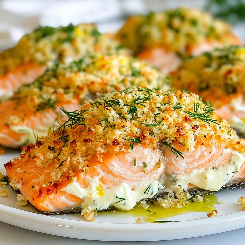 - 4 salmon fillets - 150g Boursin cheese (or similar) - 1 tablespoon olive oil - 1 lemon, zest and juice - 1 tablespoon fresh parsley, chopped - 1 tablespoon fresh dill, chopped - 1/2 cup breadcrumbs (preferably panko) - 1 teaspoon garlic powder - Salt and pepper to taste When you make Baked Boursin Salmon, start with the main ingredients. You need fresh salmon fillets. They should be thick and vibrant. Boursin cheese adds creaminess and flavor to each bite. Olive oil helps keep the fish moist and enhances the taste. Next, you add flavor enhancers. The zest and juice from a lemon brighten the dish. Fresh parsley and dill give it a nice herbal touch. These herbs pair well with salmon. For the crunchy topping, panko breadcrumbs work best. They create a crisp texture. Garlic powder adds depth to the flavor. Finally, salt and pepper help bring out all the flavors. This simple mix of ingredients makes a tasty meal that everyone will love. {{ingredient_image_1}} - First, preheat your oven to 375°F (190°C). This helps cook the salmon evenly. - Next, prepare your baking sheet by lining it with parchment paper. This keeps the salmon from sticking. - In a small bowl, mix the breadcrumbs, parsley, dill, garlic powder, salt, and pepper. This adds great flavor. - Pat the salmon fillets dry with a paper towel. Place them on the prepared baking sheet. This helps the toppings stick better. - Drizzle the olive oil over the salmon fillets. Then, rub the lemon zest and juice on each piece. Add a bit of salt and pepper to taste. - Spread a generous layer of Boursin cheese on each fillet. This makes the salmon creamy and rich. - Top the cheese with the breadcrumb mixture. Gently press it down to make sure it sticks. - Bake in the oven for 15-20 minutes. The salmon should be cooked through, and the topping should be golden brown and crispy. To get the best salmon, bake it for 15 to 20 minutes. This time works well for even cooking. Check the salmon’s center; it should be opaque and flake easily. For crispy breadcrumbs, use panko instead of regular ones. Panko makes a light and crunchy topping. Press the breadcrumb mix down firmly on the cheese. This helps it stay on during baking. You can boost the flavor by adding herbs or spices. Try fresh thyme or basil for a new twist. You can also use smoked paprika for a touch of heat. If you want a different cheese, try goat cheese or cream cheese. These options can change the taste while keeping the dish creamy. A good baking sheet is key. Use one with a rim to catch any drips. I recommend lining it with parchment for easy cleanup. For prep, have a sharp knife and a cutting board ready. A zester helps you get the lemon zest easily. A mixing bowl is handy for the breadcrumb mix. These tools make cooking smoother and more fun. Pro Tips Choose the Right Salmon: Opt for wild-caught salmon if possible for better flavor and texture. Enhance the Herb Flavor: Feel free to add other herbs like tarragon or chives for a different twist. Check for Doneness: Use a fork to check if the salmon flakes easily, indicating it's cooked through. Make Ahead: You can prepare the breadcrumb mixture and Boursin-topped salmon ahead of time and refrigerate until ready to bake. {{image_2}} You can switch Boursin cheese for other options. Cream cheese or goat cheese work well. Look for cheeses with herbs and garlic for similar taste. You can even try a spicy cheese for a kick. Experimenting with flavored cheeses makes this dish fun and unique. Salmon is great, but you can also use other proteins. Try baked trout or cod for a lighter meal. Chicken breasts are another tasty choice. Just adjust the cooking time for each protein to ensure they cook through properly. Pair your Baked Boursin Salmon with great sides. Roasted asparagus or green beans add color and crunch. A light salad with mixed greens and lemon dressing works well too. For starches, consider fluffy rice or creamy mashed potatoes. These sides balance the dish and make it more filling. To keep baked salmon fresh, let it cool first. Then, wrap it tightly in plastic wrap or aluminum foil. You can also place it in an airtight container. This helps keep moisture in and air out. Use a glass or plastic container for the best results. Store it in the fridge for up to three days. The best way to reheat salmon is in the oven. Preheat the oven to 275°F (135°C). Place the salmon on a baking sheet. Cover it loosely with foil to keep it moist. Heat for about 15 minutes or until warm. To keep the topping crispy, avoid microwaving it. If you must use a microwave, cover the salmon with a paper towel. This helps prevent steam from making the topping soggy. You can freeze baked salmon, but it’s best if you do it right away. Wrap each fillet tightly in plastic wrap. Then, place it in a freezer bag. Remove as much air as possible before sealing. This helps prevent freezer burn. When ready to eat, thaw the salmon in the fridge overnight. Once thawed, reheat it in the oven. This keeps the salmon tasty and safe to eat. Bake Baked Boursin Salmon at 375°F (190°C) for 15 to 20 minutes. The salmon should be cooked through, and the topping should turn golden brown. A fork should easily flake the salmon when it’s done. Check the salmon after 15 minutes to avoid overcooking. Yes, you can use other cheese options. Cream cheese, goat cheese, or any garlic and herb cheese work well. Each cheese adds its own flavor and texture. If you want a different taste, try mixing in some spices or herbs with the cheese. Baked Boursin Salmon pairs well with many sides. Consider serving it with roasted vegetables, a light salad, or rice. You can also serve it with mashed potatoes or quinoa for a hearty meal. Choose sides that balance the creamy cheese flavor. Yes, Boursin cheese is gluten-free. It contains no wheat or gluten ingredients. However, always check the label for any changes in the recipe. If you have severe allergies, double-check with the brand to ensure safety. You can prepare this dish ahead of time. Assemble the salmon with the cheese and breadcrumb topping, then store it in the fridge. Bake it just before serving. This saves time and makes it easy to enjoy a tasty meal with friends or family. You can create a delicious Baked Boursin Salmon with just a few simple steps. We covered ingredients, preparation, and baking tips to ensure your dish shines. Remember, the right toppings and storage methods keep your salmon fresh. Feel free to experiment with cheeses and side dishes. With these ideas, you can make a truly enjoyable meal. Now, it's time to gather your ingredients and get cooking! Enjoy your next dinner adventure.