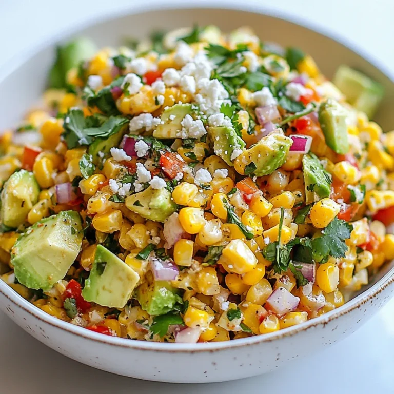 To make Mexican street corn salad, you need fresh items. Here’s what you will need: - 4 ears of corn, husked and cleaned - 1 red bell pepper, diced - 1 small red onion, finely chopped - 1 avocado, diced - 1/2 cup cotija cheese, crumbled (or feta as a substitute) - 1/4 cup fresh cilantro, chopped - 2 tablespoons mayonnaise - 2 tablespoons lime juice - 1 teaspoon chili powder - Salt and pepper to taste Fresh ingredients make the salad tasty and crisp. Corn is the star of this dish. Use sweet corn for the best flavor. Look for bright, plump ears with no brown spots. Choosing the right corn and cheese matters a lot. For corn, select sweet and fresh ears. Grilling it adds a nice smoky taste. It gives the salad a great texture. Cotija cheese adds saltiness and creaminess. If you can’t find cotija, feta works well too. It will still give you a tasty dish. You can boost the flavor with some optional ingredients. Try adding jalapeños for heat. A sprinkle of smoked paprika can add depth. You can also add a splash of hot sauce for extra kick. Customize the salad to suit your taste. It’s fun to explore different flavors! {{ingredient_image_1}} Grilling corn gives it a nice smoky flavor. Start by heating your grill to medium-high. Place the husked corn directly on the grill. Grill for 10-15 minutes. Turn the corn every few minutes. You want the kernels to char slightly. This adds depth to the taste. Once done, remove the corn and let it cool. After the corn cools, slice off the kernels. Use a sharp knife for this. Place the kernels in a large bowl. Next, add the diced red bell pepper and chopped red onion. The colors will look vibrant and inviting. Then, add the diced avocado for creaminess. Mix these ingredients well to combine. In a small bowl, whisk together mayonnaise and lime juice. Add chili powder for a spicy kick. Don’t forget a pinch of salt and pepper. Mix until smooth. Pour this dressing over the corn mixture. Gently toss everything together. You want each piece to be coated in the dressing. Now, fold in the crumbled cotija cheese and chopped cilantro. This gives the salad a fresh taste. Taste the salad and adjust the seasoning if needed. If you like it tangier, add more lime juice. Refrigerate the salad for at least 30 minutes. This lets the flavors meld together. Serve it chilled for a refreshing dish! Grilling corn gives your salad a rich, smoky flavor. Start by preheating your grill to medium-high heat. Place the corn directly on the grill. Cook it for about 10 to 15 minutes. Turn the corn every few minutes. You want the kernels to get a slight char. This charring adds depth to the dish. Once done, let the corn cool before cutting the kernels off. You can easily make this salad your own. Add diced tomatoes for extra color and flavor. You might enjoy black beans for added protein. Swap the cotija cheese for feta if you prefer. Want a kick? Mix in diced jalapeños or extra chili powder. Fresh herbs like basil or parsley can brighten the dish. Don’t be afraid to experiment! If you have leftovers, store them in an airtight container. Keep the salad in the fridge. It’s best to eat it within three days. The flavors will continue to meld, making it even tastier. If you want to keep it fresh, hold back the avocado until serving. This will help prevent browning. Pro Tips Grilling Corn: Grilling the corn adds a smoky flavor; make sure to rotate it frequently for even charring. Fresh Ingredients: Use fresh lime juice and ripe avocados for the best flavor and texture in your salad. Chill Time: Allowing the salad to chill for at least 30 minutes helps meld the flavors together beautifully. Experiment with Spice: Adjust the chili powder to your taste, or add diced jalapeños for an extra kick! {{image_2}} You can easily make this dish vegetarian or vegan. For a vegetarian option, just skip the cotija cheese or use a plant-based version. If you want a vegan twist, swap the mayonnaise for vegan mayo. You can also add more veggies like black beans or cherry tomatoes for extra flavor and texture. For those who love a kick, try adding jalapeños. You can use fresh sliced jalapeños or pickled ones. Another option is to add more chili powder or even hot sauce. This will bring a bold heat to the salad. Just remember to taste as you go to find your perfect spice level. Serve this salad in a large bowl for sharing. You can garnish with extra cilantro and lime wedges for a pop of color. Pair it with grilled meats or fish for a full meal. It also works great as a side dish at BBQs or potlucks. For a fun twist, serve it in small cups as a starter at gatherings. To keep your Mexican street corn salad fresh, store it in an airtight container. Make sure the lid fits snugly. Place the container in the fridge right after serving. This salad tastes best within three days. If you let it sit too long, the flavors may change. You can freeze this salad for longer storage, but the texture may change. To freeze, place the salad in a freezer-safe container. Leave some space at the top for expansion. Use it within two months for the best taste. Thaw it in the fridge overnight before using. Reheat your corn salad in the microwave if you prefer it warm. Use a microwave-safe bowl and cover it loosely. Heat in short bursts of 30 seconds. Stir after each burst. This way, it warms evenly. If you prefer it cold, just enjoy it straight from the fridge! You can serve this salad with grilled chicken or fish. It pairs well with tacos, especially pork or chicken. Try it as a side dish for a barbecue. You can also enjoy it with chips as a light snack. Yes, you can use feta cheese instead of cotija. Feta has a similar taste and texture. If you want a dairy-free option, try using a cashew cheese. This will add creaminess without the dairy. This salad lasts about 3 days in the fridge. Store it in an airtight container to keep it fresh. The flavors blend well over time, making it even tastier the next day. Yes, this dish is gluten-free. All the ingredients are naturally gluten-free. You can enjoy it confidently, even if you have gluten sensitivities. Mexican street corn salad is a tasty and fun dish. We explored fresh ingredients, like corn and cheese, to make your salad pop. Grilling tips help you get the best flavor. Don’t forget the dressing, and feel free to customize the salad to your taste. Proper storage keeps leftovers fresh, and variations can give you new ideas. Remember, cooking should be fun and creative. Enjoy making this dish and sharing it with others. Your taste buds will thank you!
