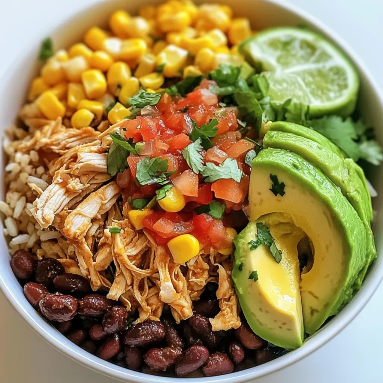 - 1 lb (450g) boneless, skinless chicken breasts - 1 cup brown rice, rinsed - 1 can (15 oz) black beans, drained and rinsed - 1 cup corn kernels (frozen or canned) - 1 cup salsa (mild or spicy, based on preference) - 1 teaspoon chili powder - 1 teaspoon cumin - 1 teaspoon garlic powder - ½ teaspoon onion powder - 1 cup chicken broth - Salt and pepper to taste - 1 avocado, sliced - Fresh cilantro for garnish - Lime wedges for serving Let’s break down these ingredients. The chicken breasts are tender and soak up all the flavors. Brown rice gives a nice texture and is filling. Black beans add protein and fiber. For the additional ingredients, corn brings sweetness and color. Salsa adds zest, while spices like chili powder and cumin deepen the flavor. Garlic and onion powders enhance the dish without overpowering it. Chicken broth keeps everything moist and adds richness. Lastly, garnishes like creamy avocado, bright cilantro, and zesty lime make the bowl pop. These toppings not only look good but also add fresh flavors. Enjoy mixing and matching these ingredients to create your perfect chicken burrito bowl! {{ingredient_image_1}} Start by taking the chicken breasts. Pat them dry with a paper towel. This helps the spices stick. Next, season the chicken with salt, pepper, chili powder, cumin, garlic powder, and onion powder. Rub the spices all over the chicken. This step adds great flavor to your dish. I recommend using boneless, skinless chicken breasts. They cook evenly and shred easily. You can also use thighs if you prefer darker meat. Just remember to adjust the cooking time if you change the cut. Place the seasoned chicken at the bottom of the Instant Pot. Next, add the rinsed brown rice on top of the chicken. This keeps the rice from burning. Then, pour in the drained black beans, corn, and salsa. Lastly, add the chicken broth. Stir gently but do not disturb the chicken layer. Close the lid and set the valve to 'sealing'. Select the 'Manual' or 'Pressure Cook' setting. Cook on high pressure for 10 minutes. This will lock in flavor and moisture. After cooking, let the Instant Pot naturally release pressure for 10 minutes. Then, switch the valve to 'venting' to let out any remaining steam. Open the lid and use two forks to shred the chicken right in the pot. Mix everything together to blend the flavors. Spoon the chicken and rice mixture into bowls. Top with sliced avocado and a sprinkle of fresh cilantro. Serve with lime wedges on the side for added zest. Enjoy your tasty and colorful burrito bowls! Achieving Perfectly Cooked Rice To get perfect rice in your burrito bowls, rinse the brown rice well before cooking. This step helps remove excess starch, which can make the rice sticky. Use the right water ratio: for one cup of rice, use one cup of chicken broth. This adds flavor and keeps the rice fluffy. Preventing Burn Errors Burn errors can happen if ingredients stick to the bottom. To avoid this, layer your ingredients carefully. Place the chicken at the bottom, then add the rinsed rice, and finally pour in the other ingredients. Make sure to not stir them too much. This keeps everything safe from burning. Adding Extra Spices If you want more flavor, you can add extra spices. Try adding smoked paprika for a rich taste. A pinch of cayenne can add heat if you like it spicy. Feel free to play with flavors until you find your perfect mix. Suggestions for Toppings Toppings make your burrito bowls fun and tasty. Besides avocado and cilantro, you can add diced tomatoes, shredded cheese, or sour cream. Lime wedges are great for squeezing over the top. These add freshness and flavor to each bite. Stovetop Method If you don't have an Instant Pot, you can still make these bowls on the stovetop. Start by sautéing the chicken in a pot, then add the rice and other ingredients. Cover and simmer for about 20-25 minutes. Stir occasionally to make sure nothing sticks. Cooking for Meal Prep These burrito bowls are great for meal prep. You can make a big batch and store it in the fridge. Portion them into containers for easy meals throughout the week. Just reheat and enjoy a quick, healthy dinner! Pro Tips Use Fresh Ingredients: Fresh ingredients not only enhance the flavor but also add nutritional value to your meal. Customize Your Spice Level: Adjust the amount of chili powder or salsa to suit your taste preferences for a milder or spicier dish. Meal Prep Friendly: This recipe is perfect for meal prepping; simply divide into containers for easy grab-and-go lunches. Garnish for Flavor: Don’t skip the avocado and cilantro; they add freshness and creaminess that elevate the dish significantly. {{image_2}} Using Quinoa Instead of Rice You can swap brown rice for quinoa. Quinoa cooks faster and adds a unique flavor. It also packs more protein and nutrients. Use the same amount of quinoa as rice in your dish. Just rinse it well before adding to the pot. Alternative Beans Black beans are great, but you can use pinto or kidney beans. Each type brings a different taste and texture to the bowl. You can also try chickpeas for a fun twist. Just make sure to drain and rinse any canned beans. Spicy vs. Mild Salsa Choose your salsa based on your spice level. A mild salsa is great for kids or those who prefer less heat. If you love spice, go for a hot salsa. You can even mix different salsas for more flavor depth. Different Protein Options Chicken is delicious, but you can switch it up. Try using turkey or beef for a change. For a vegetarian option, use grilled veggies or tofu. Each protein will change the dish's flavor and feel. Unique Toppings Get creative with your toppings. Besides avocado and cilantro, try diced tomatoes or jalapeños. Add some shredded cheese or sour cream for creaminess. These toppings add fun textures and tastes to the bowls. Seasonal Vegetable Additions Add seasonal vegetables for extra color and nutrition. Think bell peppers, zucchini, or corn in the summer. In fall, add roasted squash or sautéed greens. These veggies not only taste good but also make your bowl pop with color. To keep your chicken burrito bowls fresh, store them in airtight containers. This method helps prevent drying out. Make sure to cool the dish to room temperature before sealing. Place in the fridge for up to three days. If you want to keep it longer, consider freezing it. When reheating, you have two good options: the microwave or the stove. The microwave is quick and easy. Just place your bowl in and heat for 1-2 minutes. Stir halfway for even heating. The stove takes a bit longer but can keep the flavors fresh. Use a pan over low heat and stir often. For freezing, ensure the dish is completely cool. Portion it into freezer-safe bags or containers. Remove as much air as possible. You can freeze the bowls for up to three months. When ready to eat, thaw in the fridge overnight and reheat. Meal prep makes busy days easier. Start by preparing ingredients in advance. Rinse the rice, drain the beans, and chop the avocado. You can store each item in separate containers in the fridge. Batch cooking is also a great strategy. Make a double batch of the burrito bowls and store the extras. This method saves time and gives you quick meals for the week. Plus, you can mix and match toppings for variety! How to avoid dry chicken in the Instant Pot? To keep chicken juicy, use enough broth. The broth helps keep moisture. Season your chicken well, too. Avoid overcooking. Follow the timing closely for best results. Let it rest after cooking. This helps the juices spread throughout the meat. Can I use frozen chicken breasts? Yes, you can use frozen chicken. Just add a few extra minutes to the cooking time. Make sure to layer the frozen chicken at the bottom. This helps it cook evenly. Always check that it reaches a safe temperature. How to make it vegetarian? For a vegetarian option, replace chicken with extra beans or tofu. You can also add more veggies, like bell peppers or zucchini. This keeps the dish hearty and satisfying. Use vegetable broth instead of chicken broth for flavor. Can I use quick-cooking rice? You can use quick-cooking rice, but adjust the liquid and time. Quick-cooking rice needs less broth and shorter cooking time. Always check the package for specific instructions. You want the rice to cook perfectly with the other ingredients. What can I serve with burrito bowls? You can serve burrito bowls with tortilla chips or a side salad. Guacamole and salsa make great toppings, too. Try adding a scoop of sour cream or cheese. These extras add flavor and fun to your meal. How to customize individual servings? Each person can add their favorite toppings. Offer options like diced tomatoes, jalapeños, or olives. You can even have a taco bar with different toppings. This way, everyone can make their bowl just how they like it. This article laid out a simple way to create tasty burrito bowls. You learned about key ingredients, how to prepare chicken, and cooking with the Instant Pot. I shared tips on flavor and storage too. You can change the ingredients to suit your taste and meal prep needs. Enjoy making and sharing these bowls with friends and family. They’re not just delicious; they’re easy to customize and fun to eat! Now, grab your ingredients and get cooking!