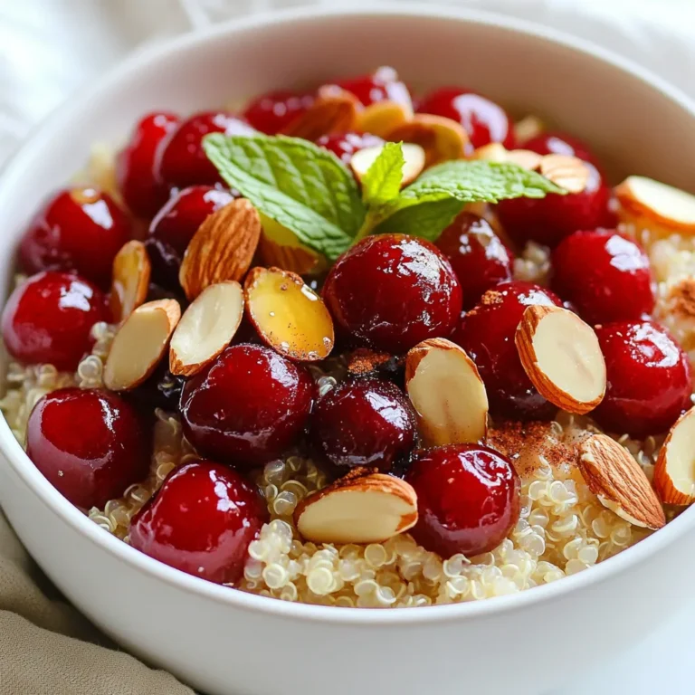 - 1 cup quinoa, rinsed - 2 cups almond milk (or any milk of choice) - 1 cup cherries, pitted and halved - 1/2 cup sliced almonds, toasted - 2 tablespoons honey or maple syrup (adjust to taste) - 1 teaspoon pure almond extract - 1/2 teaspoon cinnamon - Pinch of salt - Fresh mint leaves for garnish (optional) The main ingredients in this dish include quinoa, almond milk, and cherries. Quinoa is a great source of protein and fiber. It cooks up fluffy and adds a nice texture. Almond milk gives a creamy feel without dairy. It’s a perfect base for breakfast. Cherries add a pop of sweetness and tartness, making this meal fun. You will also need sliced almonds, honey or maple syrup, and almond extract. Sliced almonds bring a nice crunch that contrasts well with the soft quinoa. Sweeteners like honey or maple syrup help balance the tartness of the cherries. Almond extract enhances the nutty flavor, making the dish rich. For spices, we use cinnamon and salt. Cinnamon adds warmth and depth. A pinch of salt brings out all the flavors. Fresh mint leaves are optional but make a lovely garnish. They add a fresh note that brightens the dish. Gather these ingredients to create a nutritious and tasty breakfast. Each element plays a role in making this meal a delicious power boost. {{ingredient_image_1}} - First, rinse 1 cup of quinoa under cold water. This step helps remove any bitterness. - In a medium saucepan, combine the rinsed quinoa with 2 cups of almond milk, a pinch of salt, and 1/2 teaspoon of cinnamon. Stir gently to mix all the ingredients. - Next, bring the mixture to a boil over medium-high heat. Watch closely to prevent it from boiling over. - Once boiling, reduce the heat to low. Cover the saucepan and let it simmer for about 15 minutes. The quinoa should absorb all the liquid and become fluffy. - After cooking, fluff the quinoa with a fork. Stir in 2 tablespoons of honey or maple syrup and 1 teaspoon of almond extract. You can adjust the sweetness as you like. - Next, gently fold in 1 cup of halved cherries and half of the 1/2 cup of toasted almonds. Keep the rest of the almonds for topping later. - Serve the cherry almond quinoa warm in bowls. Top each bowl with the remaining toasted almonds. Add fresh mint leaves for a beautiful garnish if you wish. Rinsing quinoa is a key step. Quinoa has a bitter coating called saponin. Rinse it well under cold water. This removes the bitterness. Use a fine mesh strainer to make rinsing easier. Adjusting cooking times may change your result. After boiling, lower the heat and cover the pot. Let it simmer for about 15 minutes. Check for doneness. The quinoa should be fluffy and all the liquid should be absorbed. If it’s still crunchy, add a little water and cook longer. Choosing the right sweetener can change your dish. Honey adds a lovely floral taste. Maple syrup gives a rich, caramel flavor. You can even mix both to find your perfect taste. Taste testing is important as well. Start with the recipe's suggested amount. Then, add more sweetener if you like it sweeter. Mix well and taste again. This way, you can find what makes you happy. If you want alternatives to mint, try basil or even edible flowers. These can brighten your dish and add color. Fresh basil gives a unique twist that pairs nicely with cherries. For creative toppings, consider coconut flakes or chia seeds. You can also add more sliced almonds for crunch. Drizzle extra honey or maple syrup on top for added sweetness. Pro Tips Use Fresh Cherries: Fresh cherries will provide the best flavor and texture. If using frozen, be sure to thaw and drain them before adding to the quinoa. Toast Almonds for Extra Flavor: Toasting the almonds enhances their nutty flavor, adding depth to your dish. Simply sauté them in a dry skillet until golden brown. Experiment with Sweetness: Adjust the sweetness to your preference. Start with less honey or maple syrup and add more if desired after mixing in the cherries. Try Different Milks: While almond milk is delicious, feel free to try coconut milk or oat milk for varied flavors and creaminess. {{image_2}} You can switch up the fruit in this recipe. Consider using blueberries, strawberries, or peaches. Each fruit adds its own taste and color, making the dish fun and fresh. You can also use dairy-free milk options like oat, coconut, or soy milk. Each choice brings a different flavor and texture. To make your quinoa pop, try adding spices. Cardamom or nutmeg can give it a warm twist. You might also like to add nut butters. Almond butter or peanut butter can boost the creaminess and flavor of the dish. Just mix a spoonful in when you add the sweeteners. You can enjoy Cherry Almond Breakfast Quinoa in many ways. Pair it with yogurt for a creamy contrast. This adds protein and makes it more filling. You can also serve it as a dessert option. It looks beautiful in a bowl and tastes sweet enough to satisfy your cravings. Store your Cherry Almond Breakfast Quinoa in an airtight container. This keeps it fresh and tasty. You can put it in the fridge for up to four days. Make sure it cools before sealing the container. This helps prevent moisture loss. You can reheat quinoa in the microwave or on the stovetop. For the microwave, place it in a bowl and cover with a damp paper towel. Heat for one to two minutes. Stir halfway through for even warmth. For the stovetop, add a splash of almond milk to a pan. Heat on low until warm, stirring gently. This keeps the quinoa fluffy and moist. Yes, you can freeze quinoa! Place it in a freezer-safe container. It stays good for up to three months. When ready to eat, thaw it in the fridge overnight. For quick thawing, you can use the microwave on low. This helps maintain the texture and taste. Yes, you can substitute quinoa with other grains. Some good options are: - Brown rice - Millet - Buckwheat Each grain has its own cooking time. For example: - Brown rice takes about 45 minutes. - Millet cooks in about 20 minutes. - Buckwheat usually takes around 15 minutes. Check the package for exact times. Adjust the liquid used based on the grain. Cherry Almond Breakfast Quinoa lasts about four to five days in the fridge. Store it in an airtight container. Signs of spoilage include: - Off smell - Changes in color - Unwanted mold If you notice any of these signs, it’s best to discard the quinoa. Yes, this recipe is gluten-free. Quinoa is a gluten-free grain. However, be cautious about cross-contamination. If you use packaged quinoa, check for a gluten-free label. This ensures it was not processed in a facility that handles gluten-containing grains. This blog post covers how to make an easy Cherry Almond Breakfast Quinoa. You learned about key ingredients like quinoa, almond milk, and cherries. The step-by-step guide helps you prepare and assemble the dish. Helpful tips can make your quinoa perfect. Feel free to try variations and adjust flavors to your liking. With proper storage, leftovers can stay fresh. Enjoy this tasty, healthy breakfast any day. It’s simple and delicious!