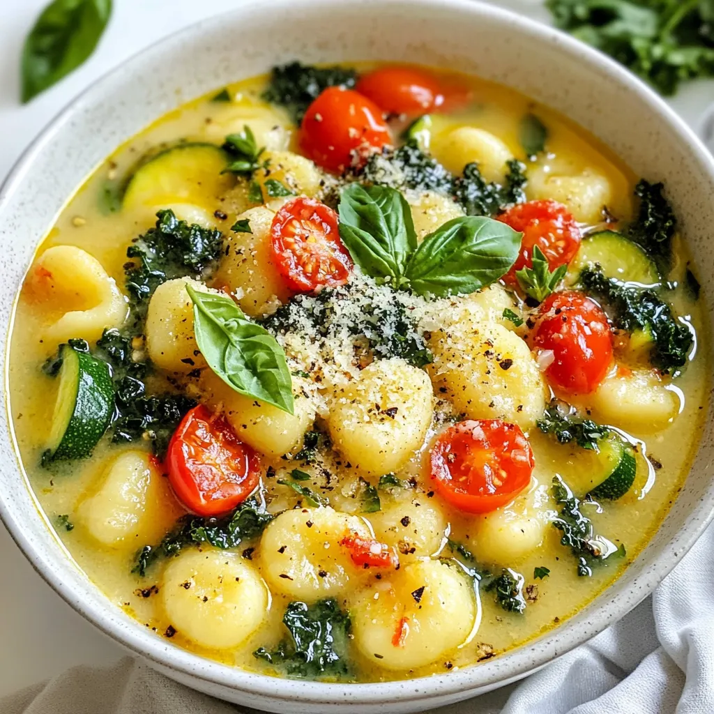 Gnocchi soup comes in many tasty forms. You can make it with different veggies and broths. Each type offers a unique taste. For example, a classic version uses potato gnocchi and rich broth. A garden delight version adds fresh veggies like zucchini and kale. You can also try gnocchi soup with creamy bases for a warm, filling meal. Gnocchi soup is not just delicious; it is also good for you. The soup is often packed with vitamins from the veggies. Kale and spinach boost your iron and vitamin K. Carrots add a sweet flavor and are great for your vision. The broth keeps you hydrated and warms you up. If you use whole-plant ingredients, you can enjoy a healthy, comforting dish. Gnocchi has roots in Italy, where it began as a pasta dish. It was made from flour and potatoes. Over time, it became popular in soups. Italian families often made it at home. They used what they had on hand, making each soup unique. Today, we enjoy gnocchi soup worldwide, with many tasty twists and variations. {{ingredient_image_1}} - 1 package (16 oz) potato gnocchi - 4 cups vegetable broth - 1 cup cherry tomatoes, halved - 1 cup zucchini, diced - 1 cup kale or spinach, chopped - 1 medium carrot, diced - 1 teaspoon garlic powder - 2 tablespoons olive oil - Salt and pepper, to taste - Fresh basil leaves, for garnish - 1/2 cup Parmesan cheese, grated (optional for serving) 1. First, heat the olive oil in a large pot over medium heat. 2. Next, add the diced carrots and sauté for about 3-4 minutes. 3. Then, add the zucchini and cherry tomatoes. Cook for another 3 minutes. 4. Now, pour in the vegetable broth and bring it to a gentle simmer. 5. Season the broth with garlic powder, salt, and pepper. 6. Once simmering, add the potato gnocchi. Cook until they float, about 2-3 minutes. 7. Stir in the chopped kale or spinach. Let it wilt for about a minute. 8. Finally, taste and adjust the seasoning if needed. - Always cut the vegetables into even pieces. This helps them cook evenly. - Use fresh herbs for a bright flavor. Basil adds a lovely touch. - If you want a richer taste, add a splash of cream. - For a vegan version, skip the cheese or use a plant-based alternative. - Store leftover soup in the fridge for up to 3 days. - Reheat gently on the stove to keep the gnocchi tender. You can mix up the veggies in gnocchi soup. Try using bell peppers, green beans, or peas. These add color and flavor. You can also use root veggies like sweet potatoes or parsnips. Each choice brings a new taste and texture. Don’t forget to keep the garlic powder to boost the flavor. Adding protein makes your soup heartier. Consider using cooked chicken, sausage, or beans. Shredded rotisserie chicken works well and saves time. If you want plant-based options, try chickpeas or lentils. These options pack a nutritious punch and keep you full longer. You can create vegan gnocchi soup by swapping out a few ingredients. Use vegetable broth and skip the cheese. Look for gluten-free gnocchi made from rice or corn. This way, everyone can enjoy your soup, no matter their diet. You can also add extra veggies for more nutrients and flavor. Pro Tips Fresh Vegetables: Use seasonal vegetables for the best flavor and nutrition. Fresh ingredients can elevate the taste of your soup. Gnocchi Cooking Time: Keep an eye on the gnocchi as they cook; they are done when they float to the top. Overcooking can make them mushy. Flavor Boost: For added depth, consider adding a splash of lemon juice or a sprinkle of red pepper flakes before serving. Storage Tips: If you have leftovers, store the soup and gnocchi separately to prevent the gnocchi from absorbing too much liquid and becoming soggy. {{image_2}} Gnocchi soup pairs well with warm, crusty bread. A fresh baguette works great or try focaccia. Both soak up the tasty broth. A light salad can also add freshness. Consider a simple green salad with lemon vinaigrette. This brightens the meal and adds crunch. Garnishing your soup makes it look and taste better. Fresh basil leaves add a nice touch. They bring a burst of flavor and a pop of color. Grated Parmesan cheese is another great option. It adds creaminess and richness. You can also try a drizzle of olive oil for extra flavor. Serve your soup in shallow bowls for a nice look. This helps show off the colorful veggies. Add the garnishes carefully on top. A sprinkle of cheese or basil can make a big difference. For a touch of elegance, use a colorful napkin or a fun serving spoon. Enjoy your beautiful, tasty meal! To keep your gnocchi soup fresh, let it cool first. Store it in an airtight container. This method helps keep flavors strong. Place the container in the fridge. It will stay good for about three to four days. If you plan to eat it later, freezing is a better option. Freezing gnocchi soup is simple and effective. Pour cooled soup into freezer-safe bags or containers. Leave some space at the top for expansion. Label each bag with the date. This step helps you track how long it's been frozen. The soup can last up to three months in the freezer. When you're ready to eat it, just thaw it overnight in the fridge. Reheating gnocchi soup needs care. Start by placing the soup in a pot. Heat it on low to medium heat. Stir often to avoid sticking. If the soup seems thick, add a touch of broth or water. This keeps the texture smooth. For a quick option, you can use the microwave. Heat it in short bursts, stirring in between. Enjoy your warm, comforting soup! Yes, you can use homemade gnocchi. Fresh gnocchi adds a special touch. Just make sure they are cooked properly. Follow the same cooking times as store-bought gnocchi. This will keep your soup perfect and tasty. Gnocchi soup lasts about 3 to 4 days in the fridge. Store it in an airtight container. Make sure to cool the soup before sealing it. This helps keep the flavors fresh for your next meal. You can use chicken broth if you want a meatier flavor. Water with seasoning is another option. Try using homemade stock for a richer taste. Both alternatives will work well in your soup. To add spice, include red pepper flakes during cooking. You can also add diced jalapeños or chili powder. Adjust the amount to match your taste. Spicy sausage can be a great protein choice too. Gnocchi soup is versatile and tasty. You learned about various types and their health perks. The history adds depth to this dish. We explored a delicious Garden Delight recipe and steps to cook it right. You can get creative with different veggies and proteins, even with vegan options. Remember to serve it well and store it properly. Gnocchi soup is not just a meal; it’s an experience. Dive into its warmth and make it your own!