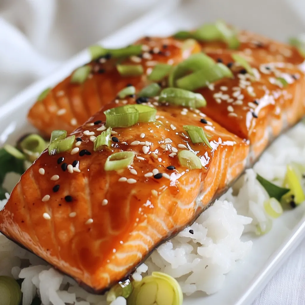 To create the perfect honey garlic glazed salmon, gather these simple ingredients: - 4 salmon fillets (6 ounces each) - 1/4 cup honey - 4 cloves garlic, minced - 2 tablespoons soy sauce (low sodium) - 1 tablespoon fresh ginger, grated - 1 tablespoon olive oil - Juice of 1 lemon - Salt and pepper to taste - 2 green onions, chopped (for garnish) - Sesame seeds (for garnish) These ingredients blend to form a sweet and savory glaze. The honey adds a nice touch of sweetness, while the garlic and ginger provide a warm, spicy flavor. Soy sauce gives depth, and lemon juice adds a fresh zing. When you pick your salmon, choose fillets with bright color and no strong smell. Fresh is best! You can also swap out the garnishes as you like. Green onions and sesame seeds enhance the dish visually and add extra taste. Gather these items, and you are ready to make a delightful meal that impresses without being too hard! {{ingredient_image_1}} To start, grab a medium-sized bowl. You will whisk together the following: - 1/4 cup honey - 4 cloves garlic, minced - 2 tablespoons soy sauce (low sodium) - 1 tablespoon fresh ginger, grated - 1 tablespoon olive oil - Juice of 1 lemon Whisk these ingredients until they mix well. This step creates a sweet and savory blend that makes your salmon shine. Next, take your salmon fillets and season them. Use salt and pepper on both sides. This adds flavor before marination. Once seasoned, place them in a shallow dish or a zip-lock bag. I recommend marinating the salmon for at least 30 minutes. If you have time, marinate for up to 2 hours. The longer it sits, the more flavor it gains. When marinating, keep the salmon in the refrigerator. This keeps it fresh and safe while it soaks up all those great flavors. Preheat your oven to 400°F (200°C). This temperature cooks the salmon evenly and helps it flake nicely. Line a baking sheet with parchment paper. This makes for easy clean-up. Place the marinated salmon fillets skin-side down on the sheet. Don't forget to save the leftover marinade for later. Bake the salmon in the oven for 12-15 minutes. You know it's done when it flakes easily with a fork. While the salmon bakes, take the reserved marinade and pour it into a small saucepan. Simmer it over medium heat for about 5 minutes. This thickens the marinade, creating a tasty glaze for serving. Once the salmon is cooked, drizzle the thickened glaze over each fillet. If you like a caramelized finish, broil the salmon for an extra 2-3 minutes. Just watch it closely to avoid burning. Let the salmon rest for a couple of minutes before serving. This helps the flavors settle. Enjoy your delicious honey garlic glazed salmon! To make the best honey garlic glaze, focus on flavor balance. Use fresh garlic for a strong taste. Grated ginger adds warmth and depth. The honey brings sweetness, while soy sauce gives saltiness. Marinating the salmon is key. Place the fish in the marinade for at least 30 minutes. If you have time, let it marinate for up to 2 hours. This step helps the salmon soak in all those tasty flavors. Cooking time can change based on oven temperature and salmon thickness. Preheat your oven to 400°F (200°C) for a perfect cook. Thin fillets take less time, about 12 minutes. Thicker fillets may need up to 15 minutes. Always check the salmon. It should flake easily with a fork when done. How you serve your honey garlic glazed salmon makes a big difference. Place the salmon on a bed of steamed rice or quinoa. This adds texture and pairs well with the glaze. Garnish with chopped green onions and sesame seeds. These add a fresh taste and a nice crunch. For sides, sautéed green vegetables work well. They add color and nutrients to your meal. Pro Tips Marinating Time: Allow the salmon to marinate for at least 30 minutes, but up to 2 hours for the best flavor infusion. Checking Doneness: Use a fork to gently poke the salmon; it should flake easily when cooked through. Thickening the Glaze: Simmer the reserved marinade until it thickens slightly; this enhances the flavor when drizzled over the salmon. Perfect Broiling: If broiling for a caramelized finish, keep a close eye on the salmon to prevent burning. {{image_2}} You can easily swap salmon for chicken or tofu. Chicken thighs work great in this recipe. Just ensure you cook the chicken until it reaches 165°F (75°C). For tofu, use firm or extra-firm varieties. Cut it into thick slices to hold up during cooking. Marinate the same way as salmon. The honey garlic glaze adds a tasty punch to both options. Try adding spices or citrus for extra flavor. Ginger pairs well with honey. You can also add red pepper flakes for some heat. A splash of orange juice can brighten the glaze. For a twist, experiment with different sauces. Teriyaki or hoisin sauce can replace soy sauce. Each option brings a new taste to the dish. You can grill or bake your protein. Grilling gives a nice char and smoky flavor. If you grill, keep an eye on the heat to avoid burning. Baking is simple and allows for even cooking. Preheat your oven to 400°F (200°C) for best results. You can also pan-sear the fillets for a crispy skin. Just heat some oil in a pan, then cook salmon skin-side down first. Each method offers a unique way to enjoy this dish. Store leftover salmon in an airtight container. Place it in the fridge within two hours of cooking. It will stay fresh for up to three days. To keep flavors intact, cover the salmon well. If you have leftover glaze, store it separately. This helps maintain the taste and texture. To freeze salmon, wrap each fillet tightly in plastic wrap. Then, place the wrapped fillets in a freezer bag. Remove as much air as you can before sealing. You can freeze salmon for up to three months. To defrost, place the salmon in the fridge overnight before cooking. When reheating salmon, do it gently. Preheat your oven to 275°F (135°C). Place the salmon on a baking sheet and cover it with foil. Heat for about 15 minutes, or until warm. This keeps the fish moist and tasty. Avoid using the microwave, as it can dry out the salmon. Enjoy your delicious Honey Garlic Glazed Salmon! You should marinate salmon for at least 30 minutes. This gives the fish time to soak up the flavors. If you have more time, marinate it for up to 2 hours. Longer marination can deepen the taste. Just remember to keep it in the fridge while it marinates. Yes, you can use frozen salmon. Just remember to thaw it first. The best way to thaw salmon is to place it in the fridge overnight. If you need it faster, you can seal it in a bag and run cold water over it. Once thawed, you can season and marinate as usual before cooking. Honey Garlic Glazed Salmon pairs well with many sides. Here are some great options: - Steamed rice or quinoa - Sautéed green vegetables like broccoli or asparagus - A fresh salad with a light dressing - Roasted sweet potatoes or regular potatoes These sides add color and balance to your meal. Enjoy mixing and matching! This blog post outlined a tasty recipe for Honey Garlic Glazed Salmon. We covered the key ingredients, easy steps, and helpful tips to make your meal great. You learned how to prepare and marinate the salmon well. We also discussed variations and storage tips. In closing, this dish is simple and full of flavor. You can enjoy it alone or with many sides. Try the recipe, and make it your own! Your kitchen will come alive with taste!