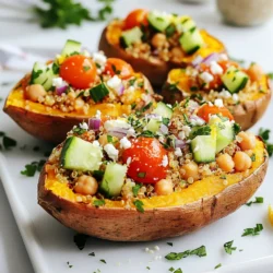 - 2 large sweet potatoes - 1 cup cooked quinoa - 1 can (15 oz) chickpeas, drained and rinsed - 1 cup cherry tomatoes, halved - 1 cucumber, diced - 1/4 cup red onion, finely chopped - 1/4 cup feta cheese, crumbled - 2 tablespoons olive oil - 2 tablespoons lemon juice - 1 teaspoon dried oregano - Salt and pepper to taste - Fresh parsley, chopped (for garnish) Sweet potatoes form the base of this dish. They add natural sweetness and a creamy texture. Quinoa brings protein and a nutty flavor. Chickpeas add a hearty bite that fills you up. The vegetables and herbs give freshness. Cherry tomatoes add juiciness, while cucumber offers crunch. Red onion adds a sharp note. Feta cheese gives a salty kick. Olive oil and lemon juice create a bright dressing that ties it all together. Seasonings like dried oregano, salt, and pepper enhance the flavors. Fresh parsley on top adds a pop of color and a burst of flavor. Each ingredient plays a role in making these stuffed sweet potatoes a delight. {{ingredient_image_1}} 1. Preheating the oven: Start by setting your oven to 400°F (200°C). This heat will cook the sweet potatoes evenly. 2. Washing and pricking the sweet potatoes: Rinse the sweet potatoes under cold water. Use a fork to prick them several times. This step helps steam escape while baking. 3. Baking time and temperature: Place the sweet potatoes on a baking sheet lined with parchment paper. Bake them for about 45-60 minutes. They are done when a fork easily pierces them. 1. Combining ingredients in a bowl: While the sweet potatoes bake, gather a large bowl. Add 1 cup of cooked quinoa, 1 can of drained chickpeas, halved cherry tomatoes, diced cucumber, chopped red onion, and crumbled feta cheese. 2. Mixing techniques and tips: Pour in 2 tablespoons of olive oil and 2 tablespoons of lemon juice. Add 1 teaspoon of dried oregano, salt, and pepper to taste. Stir everything well. Make sure the flavors blend nicely. 1. Scooping out sweet potatoes: Once the sweet potatoes cool slightly, cut them in half lengthwise. Gently scoop out some flesh to make space for the filling. You can save the flesh for another dish. 2. Filling and returning to the oven: Generously spoon the Mediterranean filling into each sweet potato half. Place the stuffed sweet potatoes back in the oven for an extra 10 minutes. This warms the filling. To make the best Mediterranean stuffed sweet potatoes, start with the right cooking time. Bake them for 45 to 60 minutes at 400°F (200°C). You'll know they're done when a fork easily pierces the flesh. If you want a faster method, you could microwave them. Prick the sweet potatoes and cook for about 8 to 10 minutes. You can get creative with the filling. Try swapping quinoa for couscous or farro for a different texture. For added flavor, mix in some olives, roasted red peppers, or artichokes. A pinch of smoked paprika can also add a nice touch. Garnishing makes a big difference. Top your stuffed sweet potatoes with fresh parsley for a pop of color. You can also drizzle a bit of extra lemon juice on top. Serve them on a colorful plate or platter to impress your guests. Consider pairing them with a light salad for a complete meal. Pro Tips Choose the Right Sweet Potatoes: Look for firm, smooth-skinned sweet potatoes without blemishes for the best flavor and texture. Customize Your Filling: Feel free to add any of your favorite vegetables or proteins to the filling, such as bell peppers or grilled chicken, to make it your own. Make Ahead: You can prepare the filling a day in advance and store it in the refrigerator. Just stuff the sweet potatoes and bake when ready to serve. Experiment with Spices: Add a pinch of cumin or smoked paprika to the filling for an extra layer of flavor that complements the Mediterranean theme. {{image_2}} You can add different proteins to the Mediterranean stuffed sweet potatoes for more flavor. Grilled chicken or shrimp can add a savory touch. Simply cook the protein first, then mix it into the filling. If you prefer vegetarian options, consider adding lentils or tempeh. Both are high in protein and blend well with the other ingredients. They also soak up the tasty spices and herbs. Switching up the grains can change the dish's texture and taste. Couscous or farro work great in this recipe. They add a nice chew and a nutty flavor. Just cook them according to package instructions before mixing into the filling. For those needing gluten-free options, stick with quinoa. It’s naturally gluten-free and has a fluffy texture. You could also try brown rice or millet for a different twist. To spice things up, add harissa or sriracha to the filling. Both of these sauces bring a kick that can brighten the dish. Start with a small amount; you can always add more if you like it spicy. For a fresh taste, use Mediterranean herb blends. Oregano, thyme, and basil are great choices. They add depth and elevate the flavors. Mix these herbs into the filling for a burst of Mediterranean flair. To keep your Mediterranean stuffed sweet potatoes fresh, store them in the fridge. Place them in an airtight container. They will stay good for about three to four days. If you want to save them longer, you can freeze them. Wrap each stuffed sweet potato in plastic wrap and then place them in a freezer bag. They will last up to three months in the freezer. The best way to reheat your stuffed sweet potatoes is in the oven. Preheat your oven to 350°F (175°C). Place the sweet potatoes on a baking sheet and heat for about 15-20 minutes. This method keeps the texture nice. You can also use the microwave for a quicker option. Heat on high for about 2-3 minutes. However, this may make the sweet potatoes a bit soggy. In the fridge, your stuffed sweet potatoes will last around three to four days. If you see any mold, or if they smell off, it's time to toss them. If you freeze them, they can stay good for three months. After this time, they may lose flavor and texture. Always check before you eat. Yes, you can make the filling ahead of time. Store it in an airtight container. It stays fresh for about three days in the fridge. When ready, just warm it up before stuffing the sweet potatoes. This saves time on busy days and boosts flavor. If you want to swap out quinoa, try couscous or farro. Both grains work well in this recipe. You can also use brown rice or bulgur for a different texture. For a gluten-free option, go with millet or even lentils. Yes, they are very healthy! Sweet potatoes provide fiber and vitamins. Quinoa adds protein and essential nutrients. Chickpeas also bring in protein and fiber. This meal is balanced and filling. Each serving has about 350 calories. To make the recipe vegan, skip the feta cheese. You can use avocado for creaminess. Nutritional yeast also adds a cheesy flavor. Use olive oil and lemon juice for a tasty dressing without dairy. In this blog post, we explored how to make delicious Mediterranean stuffed sweet potatoes. We covered ingredients, step-by-step instructions, and handy tips for perfecting your dish. You learned about various protein choices, grain options, and flavor profiles for added variety. Lastly, we discussed storage methods and reheating tips to keep your leftovers fresh. Embrace your creativity in the kitchen. Enjoy customizing this recipe to fit your taste. You’ll have a healthy and tasty meal ready to share.