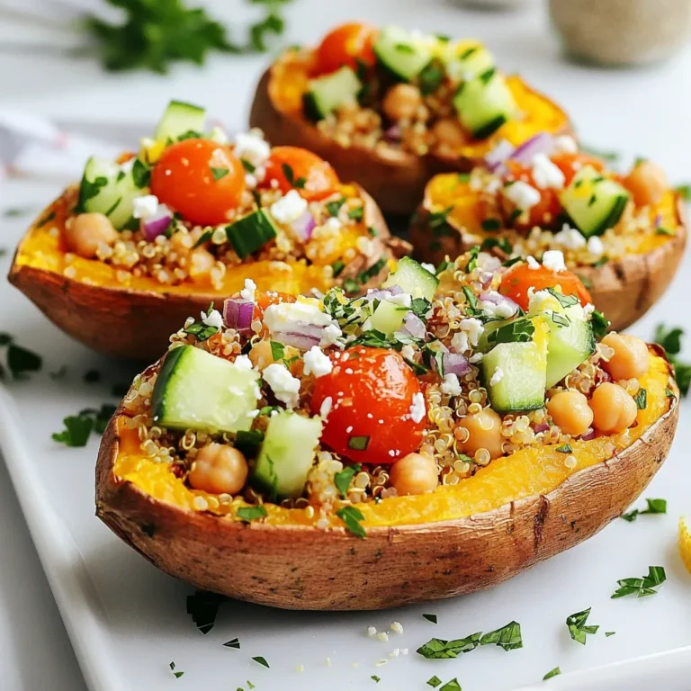 - 2 large sweet potatoes - 1 cup cooked quinoa - 1 can (15 oz) chickpeas, drained and rinsed - 1 cup cherry tomatoes, halved - 1 cucumber, diced - 1/4 cup red onion, finely chopped - 1/4 cup feta cheese, crumbled - 2 tablespoons olive oil - 2 tablespoons lemon juice - 1 teaspoon dried oregano - Salt and pepper to taste - Fresh parsley, chopped (for garnish) Sweet potatoes form the base of this dish. They add natural sweetness and a creamy texture. Quinoa brings protein and a nutty flavor. Chickpeas add a hearty bite that fills you up. The vegetables and herbs give freshness. Cherry tomatoes add juiciness, while cucumber offers crunch. Red onion adds a sharp note. Feta cheese gives a salty kick. Olive oil and lemon juice create a bright dressing that ties it all together. Seasonings like dried oregano, salt, and pepper enhance the flavors. Fresh parsley on top adds a pop of color and a burst of flavor. Each ingredient plays a role in making these stuffed sweet potatoes a delight. {{ingredient_image_1}} 1. Preheating the oven: Start by setting your oven to 400°F (200°C). This heat will cook the sweet potatoes evenly. 2. Washing and pricking the sweet potatoes: Rinse the sweet potatoes under cold water. Use a fork to prick them several times. This step helps steam escape while baking. 3. Baking time and temperature: Place the sweet potatoes on a baking sheet lined with parchment paper. Bake them for about 45-60 minutes. They are done when a fork easily pierces them. 1. Combining ingredients in a bowl: While the sweet potatoes bake, gather a large bowl. Add 1 cup of cooked quinoa, 1 can of drained chickpeas, halved cherry tomatoes, diced cucumber, chopped red onion, and crumbled feta cheese. 2. Mixing techniques and tips: Pour in 2 tablespoons of olive oil and 2 tablespoons of lemon juice. Add 1 teaspoon of dried oregano, salt, and pepper to taste. Stir everything well. Make sure the flavors blend nicely. 1. Scooping out sweet potatoes: Once the sweet potatoes cool slightly, cut them in half lengthwise. Gently scoop out some flesh to make space for the filling. You can save the flesh for another dish. 2. Filling and returning to the oven: Generously spoon the Mediterranean filling into each sweet potato half. Place the stuffed sweet potatoes back in the oven for an extra 10 minutes. This warms the filling. To make the best Mediterranean stuffed sweet potatoes, start with the right cooking time. Bake them for 45 to 60 minutes at 400°F (200°C). You'll know they're done when a fork easily pierces the flesh. If you want a faster method, you could microwave them. Prick the sweet potatoes and cook for about 8 to 10 minutes. You can get creative with the filling. Try swapping quinoa for couscous or farro for a different texture. For added flavor, mix in some olives, roasted red peppers, or artichokes. A pinch of smoked paprika can also add a nice touch. Garnishing makes a big difference. Top your stuffed sweet potatoes with fresh parsley for a pop of color. You can also drizzle a bit of extra lemon juice on top. Serve them on a colorful plate or platter to impress your guests. Consider pairing them with a light salad for a complete meal. Pro Tips Choose the Right Sweet Potatoes: Look for firm, smooth-skinned sweet potatoes without blemishes for the best flavor and texture. Customize Your Filling: Feel free to add any of your favorite vegetables or proteins to the filling, such as bell peppers or grilled chicken, to make it your own. Make Ahead: You can prepare the filling a day in advance and store it in the refrigerator. Just stuff the sweet potatoes and bake when ready to serve. Experiment with Spices: Add a pinch of cumin or smoked paprika to the filling for an extra layer of flavor that complements the Mediterranean theme. {{image_2}} You can add different proteins to the Mediterranean stuffed sweet potatoes for more flavor. Grilled chicken or shrimp can add a savory touch. Simply cook the protein first, then mix it into the filling. If you prefer vegetarian options, consider adding lentils or tempeh. Both are high in protein and blend well with the other ingredients. They also soak up the tasty spices and herbs. Switching up the grains can change the dish's texture and taste. Couscous or farro work great in this recipe. They add a nice chew and a nutty flavor. Just cook them according to package instructions before mixing into the filling. For those needing gluten-free options, stick with quinoa. It’s naturally gluten-free and has a fluffy texture. You could also try brown rice or millet for a different twist. To spice things up, add harissa or sriracha to the filling. Both of these sauces bring a kick that can brighten the dish. Start with a small amount; you can always add more if you like it spicy. For a fresh taste, use Mediterranean herb blends. Oregano, thyme, and basil are great choices. They add depth and elevate the flavors. Mix these herbs into the filling for a burst of Mediterranean flair. To keep your Mediterranean stuffed sweet potatoes fresh, store them in the fridge. Place them in an airtight container. They will stay good for about three to four days. If you want to save them longer, you can freeze them. Wrap each stuffed sweet potato in plastic wrap and then place them in a freezer bag. They will last up to three months in the freezer. The best way to reheat your stuffed sweet potatoes is in the oven. Preheat your oven to 350°F (175°C). Place the sweet potatoes on a baking sheet and heat for about 15-20 minutes. This method keeps the texture nice. You can also use the microwave for a quicker option. Heat on high for about 2-3 minutes. However, this may make the sweet potatoes a bit soggy. In the fridge, your stuffed sweet potatoes will last around three to four days. If you see any mold, or if they smell off, it's time to toss them. If you freeze them, they can stay good for three months. After this time, they may lose flavor and texture. Always check before you eat. Yes, you can make the filling ahead of time. Store it in an airtight container. It stays fresh for about three days in the fridge. When ready, just warm it up before stuffing the sweet potatoes. This saves time on busy days and boosts flavor. If you want to swap out quinoa, try couscous or farro. Both grains work well in this recipe. You can also use brown rice or bulgur for a different texture. For a gluten-free option, go with millet or even lentils. Yes, they are very healthy! Sweet potatoes provide fiber and vitamins. Quinoa adds protein and essential nutrients. Chickpeas also bring in protein and fiber. This meal is balanced and filling. Each serving has about 350 calories. To make the recipe vegan, skip the feta cheese. You can use avocado for creaminess. Nutritional yeast also adds a cheesy flavor. Use olive oil and lemon juice for a tasty dressing without dairy. In this blog post, we explored how to make delicious Mediterranean stuffed sweet potatoes. We covered ingredients, step-by-step instructions, and handy tips for perfecting your dish. You learned about various protein choices, grain options, and flavor profiles for added variety. Lastly, we discussed storage methods and reheating tips to keep your leftovers fresh. Embrace your creativity in the kitchen. Enjoy customizing this recipe to fit your taste. You’ll have a healthy and tasty meal ready to share.