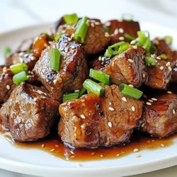 To make sweet and sticky steak bites, you need the following key ingredients: - 1 pound beef sirloin, cut into bite-sized cubes - 1/4 cup soy sauce - 1/4 cup honey - 2 tablespoons brown sugar - 2 cloves garlic, minced - 1 teaspoon fresh ginger, grated - 1 tablespoon sesame oil - 1 tablespoon cornstarch - Salt and pepper to taste These ingredients create a tasty marinade that brings out the steak's rich flavor. The soy sauce adds saltiness, while honey and brown sugar give it that sweet taste. You can add a few optional ingredients for extra flavor: - 1 teaspoon red pepper flakes Adding red pepper flakes gives the dish a nice kick. Adjust the amount based on your taste. Garnishes make your dish look great and add extra flavor. I recommend: - 2 green onions, sliced - Sesame seeds Green onions bring a fresh crunch, while sesame seeds add a nutty touch. These simple garnishes can elevate your dish and impress your guests. {{ingredient_image_1}} To start, I mix the marinade. In a bowl, I whisk together: - 1/4 cup soy sauce - 1/4 cup honey - 2 tablespoons brown sugar - 2 cloves garlic, minced - 1 teaspoon fresh ginger, grated - 1 tablespoon sesame oil - 1 teaspoon red pepper flakes (optional) I blend these until they are well mixed. This marinade gives the steak its sweet and sticky flavor. Next, I add 1 pound of beef sirloin cut into bite-sized cubes. I ensure each piece is coated well in the marinade. I cover the bowl and let the steak sit for at least 30 minutes at room temperature. For richer flavor, I often marinate it in the fridge for up to 2 hours. When ready to cook, I remove the steak from the marinade and set the liquid aside. I then pat the steak cubes dry with a paper towel. This helps them sear better. I heat a large skillet over medium-high heat. If the skillet looks dry, I add a little oil. I place the steak bites in a single layer and cook for 2-3 minutes on each side. I want them to have a nice golden crust. I sprinkle a bit of salt and pepper for taste. Once the steak bites are cooked, I lower the heat to medium. I pour the reserved marinade into the pan and add 1 tablespoon of cornstarch. I stir this mixture for about 2-3 minutes. The sauce will thicken and coat the steak bites nicely. After that, I remove the pan from the heat and transfer the steak bites to a serving dish. They look great! Marinating adds great flavor to your steak bites. Start with the right mix. I use soy sauce, honey, and brown sugar. Mix these well in a bowl. Add minced garlic and ginger for extra taste. You can also add red pepper flakes for some heat. Let the steak cubes sit in this marinade. I recommend at least 30 minutes at room temperature. For deeper flavor, marinate for up to 2 hours in the fridge. Always cover the bowl with plastic wrap. This prevents the flavors from escaping. Searing is key to great steak bites. First, dry the steak cubes with a paper towel. This helps them brown nicely. Heat a skillet over medium-high heat. Add a small drizzle of oil if needed. Once hot, place the steak in a single layer. Avoid overcrowding the pan. Cook for 2-3 minutes on each side. Look for a golden-brown crust. This adds flavor and texture. Season with salt and pepper during cooking. Once done, remove the steak from the heat. To thicken the sauce, use cornstarch. Mix it with the reserved marinade in the pan. Lower the heat to medium after cooking the steak. Stir the mixture consistently for 2-3 minutes. The sauce should become shiny and coat the steak bites well. This step is crucial for that sweet and sticky finish. If the sauce is too thin, add more cornstarch. Just mix it with a bit of cold water first. This prevents lumps. Enjoy your flavorful steak bites! Pro Tips Marination Time: For the best flavor, marinate the steak for at least 2 hours in the refrigerator. This allows the meat to absorb all the flavors from the marinade. Dry the Steak: Patting the steak cubes dry before searing helps achieve a better crust. Moisture on the surface can prevent proper browning. Heat Management: Ensure your skillet is hot before adding the steak. This will create a nice sear and caramelization, enhancing the overall flavor. Thickening the Sauce: When adding the cornstarch to the marinade, mix it well to avoid clumps. This will help create a smooth and glossy sauce that coats the steak bites evenly. {{image_2}} You can swap beef sirloin for other meats. Chicken breast works well for a lighter dish. It absorbs flavors nicely too. Pork tenderloin is another option. It becomes tender and juicy when cooked right. Tofu also makes a great choice for a plant-based meal. Use firm tofu for the best texture. Just make sure to press it first to remove excess moisture. This helps it soak up the marinade better. Feel free to play with the marinade. For a spicy kick, add more red pepper flakes or some hot sauce. If you want a tangy twist, try adding lime juice or rice vinegar. You could also use teriyaki sauce instead of soy sauce for a sweeter taste. Mixing in some pineapple juice gives a nice fruity flavor. Experiment with herbs too, like cilantro or basil, for freshness. Sweet and sticky steak bites pair well with many sides. Serve them with rice or quinoa to soak up the sauce. Roasted vegetables add color and nutrition. You could also toss them into a salad for a filling meal. For a fun twist, try them in tacos with avocado and salsa. If you're feeling fancy, serve with a side of garlic bread. Each option brings out the flavors and makes the meal special. After you enjoy your sweet and sticky steak bites, store any leftovers in an airtight container. Make sure to let them cool down first. This helps keep their flavor and texture. Place the container in the fridge. They will stay fresh for up to three days. To reheat your steak bites, you can use a skillet. Heat the skillet over medium heat. Add the steak bites and a splash of water or broth to keep them moist. Stir often until they are heated through. You can also use a microwave. Place the steak bites in a microwave-safe dish. Cover it with a damp paper towel. Heat in short bursts, stirring in between, until warm. If you want to keep your steak bites longer, freezing is a great option. Place the cooled steak bites in a freezer-safe bag or container. Squeeze out as much air as possible before sealing. They can last in the freezer for up to three months. When you're ready to eat them, thaw in the fridge overnight, then reheat as mentioned above. Yes, you can use other cuts of steak. Cuts like ribeye or flank steak work well too. They have good flavor and tenderness. Just remember to cut them into bite-sized pieces. This helps them cook evenly and soak up the marinade. You can marinate the steak for 30 minutes to 2 hours. If you want a stronger flavor, go for the longer time. Marinating helps the meat absorb the sweet and savory mix. Just don’t marinate it for too long, or it may get mushy. Serve steak bites with rice or noodles for a filling meal. They also pair well with steamed veggies or a crisp salad. You can even make tacos with them! Just add some fresh toppings like avocado or salsa for extra flavor. Sweet and sticky steak bites are simple and tasty. We covered key ingredients, from the steak to optional flavors and garnishes. I shared step-by-step cooking instructions to ensure success. You now have tips for marinating and searing. Variations let you explore other meats and flavors. Plus, I gave storage and reheating advice to keep leftovers fresh. Enjoy these bites with your favorite side dishes. With these insights, you can create a fun and delicious meal each time. Get cooking, and enjoy your steak bites!