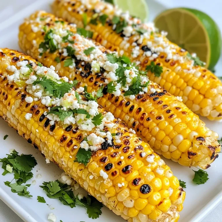 - 4 ears of corn, husked - 1/4 cup unsalted butter, melted - Zest and juice of 2 limes - 1 teaspoon chili powder - 1 teaspoon garlic powder - 1 teaspoon ground cumin - 1/2 teaspoon salt - 1/4 teaspoon cayenne pepper (optional for heat) - Fresh cilantro, chopped for garnish - Cotija cheese, crumbled (optional) The key to great Zesty Lime Grilled Corn lies in the ingredients. Fresh corn is essential. Choose ears with bright green husks and plump kernels. The butter adds richness, while lime zest and juice bring a fresh, tangy kick. For the spices, I like to use chili powder, garlic powder, and cumin for depth. A pinch of salt enhances all the flavors. If you enjoy a little heat, cayenne pepper does the trick. Garnishes are optional, but they really elevate the dish. Fresh cilantro adds a burst of color and flavor. Crumbled Cotija cheese gives a creamy, salty finish. You can mix and match these ingredients to suit your taste. Enjoy the process and get creative with your Zesty Lime Grilled Corn! {{ingredient_image_1}} 1. Husking the corn: Start by removing the outer leaves and silk from each ear of corn. Make sure to clean them well. This step ensures a tasty bite without any tough bits. 2. Preparing the marinade: In a bowl, mix together the melted butter, lime zest, lime juice, chili powder, garlic powder, ground cumin, salt, and cayenne pepper. Stir until smooth. This zesty mix is key to flavoring the corn. 1. Preheating the grill: Get your grill hot by setting it to medium-high heat. This helps achieve those beautiful grill marks. 2. Applying the marinade: Brush the corn with the zesty marinade. Make sure to cover all sides for maximum flavor. 3. Grilling techniques and timing: Place the corn on the grill. Turn the ears every few minutes. Grill for about 10-15 minutes. Look for tender kernels and a slight char. That’s when it’s perfect! 1. Cooling period after grilling: Once grilled, take the corn off the grill and let it cool for 5 minutes. This makes it easier to handle. 2. Garnishing with Cotija cheese and cilantro: If you like, sprinkle crumbled Cotija cheese and fresh cilantro on top. These add a nice touch to your dish. 3. Serving with lime wedges: Serve your corn with extra lime wedges on the side. This lets everyone add more zest to their taste! To get those perfect grill marks, start with even cooking. Make sure your grill is hot and clean. Preheat your grill to medium-high heat. This helps the corn cook well without burning. Turn the corn every few minutes. This way, all sides will get nice char marks. Want to kick up the flavor? You can add more lime juice for extra zing. If you like heat, try adding a splash of hot sauce to the marinade. You can also experiment with different spices. Try smoked paprika or even a pinch of cayenne. Each spice adds its own twist. Prevent your corn from sticking by oiling the grill grates. A light coat of oil helps keep the corn from getting stuck. To keep the corn juicy, avoid overcooking it. Grill for about 10 to 15 minutes. Check for tender kernels that are slightly charred. If you want, cover the corn with foil for a few minutes after grilling. This traps steam and keeps it moist. Pro Tips Use Fresh Corn: For the best flavor, choose fresh, in-season corn. Look for ears with bright green husks and plump kernels. Marinate Ahead: For a deeper flavor, marinate the corn in the butter and spice mixture for at least 30 minutes before grilling. Control the Heat: Adjust the grilling time based on your preferred level of char. Keep an eye on the corn to avoid burning. Add Extra Zing: Don't hesitate to squeeze more lime over the grilled corn right before serving for an extra burst of flavor. {{image_2}} You can change the flavor of your grilled corn by using different spices. Try mixing in smoked paprika for a rich, smoky taste. This spice adds depth and warmth. You can also play with other spices like cumin or even Italian herbs. Each option offers a new twist that can surprise your taste buds. For those who prefer plant-based meals, there are easy swaps. Use coconut oil or olive oil instead of butter for a dairy-free option. This keeps the corn moist and flavorful. You can also sprinkle on vegan cheese instead of Cotija cheese. This way, you can enjoy the same creamy texture without any dairy. You can serve your grilled corn in two main ways: on the cob or off the cob. Corn on the cob is fun and messy. It’s perfect for summer cookouts. If you prefer, cut the kernels off the cob for salads. This allows you to mix the corn into fresh greens and other toppings. Both styles bring joy to your meal! To keep your zesty lime grilled corn fresh, use airtight containers. Glass or plastic containers work well. Wrap each ear in foil or plastic wrap for extra protection. Store them in the fridge for up to three days. The corn tastes best fresh, but you can enjoy leftovers too! To reheat grilled corn, you can use a grill, oven, or microwave. For the grill or oven, preheat to medium heat. Place the corn on the grill or in the oven for about 5 minutes. Turn it to heat evenly. For the microwave, wrap the corn in a damp paper towel. Heat it for about 1-2 minutes. To avoid dryness, add a bit of butter or water before reheating. This keeps the corn juicy and tasty. You should grill corn for about 10 to 15 minutes. This time allows the kernels to become tender and slightly charred. Turn the corn every few minutes to cook it evenly. Keep an eye on the color; a little char adds great flavor! Yes, you can use frozen corn, but it works best if you thaw it first. Thaw the corn in the fridge overnight or run it under warm water. Once thawed, you can brush it with the zesty marinade and grill. Just remember, frozen corn may not get as charred as fresh corn. The best way to season grilled corn is to use a mix of lime, butter, and spices. You can try other flavors too! Some good options are smoked paprika or a sprinkle of Parmesan cheese. If you want extra zing, add more lime juice or zest. Feel free to mix and match spices to find your favorite blend! This blog post covered how to make the best grilled corn. You learned about the key ingredients and step-by-step grilling instructions. We also explored tips for perfect grill marks and exciting variations. Storing and reheating grilled corn was discussed to keep it fresh. Grilled corn is versatile and easy to customize. Try different spices and serving styles to make it your own. Enjoy the process, and make a batch for your next gathering!