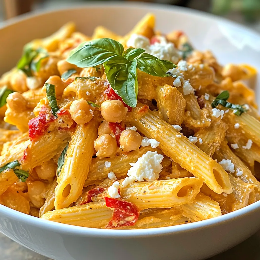 - Main Ingredients for Roasted Red Pepper Hummus Pasta - 12 oz pasta (penne or fusilli works well) - 1 cup roasted red peppers (jarred or homemade) - 1 cup canned chickpeas, drained and rinsed - ¼ cup tahini - 2 tablespoons lemon juice - 2 tablespoons olive oil - 2 cloves garlic, minced - Salt and pepper to taste - ½ teaspoon smoked paprika - Optional Toppings and Garnishes - Fresh basil, for garnish - Crumbled feta cheese or nutritional yeast for toppings I love how simple this dish is. The main ingredients come together to create a creamy and flavorful sauce. The roasted red peppers bring a sweet, smoky taste. Chickpeas add a nice creaminess and protein. When I prepare this dish, I focus on quality. Using fresh, high-quality ingredients makes a big difference. If you have homemade roasted red peppers, they work great! If not, jarred ones are perfect. For toppings, I often add fresh basil. It adds a bright, herbal note. Crumbled feta cheese gives a nice salty kick. Nutritional yeast is a tasty vegan option if you want a cheesy flavor without dairy. This recipe is versatile. You can swap in different pastas or toppings based on what you have. Enjoy the process of making this dish and feel free to get creative! {{ingredient_image_1}} How to Properly Cook Al Dente Pasta To cook pasta al dente, start by boiling a large pot of salted water. The salt helps the pasta taste better. Add your pasta and check the package for cooking time. Usually, it takes about 8 to 12 minutes. Stir the pasta occasionally to keep it from sticking. When the pasta is firm but not hard, it's done. This is al dente. Tips for Reserving Pasta Water Before draining your pasta, save about ½ cup of the cooking water. This starchy water helps the sauce stick later. Pour it into a measuring cup or bowl. You can use it to adjust your sauce later if it’s too thick. Blending Techniques for a Creamy Consistency To make the hummus sauce, place roasted red peppers, chickpeas, tahini, lemon juice, olive oil, garlic, smoked paprika, salt, and pepper in a blender. Blend on high until it’s smooth. If the sauce feels too thick, slowly add some reserved pasta water. Blend again until it’s creamy. Adjusting Flavor with Seasoning Taste your sauce before mixing it with the pasta. If it needs more flavor, add a pinch of salt or pepper. You can also add extra lemon juice for a tangy kick. Adjust until you love the taste. Best Practices for Mixing Once your pasta is cooked and drained, put it back in the pot. Pour the hummus sauce over the pasta. Use a spatula or tongs to gently toss everything. This ensures every piece of pasta gets coated. Ensuring Sauce Sticks to Pasta If the sauce is too runny, add a bit more reserved pasta water to thicken it. Mix well until the sauce clings to the pasta. This makes every bite full of flavor. Using fresh ingredients makes a big difference in taste. Choose ripe red peppers for the best flavor. If you can, roast them yourself. Fresh garlic also adds a nice kick. To roast red peppers, start with whole peppers. Place them on a baking sheet. Set your oven to broil. Roast them for about 20 minutes. Turn them every five minutes until the skin is charred. Once done, place them in a bowl and cover it with plastic wrap. This will help loosen the skin. After about 15 minutes, peel the skin off. Now, you have perfectly roasted red peppers ready for your hummus. One common mistake is overcooking the pasta. Always check the cooking time on the package. Cook until al dente, which means firm to the bite. This helps the pasta hold up in the sauce. Another mistake is not adjusting the sauce consistency. If your hummus sauce is too thick, add a little reserved pasta water. This will help it coat the pasta better. Aim for a creamy texture that clings to each piece of pasta. Pro Tips Use High-Quality Ingredients: The flavor of your hummus sauce greatly depends on the quality of the roasted red peppers and tahini. Opt for fresh, high-quality ingredients for the best taste. Adjust Consistency: If your hummus sauce is too thick, gradually add the reserved pasta water until you reach the desired creaminess. This will help the sauce cling better to the pasta. Herb Variations: Experiment with different herbs! While fresh basil is a great garnish, you can also try parsley, cilantro, or arugula for a unique twist. Meal Prep Friendly: This dish can be made ahead of time and stored in the refrigerator for up to three days. Just reheat before serving for a quick meal! {{image_2}} Alternative Pasta Choices You can use different pasta types for this dish. Whole wheat pasta adds fiber and flavor. Gluten-free pasta is great for those with diet needs. You can also try spiralized veggies for a lower-carb option. Zucchini noodles or spaghetti squash work well too. Creating a Vegan Version This pasta is easy to make vegan. Just skip the feta cheese or use a plant-based version. Nutritional yeast adds a cheesy taste without dairy. You can also add more veggies like spinach or mushrooms for extra nutrition. Adding Spices or Other Vegetables Spices can make this dish pop. Try adding red pepper flakes for heat. You can also mix in fresh herbs like parsley or dill for a fresh taste. Roasted vegetables like zucchini or eggplant blend well too. Incorporating Proteins Adding protein makes this meal filling. Grilled chicken or shrimp adds a nice touch. For a plant-based option, toss in some cooked lentils or tofu. These proteins mix well with the creamy hummus sauce and enhance the flavor. Refrigeration Tips and Shelf Life Store any leftover Roasted Red Pepper Hummus Pasta in an airtight container. Keep it in the fridge for up to three days. Make sure to let it cool down before sealing it. This helps keep the pasta fresh and tasty. Freezing Suggestions You can freeze this dish, but it may change texture. Place it in freezer-safe containers. It can last up to three months. When ready to eat, thaw it in the fridge overnight before reheating. How to Reheat Without Compromising Flavor To reheat, use a pan over low heat. Add a splash of water or olive oil to keep it moist. Stir gently until warmed through. This method helps keep the flavors bright and fresh. Quick and Easy Reheating Methods You can also use the microwave for quick reheating. Place the pasta in a microwave-safe bowl. Cover it loosely with a lid or microwave-safe wrap. Heat in short bursts, stirring in between, until hot. This way, you avoid overcooking and keep the taste intact. Making roasted red pepper hummus is simple and fun. Here’s a quick recipe: - 1 cup roasted red peppers - 1 cup canned chickpeas, drained and rinsed - ¼ cup tahini - 2 tablespoons lemon juice - 2 tablespoons olive oil - 2 cloves garlic, minced - Salt and pepper to taste - ½ teaspoon smoked paprika 1. Put all the ingredients in a blender. 2. Blend until smooth and creamy. If it’s too thick, add a bit of water. 3. Taste and adjust seasoning as needed. This hummus is great for pasta, wraps, or as a dip! Yes, you can use store-bought hummus. Here are some pros and cons: Pros: - Saves time in the kitchen. - Many brands offer tasty options. Cons: - Store-bought may not have the same fresh flavor. - Some brands add preservatives you may want to avoid. If you are in a rush, go for store-bought. Just check the label for quality ingredients. Roasted red pepper hummus pasta pairs well with many sides. Here are some great options: - Mixed Green Salad: Light and fresh, it balances the creamy pasta. - Grilled Veggies: Adds a nice smoky flavor that complements the dish. - Garlic Bread: A crunchy side that everyone loves. - Roasted Chickpeas: For extra protein and crunch, sprinkle them on the side. These sides make your meal more colorful and exciting! In this blog post, we explored how to make Roasted Red Pepper Hummus Pasta. We detailed the main ingredients, step-by-step cooking instructions, and tips to enhance flavor. You learned about common mistakes to avoid and variations for different diets. Storing and reheating instructions ensure your meal stays fresh. I hope these insights inspire you to create this tasty dish. With simple steps and fresh ingredients, you can impress anyone at your table. Enjoy your cooking adventure!