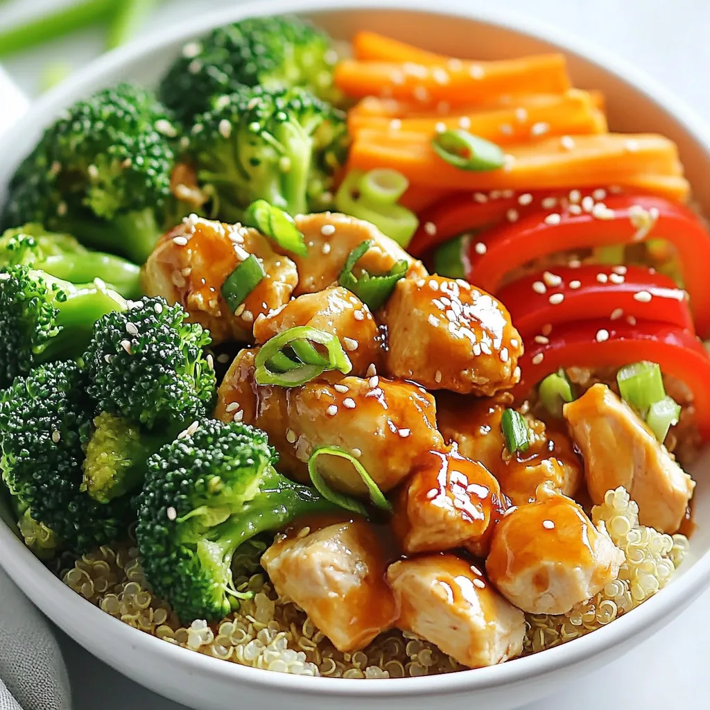 For tasty Chicken Broccoli Bowls, gather these main ingredients: - 2 cups broccoli florets - 1 pound boneless, skinless chicken breasts, diced - 1 cup quinoa - 1 carrot, julienned - 1 red bell pepper, sliced These fresh ingredients make the dish vibrant and healthy. Broccoli adds fiber and vitamins. Chicken gives protein, while quinoa offers whole grains. You will need these cooking oils and seasonings: - 2 tablespoons soy sauce (or tamari for gluten-free) - 2 tablespoons sesame oil - 1 tablespoon fresh ginger, grated - 2 garlic cloves, minced - Salt and pepper to taste Sesame oil gives a nutty flavor. Soy sauce adds umami. Garlic and ginger bring warmth and depth to the dish. To finish your bowls, consider these optional garnishes: - Sliced green onions - Sesame seeds Adding green onions gives a fresh crunch. Sesame seeds add a nice touch and extra flavor. These garnishes make your bowls look pretty and inviting. {{ingredient_image_1}} First, rinse the quinoa in cold water. This helps remove any bitterness. Next, cook the quinoa according to the package directions. This usually takes about 15 minutes. Once it is cooked, set it aside. It should be fluffy and ready for your bowls. Grab a large skillet and set it on medium-high heat. Add the sesame oil. Let it warm up for a moment. Once hot, toss in the minced garlic and grated ginger. Sauté these for about 30 seconds until you smell their lovely aroma. This step adds rich flavor to your dish. Now, add the diced chicken to the skillet. Season it with salt and pepper. Cook the chicken for about 5 to 7 minutes. You want it to be browned and cooked through. Next, stir in the broccoli florets, carrots, and red bell pepper. Cook this mixture for another 5 minutes. Stir occasionally to keep the veggies crisp and tender. It’s time to put everything together! Start by dividing the cooked quinoa into bowls. Top each bowl with the chicken and veggie mix. For a nice touch, garnish with sliced green onions and a sprinkle of sesame seeds. Your Chicken Broccoli Bowls are now ready to enjoy! To get the best chicken, start with fresh, boneless breasts. Cut them into small pieces for even cooking. This helps them cook faster and stay juicy. Use a hot skillet with sesame oil to sear the chicken. This creates a nice brown crust. Remember not to overcrowd the pan. Cook in batches if needed. This keeps the chicken from steaming. For crisp veggies, add them at the right time. After cooking the chicken, toss in the broccoli, carrots, and red bell pepper. Stir them for about five minutes. You want them tender but still crunchy. A quick cook keeps their bright color and nutrients. If you like more crunch, add the vegetables a minute later. Chicken broccoli bowls are great for meal prep. Cook a big batch of quinoa and chicken on the weekend. Divide them into containers. You can mix and match your veggies. Keep the sauce separate until you’re ready to eat. This way, your meal stays fresh. These bowls last for about four days in the fridge. Enjoy them for lunch or dinner! Pro Tips Prep Your Veggies Ahead: Chop and prepare your vegetables in advance to save time during cooking. This allows for a smoother cooking process and ensures everything is ready when you need it. Use Fresh Ingredients: For the best flavor, use fresh broccoli and bell peppers. Fresh produce not only tastes better but also retains more nutrients. Don't Overcook the Chicken: To keep the chicken juicy, avoid overcooking it. Cook just until it's no longer pink in the center; it will continue to cook slightly after being removed from heat. Customize Your Bowls: Feel free to add other vegetables or proteins you enjoy. This dish is versatile, so get creative with what you have on hand! {{image_2}} You can easily make this dish gluten-free. Just swap soy sauce with tamari. Tamari tastes great and works well. You can also use gluten-free grains instead of quinoa. Try brown rice or cauliflower rice for a light touch. Want a vegetarian version? Skip the chicken and use firm tofu instead. Dice the tofu and sauté it until golden. You can also add more veggies like mushrooms or zucchini. This helps keep your meal colorful and filling. To boost flavor, add spices and sauces. A dash of chili flakes adds heat. Try a splash of lime juice for a zing. You can also drizzle sesame sauce for a nutty taste. Fresh herbs like cilantro or basil give a nice finish too. After cooking, let your Chicken Broccoli Bowls cool down. Place them in the fridge within two hours. Store them in airtight containers. This keeps them fresh and safe to eat. They can last in the fridge for up to four days. You can freeze Chicken Broccoli Bowls for longer storage. Make sure they are cool before freezing. Use freezer-safe containers or bags. These bowls can last in the freezer for three months. When you want to eat them, thaw them in the fridge overnight. Reheat your Chicken Broccoli Bowls in the microwave. Use a microwave-safe dish and cover it. Heat for two to three minutes or until hot. You can also reheat them in a skillet over medium heat. Add a splash of water or soy sauce to keep them moist. Enjoy your meal warm and tasty! If you want a different grain, try brown rice or farro. Both are great options. You can also use cauliflower rice for a lower-carb choice. Each option adds unique flavor and texture to your Chicken Broccoli Bowls. Yes, frozen broccoli works well in this dish. It saves time and is easy to use. Just add it directly to the skillet. Cook it for a few minutes longer to ensure it's heated through. These bowls last about three to four days in the fridge. Just make sure to store them in airtight containers. This keeps the flavors fresh and the ingredients safe to eat. Absolutely! These Chicken Broccoli Bowls are perfect for meal prep. They store well and reheat easily. Just divide them into portions for easy grab-and-go meals throughout the week. This blog post shared how to make delicious chicken broccoli bowls. We covered key ingredients, cooking steps, tips for best results, and ways to customize your meal. Remember, you can make these bowls your own, whether you're gluten-free or vegetarian. Storing and reheating the bowls is simple too. Enjoy this tasty dish whenever you want. Your family will love it, and you will feel great serving it!