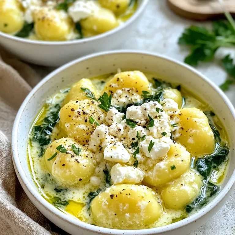 - 1 pound potato gnocchi - 2 tablespoons olive oil - 3 cloves garlic, minced - 4 cups fresh spinach - 1 cup heavy cream - 1 cup crumbled feta cheese - 1/2 teaspoon red pepper flakes - Salt and pepper to taste - Fresh parsley for garnish The main ingredients in this dish create a rich and tasty meal. Gnocchi gives a soft base. Feta adds a tangy flavor. Spinach packs in nutrients and color. Garlic brings warmth, while red pepper adds a small kick. - Large pot - Skillet - Slotted spoon - Measuring cups and spoons - Knife and cutting board These tools help make cooking simple. A large pot boils the gnocchi, while a skillet cooks the sauce. A slotted spoon helps drain the gnocchi easily. Measuring cups ensure you use the right amounts of each ingredient. A knife and cutting board make prep work quick and safe. Gathering these ingredients and tools will set you up for success in making creamy gnocchi with spinach and feta! {{ingredient_image_1}} 1. Start by boiling a large pot of salted water. 2. Add 1 pound of potato gnocchi to the pot. 3. Cook the gnocchi until they float to the top, about 2-3 minutes. 4. Use a slotted spoon to drain the gnocchi and set them aside. 1. In a large skillet, heat 2 tablespoons of olive oil over medium heat. 2. Add 3 cloves of minced garlic. Sauté for about 1 minute until it smells nice. 3. Toss in 4 cups of fresh spinach. Cook until the spinach wilts, about 2-3 minutes. 4. Lower the heat and pour in 1 cup of heavy cream. Stir to mix it with the spinach and garlic. 5. Crumble in 1 cup of feta cheese and add 1/2 teaspoon of red pepper flakes. Mix until the cheese melts into the cream. 1. Add the cooked gnocchi to the skillet. Gently toss everything to coat the gnocchi in the creamy sauce. 2. Taste and adjust seasoning with salt and pepper as needed. 3. Cook for another 2-3 minutes to warm everything through. To get that rich, creamy texture, you need to add the heavy cream slowly. Start with low heat. Pour in the cream little by little. This helps it blend well with the garlic and spinach. Stir constantly to combine. This keeps it from separating and ensures a smooth finish. Now, let’s talk about feta. For the best melt, crumble it into small pieces. Add it when the heat is low. This helps the cheese soften without turning into a grainy mess. Stir gently until the feta mixes well with the cream. This will create a creamy sauce that coats the gnocchi perfectly. Plating is key to making your dish shine. Serve the creamy gnocchi in shallow bowls. This lets the sauce show off. Drizzle a bit of olive oil on top for flavor. Sprinkle some extra feta for an added touch. A handful of fresh parsley will bring color and freshness. Another great idea is to add a sprinkle of red pepper flakes on top. This gives a nice pop of heat. You can also serve it with crusty bread to soak up the sauce. You can prepare this dish ahead of time. Cook the gnocchi and make the creamy sauce separately. Store them in airtight containers in the fridge. This way, you can assemble it later. Just reheat your sauce on low heat and add the gnocchi. When reheating, avoid high heat. This keeps the texture smooth. Stir gently as it warms up. If the sauce seems too thick, add a splash of cream or water. This helps it become creamy again without losing its charm. Pro Tips Use Fresh Spinach: Fresh spinach will provide a vibrant flavor and texture compared to frozen. Make sure to wash and dry it thoroughly before cooking. Cook Gnocchi Just Right: Be careful not to overcook the gnocchi; they should be tender and float to the top of the water when done. Timing is key! Customize the Heat: Adjust the amount of red pepper flakes based on your spice tolerance. You can also substitute with black pepper for a milder taste. Garnish for Appeal: Don’t skip the garnish! Fresh parsley not only adds color but also enhances the dish's overall flavor profile. {{image_2}} You can change some ingredients in creamy gnocchi to suit your taste. - Alternative cheeses: If you want a different cheese taste, try goat cheese or ricotta. Goat cheese gives a tangy flavor. Ricotta adds a light, creamy touch. - Different leafy greens: Instead of spinach, you can use kale or arugula. Kale adds a nice bite, while arugula brings a peppery kick to the dish. Adding new flavors can make this dish even better. - Adding protein: You can add chicken or shrimp for extra protein. Cook the chicken until it’s golden, or sauté shrimp until they turn pink. They both pair well with the creamy sauce. - Incorporating more spices: Adding Italian herbs or a bit of lemon zest can lift the flavors. Italian herbs add warmth, while lemon zest gives a fresh brightness that balances the creaminess. To keep your creamy gnocchi fresh, use airtight containers. Glass or plastic containers work well. Make sure to let the dish cool before sealing. This helps keep moisture in check. You can store leftovers in the fridge for up to 3 days. You can freeze this dish if you want to save it for later. First, let it cool completely. Then, place the gnocchi in a freezer-safe container. Label it with the date. You can freeze it for up to 2 months. When you’re ready to eat, thaw the gnocchi overnight in the fridge. Reheat it gently in a skillet. Add a splash of cream to restore the sauce's creaminess. Stir often to keep it smooth. Enjoy your delicious meal! It takes 10 minutes to prep and 20 minutes to cook. In total, you need about 30 minutes. Yes, you can use other pasta types. Try penne, farfalle, or even spaghetti. Choose a shape that holds sauce well. Cook according to package instructions. The recipe is not gluten-free as it uses potato gnocchi, which may contain gluten. You can find gluten-free gnocchi made from rice or corn. Always check the label before buying. This way, you can enjoy the dish without gluten. You learned how to make creamy gnocchi with spinach and feta. We covered the key ingredients, kitchen tools, and steps to cook this dish. Remember to perfect the creamy texture, use fresh garnishes, and try variations to suit your taste. Store or freeze leftovers to enjoy later. This dish is easy, tasty, and fun to make! Enjoy your cooking and share your tasty results!