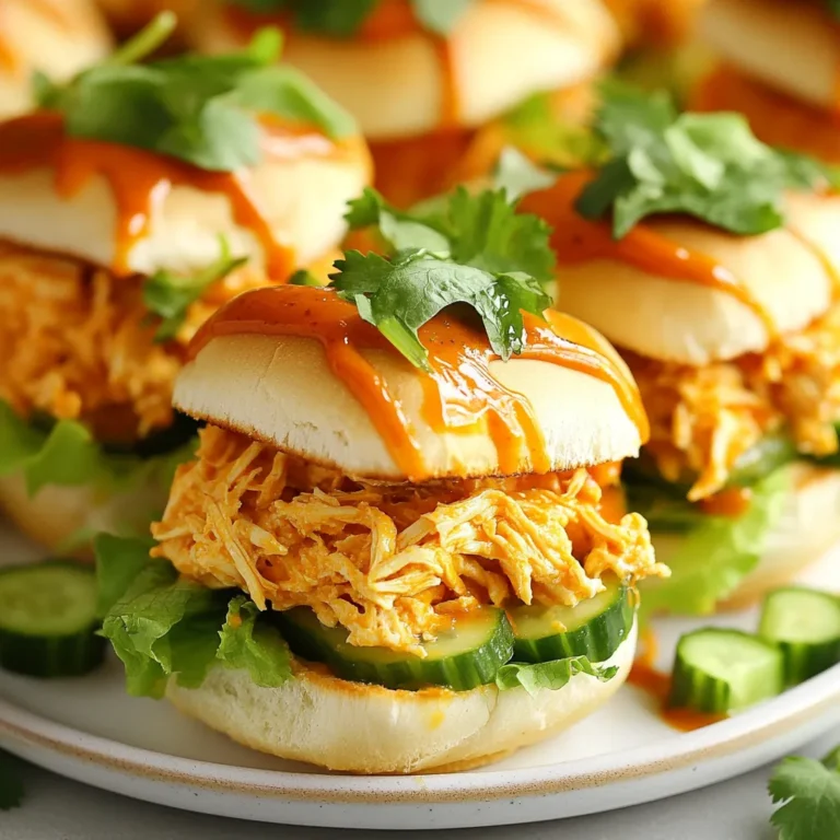 - 1 lb chicken breast, cooked and shredded - 1/2 cup mayonnaise - 1/4 cup Thai sweet chili sauce - 1 tablespoon sriracha (adjust for spice preference) - 1 teaspoon garlic powder - 1 teaspoon onion powder - Salt and pepper to taste - 12 mini slider buns - 1 cup shredded lettuce - 1/2 cup diced cucumbers - Fresh cilantro leaves for garnish The main ingredients create a bold taste. The chicken breast is the star. It adds protein and texture. The mayonnaise makes the sauce creamy. Thai sweet chili sauce gives it a sweet kick. Sriracha adds heat, so adjust it to your taste. Garlic and onion powders deepen the flavor profile. Salt and pepper enhance everything. You can add more toppings to the sliders. Try sliced jalapeños for extra heat. Pickled red onions add a tangy crunch. Avocado slices can bring creaminess. You can also use shredded carrots for color and texture. These extras make the sliders even more fun. These sliders pair well with many sides. Consider serving crispy potato wedges. A fresh salad with a light dressing works nicely too. You could also serve them with coleslaw for extra crunch. For drinks, iced tea or lemonade are great choices. Enjoy these pairings to enhance your meal! {{ingredient_image_1}} To make the Bang Bang sauce, grab a medium bowl. Add 1/2 cup of mayonnaise. Then mix in 1/4 cup of Thai sweet chili sauce. Next, stir in 1 tablespoon of sriracha. Adjust the sriracha for more or less spice. Add 1 teaspoon of garlic powder and 1 teaspoon of onion powder. Sprinkle in salt and pepper to taste. Mix everything together until it is smooth and well-blended. Use 1 pound of cooked chicken breast. If you have leftover chicken, that works great. If not, boil or grill your chicken until it is fully cooked. Once cooked, shred the chicken using two forks or your hands. Place the shredded chicken in a large bowl. Pour half of your Bang Bang sauce over the chicken. Mix it well so every piece of chicken is coated in sauce. Preheat your grill or skillet over medium heat. Lightly grease the skillet with cooking oil if needed. Take the mini slider buns, about 12 in total, and lightly toast them until golden brown. Set the toasted buns aside. To assemble, spoon a generous amount of the Bang Bang chicken mixture onto the bottom half of each bun. Add a handful of shredded lettuce and some diced cucumbers for a fresh crunch. Drizzle a bit more Bang Bang sauce over the toppings. Finally, place the top half of each slider bun on. Garnish with fresh cilantro leaves for extra flavor. Shredding chicken can be easy. First, let the chicken cool a bit. This helps avoid burns. Use two forks to pull apart the meat. You can also use your hands if you like. For a faster method, use a stand mixer. Place the chicken in the bowl and mix on low speed. Be careful not to shred it too fine. Aim for bite-sized pieces. This keeps the sliders juicy and full of flavor. The Bang Bang sauce is key for flavor. Start with the basic recipe. Mix mayonnaise, Thai sweet chili sauce, and sriracha. If you want it mild, use less sriracha. For medium heat, stick to one tablespoon. For a spicy kick, add more sriracha. You can also add a bit of cayenne pepper. Taste the sauce as you go. This way, you can find the level you enjoy best. Toasting slider buns adds a nice crunch. Preheat your grill or skillet over medium heat. Add a little oil to keep them from sticking. Place the buns cut side down on the grill. Toast them for about one to two minutes. Watch them closely, as they can burn quickly. The goal is a light golden color. This step adds flavor and keeps the buns sturdy. Pro Tips Use Fresh Ingredients: Always opt for fresh chicken and crisp vegetables to enhance the flavor and texture of your sliders. Adjust the Spice Level: Modify the amount of sriracha in the Bang Bang sauce based on your preference for heat. Start with less and add more if needed! Toast the Buns: Lightly toasting the slider buns adds a nice crunch and prevents them from becoming soggy when filled with the chicken mixture. Garnish for Flavor: Fresh cilantro not only adds color but also a fragrant flavor that complements the Bang Bang sauce beautifully. {{image_2}} You can swap chicken for other proteins. Try shredded pork, turkey, or beef. Each option brings its own flavor. For seafood lovers, use cooked shrimp or crab meat. They pair well with the Bang Bang sauce too. These alternatives can change the texture and taste of the sliders, keeping things interesting. If you want a meatless option, go for plant-based proteins. Use shredded jackfruit or tofu as your base. Jackfruit has a great texture that mimics pulled chicken. Tofu soaks up flavors well. Combine either with the Bang Bang sauce for a tasty bite. You can also add roasted vegetables like bell peppers or zucchini for an extra crunch. Spice up your Bang Bang sauce in different ways. Add lime juice for a tangy kick. For a smokier taste, mix in some smoked paprika. You can also play with the heat. If you like it spicy, increase the sriracha or add chopped jalapeños. For a sweeter touch, add more Thai sweet chili sauce. These tweaks can make your sliders unique and fun! To keep your Bang Bang chicken sliders fresh, place them in an airtight container. You can store them in the fridge for up to three days. Make sure to separate the buns and chicken if possible. This keeps the buns from getting soggy. If you want to save the sauce, store it in a small jar or container. If you have extra chicken, you can freeze it. Put the shredded chicken in a freezer bag. Press out as much air as you can before sealing. You can freeze it for up to three months. Just make sure not to freeze the buns. They don’t do well in the freezer. To reheat your sliders, start with the chicken. You can use a microwave or skillet. If using a microwave, heat it for 30 seconds at first. Stir and check if it's warm. In a skillet, heat over low to medium heat, stirring until warm. For the buns, toast them lightly again in a skillet or oven. This brings back their crunch. Once everything is warm, assemble your sliders again. Enjoy your meal just like the first time! Bang Bang Chicken is a tasty dish made with shredded chicken. It gets its name from the spicy and sweet sauce. The sauce mixes mayonnaise, Thai sweet chili, and sriracha. This mix gives the chicken a creamy and bold flavor. It’s perfect for sliders or as a main dish. You can enjoy it with fresh veggies like lettuce and cucumbers. Yes, you can make Bang Bang Chicken Sliders ahead of time. Prepare the Bang Bang sauce and the chicken mixture in advance. Store them in the fridge until you are ready to serve. Just toast the buns right before serving. This way, they stay warm and fresh. It makes for a quick meal when you have guests. You can serve many sides with Bang Bang Chicken Sliders. Fresh fruit salad or veggie sticks add a nice crunch. You might also try chips or sweet potato fries for a fun twist. For drinks, iced tea or lemonade pairs well with the sliders. These options make the meal more enjoyable and complete. In this post, we explored the delicious world of Bang Bang Chicken Sliders. We covered the main ingredients, optional toppings, and how to pair them with sides. I shared easy steps for making the sauce, cooking the chicken, and assembling your sliders. You now have tips for shredding chicken, adjusting spice, and toasting buns perfectly. Plus, we looked at tasty variations and how to store leftovers. Enjoy making these sliders and feel free to experiment with flavors! Your taste buds will thank you.