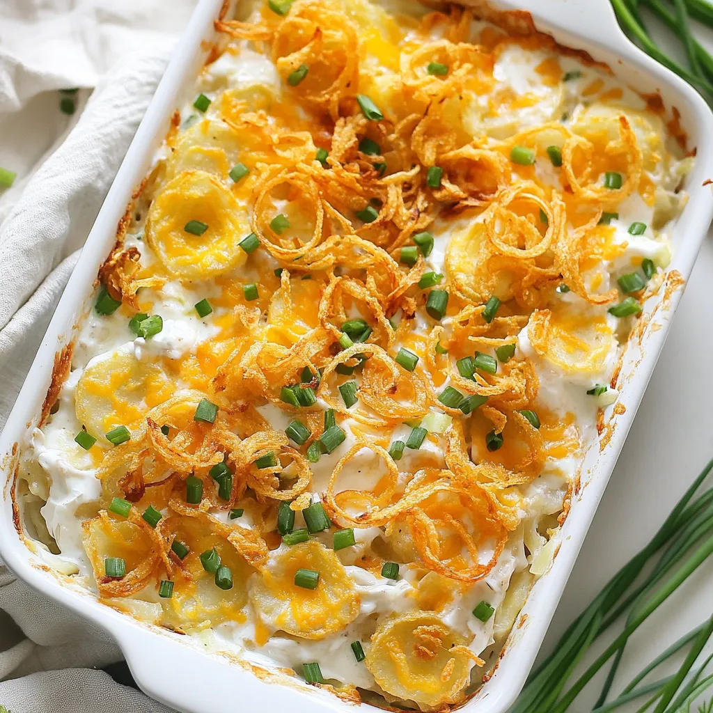 To make your French Onion Funeral Potatoes, gather these must-have items: - 4 cups frozen hash browns, thawed - 1 cup French onion dip - 1 cup sour cream - 1 can (10.5 oz) cream of chicken soup - 1 cup shredded cheddar cheese - 1/2 cup green onions, chopped - 1 cup French fried onions - 1/2 teaspoon garlic powder - Salt and pepper to taste - 2 tablespoons olive oil These ingredients create a creamy and savory dish that will impress everyone. Each item adds flavor and texture, making your meal unforgettable. While the required ingredients are key, you can customize your dish. Here are some optional additions: - Cooked bacon bits for a smoky flavor - Fresh herbs like parsley or thyme for freshness - Different types of cheese, like mozzarella or pepper jack Mixing in these extras can elevate your dish and make it your own. To prepare your French Onion Funeral Potatoes, you will need: - A large mixing bowl - A greased 9x13 inch baking dish - A spatula or wooden spoon for mixing - An oven to bake the dish Having the right tools makes cooking simpler and more fun. Enjoy the process of creating this tasty meal! {{ingredient_image_1}} First, I preheat my oven to 350°F (175°C). This heat is just right for baking. Next, I grab a 9x13 inch baking dish and grease it well. This helps the potatoes not stick. I use olive oil or cooking spray for this. In a large mixing bowl, I combine four cups of thawed hash browns. Then, I add one cup of French onion dip and one cup of sour cream. Next, I pour in one can of cream of chicken soup. I also add one cup of shredded cheddar cheese and half a cup of chopped green onions. For some extra flavor, I mix in half a teaspoon of garlic powder. I sprinkle salt and pepper to taste. I stir everything together until it is well mixed. Now, I transfer the mixture into the greased baking dish. I spread it out evenly. Then, I drizzle two tablespoons of olive oil over the top. This adds moisture and taste. I place the dish in the oven and bake it for 30 minutes. After that, I take it out and sprinkle one cup of French fried onions on top. I return it to the oven for an extra 10 to 15 minutes. I wait until the top is golden brown and crispy. Finally, I let it cool slightly before serving. To make French Onion Funeral Potatoes pop, add garlic powder. It adds a nice kick. You can also use fresh herbs like thyme or parsley for more depth. A pinch of smoked paprika brings a warm, smoky flavor. Experiment with these spices to suit your taste. To get that perfect texture, ensure your hash browns are thawed. This avoids excess moisture. Drizzling olive oil before baking helps the top crisp up nicely. If you like it extra crunchy, add more French fried onions on top. Bake until you see a golden brown layer. Serve these potatoes as a side dish with roasted meats or grilled veggies. They pair well with a fresh salad, too. For a fun twist, serve them in individual ramekins. This makes for a great presentation at parties or family dinners. Pro Tips Thaw Hash Browns Properly: Ensure your hash browns are completely thawed and drained of excess moisture to achieve a crispy texture. Customize Cheese Blend: Try mixing different cheeses like Monterey Jack or Gruyère for a unique flavor profile. Extra Crunch: For an even crunchier topping, add an additional layer of French fried onions halfway through the baking process. Make Ahead: Prepare the dish a day in advance and refrigerate. Just add extra baking time when you're ready to serve. {{image_2}} You can easily make French onion funeral potatoes vegetarian. Just swap the cream of chicken soup for a veggie version. Many brands offer great plant-based soups. This simple change keeps all the flavor without meat. If you need gluten-free funeral potatoes, select gluten-free cream of chicken soup. Many brands have gluten-free options. Also, check your French onion dip. Some dips contain gluten, while others do not. Always read the labels to stay safe. Cheese adds a rich taste to this dish. If you want to try different cheeses, go for mozzarella or gouda. Both melt well and provide a creamy texture. You can mix cheeses too! Combining cheddar and mozzarella gives a nice flavor boost. After making French Onion Funeral Potatoes, let them cool. Then, cover the dish with plastic wrap or foil. Store them in the fridge for up to three days. The flavors may deepen as they sit. Just remember, the sooner you eat them, the better they taste! You can freeze French Onion Funeral Potatoes too! First, let them cool completely. Then, transfer them to a freezer-safe container. They can last up to two months in the freezer. When you’re ready to eat, thaw them in the fridge overnight. This keeps them tasty and fresh. Reheating is easy! You can use the oven or microwave. For the oven, preheat to 350°F (175°C). Place the potatoes in an oven-safe dish. Cover it with foil to prevent drying out. Bake for about 20-25 minutes, or until warmed through. If using a microwave, heat in short bursts. Stir in between to ensure even heating. Enjoy the crispy top and creamy goodness! Yes, you can use fresh potatoes. Just peel and dice them first. Use about 4 cups of diced potatoes. Be sure to cook them until tender before mixing. This step keeps the texture nice and creamy. You can use cream of mushroom soup as a great alternative. If you prefer, a homemade white sauce works too. Just mix butter, flour, and milk for a creamy base. This keeps your dish flavorful and rich. You can store leftovers in the fridge for about 3 to 5 days. Make sure they are in an airtight container. If you want to keep them longer, freeze them for up to 2 months. Just remember to let them cool completely before freezing. In this blog post, we explored the key ingredients, tools, and steps to create your dish. We discussed ways to enhance flavor, perfect texture, and serve it well. You learned about variations to suit different diets and how to store leftovers properly. Remember, cooking is fun and flexible. Don’t hesitate to experiment with new flavors and techniques. Enjoy your cooking journey and share your results!