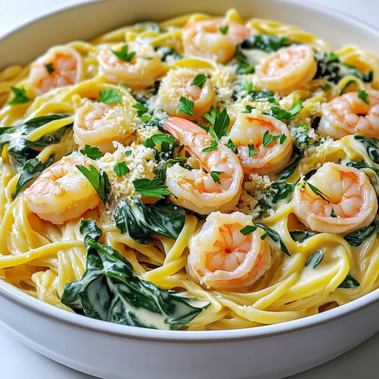 - 8 oz linguine pasta - 1 lb medium shrimp, peeled and deveined - 3 tablespoons olive oil - 4 cloves garlic, minced - 1 cup heavy cream - 1 cup chicken broth - 1 cup fresh spinach, roughly chopped - 1/2 cup grated Parmesan cheese - 1 tablespoon lemon juice - 1 teaspoon red pepper flakes (optional) - Salt and pepper to taste - Fresh parsley, chopped for garnish This dish brings together simple yet rich flavors. You can find most of these ingredients at your local grocery store. Start with the linguine pasta. It’s the base for this meal and adds a nice texture. The medium shrimp gives a sweet and juicy bite. Olive oil and garlic create a fragrant start. Heavy cream and chicken broth make a luscious sauce. Fresh spinach adds color and nutrition. Parmesan cheese provides a nutty finish. Lemon juice brightens the dish. The red pepper flakes add a bit of heat, but you can skip them if you prefer. Don't forget the salt and pepper to enhance all the flavors. Finally, fresh parsley adds a lovely touch on top. Gather your ingredients, and you’re ready to create a fun and tasty meal! 1. Sauté garlic in olive oil Start by heating 3 tablespoons of olive oil in a large skillet over medium heat. Add 4 cloves of minced garlic. Sauté for about 1 minute. The garlic should smell great. Do not let it brown. 2. Cook shrimp until pink and opaque Next, add 1 pound of peeled and deveined shrimp to the skillet. Season with salt, pepper, and 1 teaspoon of red pepper flakes if you like it spicy. Cook the shrimp for about 2-3 minutes on each side. The shrimp will turn pink and opaque. Once done, remove the shrimp and set them aside. 3. Prepare creamy sauce with chicken broth and cream In the same skillet, pour in 1 cup of chicken broth. Bring this to a simmer. Slowly stir in 1 cup of heavy cream. Mix well to combine the broth and cream. 4. Cook linguine in the sauce Add 8 ounces of linguine to the skillet. Push it down into the liquid. Cover the skillet and cook for about 10-12 minutes. Stir occasionally until the pasta is al dente and absorbs most of the sauce. 5. Add spinach and shrimp into the mixture Stir in 1 cup of roughly chopped spinach. Let it wilt slightly. Then, add the cooked shrimp back into the skillet. Mix everything together. 6. Final touches with Parmesan and lemon juice Add 1/2 cup of grated Parmesan cheese and 1 tablespoon of lemon juice. Toss everything until well combined. Adjust the seasoning with more salt and pepper if needed. Let it cook for an extra minute or two to heat through. Serve this dish hot, and enjoy the creamy, garlic flavors with shrimp and linguine! How to prevent shrimp from overcooking? Cook shrimp for just 2-3 minutes on each side. They should turn pink and opaque. If you cook them longer, they will become rubbery. Always keep an eye on them while cooking. Best methods for achieving al dente pasta? To get al dente linguine, cook it in the sauce. Stir it every few minutes. This helps the pasta absorb flavor and liquid. Taste it a minute before the time is up. It should be firm but not hard. Tips for perfecting the creamy sauce consistency? Start with chicken broth and cream. Stir them together slowly in the skillet. If the sauce seems too thick, add a bit more broth. If it is too thin, let it simmer a bit longer. The Parmesan cheese will also help thicken it. How to serve for visual appeal? Serve creamy garlic shrimp linguine in shallow bowls. This way, you can see all the colors. Arrange the shrimp and spinach neatly on top. A well-presented dish makes it more fun to eat. Ideal garnish choices for flavor and presentation? Use fresh parsley for a pop of color. Sprinkle extra Parmesan cheese on top for flavor. If you like a bit of heat, add a dash of red pepper flakes. These small touches make your dish look and taste amazing. {{image_2}} You can change up the linguine if needed. For a gluten-free option, use rice noodles or gluten-free pasta. They work well and taste great. If you want to switch the seafood, try scallops or crab instead of shrimp. Both options bring a new taste. You can even mix seafood for extra flavor! For a lighter dish, use non-dairy cream. Almond milk or coconut cream are great choices. They add a nice twist without the heaviness. To boost freshness, add herbs like basil or parsley. Chopped fresh herbs brighten the dish and add color. Experiment with spices for added flavor. Try smoked paprika for a warm taste or lemon zest for a bright kick. These small changes can make a big difference! To keep your creamy garlic shrimp linguine fresh, follow these steps: - Refrigerate: Place leftovers in an airtight container. Store them in the fridge for up to 3 days. - Freeze: For longer storage, use freezer-safe containers. This dish can last for up to 2 months in the freezer. When you're ready to enjoy your leftovers, here’s how to reheat them without losing flavor or texture: - Stovetop Method: Heat a skillet over medium heat. Add a splash of chicken broth or cream to the pan. Once warm, add the pasta and stir until heated through. This takes about 5-7 minutes. - Microwave Method: Place the linguine in a microwave-safe bowl. Add a splash of broth or cream. Cover with a microwave-safe lid or wrap. Heat on medium for 1-2 minutes, stirring halfway through. Following these tips will help you enjoy your creamy garlic shrimp linguine just as much as the first time! Can I make this dish ahead of time? Yes, you can prepare the creamy garlic shrimp linguine ahead of time. Cook it fully, then cool it down. Store it in the fridge for up to two days. When ready to eat, just reheat gently. What can I serve with creamy garlic shrimp linguine? This dish pairs well with a fresh green salad or garlic bread. You can also serve it with roasted vegetables to add more color and taste. Is this recipe suitable for meal prep? Yes, this recipe is great for meal prep! It keeps well in the fridge. Portion it into single servings for easy lunches or dinners throughout the week. How can I make this dish healthier? To make it healthier, you can use whole wheat linguine. You can also reduce the amount of heavy cream and add more spinach or other veggies. This adds fiber and nutrients. Can I use frozen shrimp instead of fresh? Yes, you can use frozen shrimp. Just make sure to thaw them first. This saves time and gives you delicious results. What is the best way to reheat creamy pasta dishes? The best way to reheat creamy pasta is on the stove. Add a splash of milk or broth to keep it creamy. Heat on low and stir often to avoid burning. In this article, we explored making a delicious creamy garlic shrimp linguine. We covered the ingredients, detailed cooking steps, and essential tips for success. You learned how to enhance flavors and variations, as well as smart storage and reheating methods. Cooking this dish is easy and fun. With practice, you can impress others with your skills. Enjoy your culinary journey, and don't be afraid to experiment!