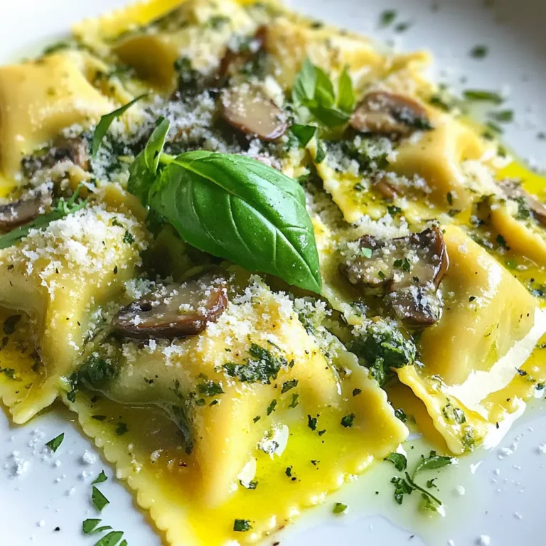 To create a delicious Spinach Mushroom Ravioli, gather these main ingredients: - 2 cups all-purpose flour - 3 large eggs - 1 cup ricotta cheese - 1 cup fresh spinach, chopped - 1 cup mushrooms, finely chopped (shiitake or cremini work best) - 2 tablespoons olive oil - 1 clove garlic, minced - 1 teaspoon salt - 1/2 teaspoon freshly ground black pepper - 1/4 teaspoon nutmeg - Grated Parmesan cheese for serving - Fresh basil leaves for garnish These ingredients bring out rich flavors and a lovely texture. The combination of spinach and mushrooms gives this dish a hearty feel. You can add extra ingredients to enhance the taste of your ravioli: - Crushed red pepper for heat - Lemon zest for brightness - Fresh herbs like thyme or parsley - A splash of cream for richness These optional ingredients can add depth to your filling and make each bite even more delightful. Each serving of Spinach Mushroom Ravioli is packed with nutrients: - Calories: Approximately 350 - Protein: 16g - Carbohydrates: 40g - Fat: 14g - Fiber: 3g This dish offers a great balance of protein and veggies. It can be a filling yet healthy meal option for you and your family. {{ingredient_image_1}} Start by making the pasta dough. First, take 2 cups of all-purpose flour and pile it on a clean surface. Make a well in the center of the flour. Crack 3 large eggs into this well and add a pinch of salt. Use a fork to beat the eggs gently. Gradually mix in the flour from the edges until it forms a dough. Knead the dough for about 5 to 7 minutes until it feels smooth. Wrap it in plastic wrap and let it rest for 30 minutes. Next, prepare the filling. Heat 2 tablespoons of olive oil in a skillet over medium heat. Add 1 clove of minced garlic and sauté it for about 1 minute. Then, add 1 cup of finely chopped mushrooms. Cook these for about 5 minutes until they are soft. Next, add 1 cup of chopped fresh spinach and cook until it wilts. Season the mix with 1 teaspoon of salt, 1/2 teaspoon of black pepper, and 1/4 teaspoon of nutmeg. Remove the filling from heat and let it cool. Now, it’s time to assemble the ravioli. After the dough has rested, divide it into four pieces. Roll out each piece until it is about 1/16 inch thick using a rolling pin or pasta machine. Cut the dough into 2-inch squares. Place a small teaspoon of the cooled filling in the center of each square. Moisten the edges with water using your finger. Fold the square over to make a triangle and press the edges to seal. Make sure no air is trapped inside. To cook the ravioli, bring a large pot of salted water to a boil. Carefully drop the ravioli into the pot in small batches. Cook them for about 3 to 4 minutes, or until they float to the top. Use a slotted spoon to remove them and set aside. Enjoy your delicious homemade ravioli! Making ravioli can be tricky. Here are key mistakes to dodge: - Too Much Water in Dough: Adding too much water makes dough sticky. Use just enough to bind. - Overstuffing: Adding too much filling can cause ravioli to burst. Stick to a teaspoon. - Not Sealing Edges Well: If you leave gaps, water seeps in during cooking. Press edges firmly. Sealing your ravioli well is key to keeping the filling inside. Follow these tips: - Moisten Edges: Use a bit of water on the dough edges. This helps them stick. - Press Firmly: After folding the dough over, press the edges together tightly. - Use a Fork: For extra security, use a fork to crimp the edges. This adds charm too! Texture makes or breaks your dish. Here’s how to get that perfect bite: - Knead Dough Enough: Knead for about 5-7 minutes until smooth. This builds gluten. - Roll Thin: Roll the dough to about 1/16 inch thick. This gives a light bite. - Cook Just Right: Boil ravioli until they float, about 3-4 minutes. This keeps them tender. Pro Tips Use Fresh Ingredients: For the best flavor, use fresh spinach and mushrooms. They will enhance the overall taste of your ravioli. Rest the Dough: Allowing the pasta dough to rest for at least 30 minutes helps relax the gluten, making it easier to roll out and shape. Seal the Ravioli Well: Ensure the edges of the ravioli are sealed tightly to prevent filling from leaking out during cooking. You can use a fork to crimp the edges for extra security. Experiment with Sauces: While olive oil is a classic choice, feel free to try different sauces like marinara or a creamy Alfredo to complement the flavors of your ravioli. {{image_2}} You can change the filling to match your taste. Consider adding: - Cooked chicken or turkey - Ricotta mixed with herbs - Butternut squash for sweetness - Goat cheese for tanginess - A blend of roasted vegetables Each option brings a new flavor and texture. Experiment with spices too, like cayenne or thyme. If you need a gluten-free option, use gluten-free flour. You can also buy ready-made gluten-free pasta sheets. Look for brands that use rice or almond flour. These options work well for making ravioli. Just be sure to check for cross-contamination. The right sauce can elevate your ravioli. Here are some great choices: - Simple olive oil with garlic - Creamy Alfredo sauce for richness - Tomato basil sauce for a fresh taste - Sage brown butter for a nutty flavor Each sauce brings its own flair. Try different ones to find your favorite pairing! To store uncooked ravioli, first, let them dry for about 30 minutes. This helps prevent sticking. After they dry, you can layer them between parchment paper in an airtight container. Keep the container in the fridge if you will cook them within two days. If you need more time, freeze them. To freeze uncooked ravioli, place them on a baking sheet in a single layer. Freeze them for about an hour, then transfer them to a freezer-safe bag. This way, they won’t stick together. When you are ready to eat, cook them straight from frozen. Boil them for an extra minute. To reheat cooked ravioli, you can use a few methods. You can microwave them with a splash of water. Cover the dish to keep the moisture in. Alternatively, you can pan-fry them in a little olive oil. This adds a nice crisp texture. Store leftover cooked ravioli in an airtight container. Keep them in the fridge for up to three days. You can also freeze them. Place them in a freezer-safe bag, separating layers with parchment paper. To reheat, follow the same methods as above. Enjoy them warm, and they will taste great! Yes, you can make Spinach Mushroom Ravioli ahead of time. Prepare the pasta and filling as usual. After assembling the ravioli, lay them on a baking sheet. Make sure they don’t touch each other. You can cover them with a towel or plastic wrap. Store them in the fridge for up to 24 hours. If you want to store them longer, freeze them instead. Just freeze each ravioli in a single layer first. Then, transfer them to a bag or container. For this recipe, shiitake and cremini mushrooms work best. Shiitake mushrooms provide a rich, earthy flavor. They add depth to the filling. Cremini mushrooms are also great. They have a mild taste and are very tender. You can mix both types for even more flavor. Avoid using white button mushrooms. They have a less intense taste and can make the filling bland. To enhance the flavor of your filling, try adding more spices. You can use crushed red pepper for heat. A pinch of garlic powder or onion powder can also boost flavor. Fresh herbs like parsley or thyme add brightness. For a richer taste, consider adding a bit of grated Parmesan cheese to the filling. This adds creaminess and depth. Always taste the filling before sealing the ravioli. Adjust the seasoning as needed! When rolling dough for ravioli, start with the widest setting on your pasta machine. This helps to flatten the dough easily. Gradually move to thinner settings. Aim for a thickness of about 1/16 inch. This thickness ensures the ravioli cook well without breaking. If you don’t have a pasta machine, a rolling pin works too. Just be sure to roll it evenly and thin. In this blog post, I shared how to make delicious spinach mushroom ravioli. We covered the key ingredients, step-by-step instructions, and helpful tips to avoid mistakes. I also shared variations, storage advice, and answers to common questions. Making ravioli at home can be fun and rewarding. With the right ingredients and techniques, you can create a dish that impresses. Enjoy experimenting with flavors and storage methods. Your homemade ravioli will be worth the effort!