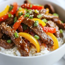 - 1 pound flank steak, thinly sliced - 1 cup jasmine rice - 2 cups beef broth - 1 yellow bell pepper, thinly sliced - 1 red bell pepper, thinly sliced - 1 medium onion, thinly sliced - 3 cloves garlic, minced - 1 tablespoon fresh ginger, grated - 2 tablespoons soy sauce - 1 tablespoon chili paste (adjust to taste) - 1 tablespoon cornstarch - 1-2 tablespoons vegetable oil (for frying) - 1 teaspoon sesame oil - Salt and pepper to taste - Green onions, chopped (for garnish) - Sesame seeds (for garnish) Gather these ingredients before you start cooking. The flank steak gives great flavor. Jasmine rice adds a lovely aroma. The beef broth makes the rice extra tasty. Bell peppers and onion bring color and crunch. Garlic and ginger add warmth and spice. Soy sauce and chili paste are key for flavor. Cornstarch helps the beef crisp nicely. The oils give a rich taste. Finally, use green onions and sesame seeds as a finishing touch. They add freshness and texture. {{ingredient_image_1}} Start by rinsing the jasmine rice under cold water. This step helps remove excess starch. Keep rinsing until the water runs clear. Next, cook the rice in beef broth for extra flavor. Follow package instructions for the cooking time. Once done, set the rice aside. In a bowl, mix the sliced flank steak with soy sauce, chili paste, and cornstarch. Stir well to coat the beef. Let it marinate for at least 15 minutes. This step adds flavor and helps tenderize the meat. Heat vegetable oil in a large skillet or wok over medium-high heat. When the oil is hot, add the marinated beef in batches. Avoid overcrowding the pan. Fry until crispy and browned on the edges, about 3-4 minutes. After cooking, remove the beef and set it aside. In the same skillet, add a tablespoon of sesame oil. Then, add the onion, garlic, ginger, and bell peppers. Stir-fry for about 3-4 minutes. You want the veggies to be tender but still crisp. Season with a pinch of salt and pepper. Return the crispy beef to the skillet with the sautéed vegetables. Stir everything together for about 2 minutes. This helps to mix all the flavors well. To serve, place a generous scoop of the beef and vegetable mix over the jasmine rice. For added flavor and crunch, garnish with chopped green onions and sesame seeds. Enjoy your meal! To make your beef crispy, start by slicing flank steak thinly. Thin slices cook faster and get crispy. Use a mix of soy sauce, chili paste, and cornstarch to marinate the meat. The cornstarch helps create a nice crust when you fry it. Cook the beef in batches. If you add too much beef at once, it will steam instead of fry. This will make it soggy, not crispy. You can add more flavor by using extra seasonings. Try adding a pinch of sugar for sweetness or a splash of rice vinegar for tang. Garlic powder or onion powder can boost the taste too. For pairing, serve with a simple green salad or steamed broccoli. The fresh veggies balance the rich beef nicely. If you want to switch proteins, chicken or tofu works well. For chicken, use thinly sliced chicken breast. Marinate it the same way you do with beef. For tofu, press it to remove excess water, then slice and marinate. Both options will give you a tasty dish that fits your diet. Pro Tips Tip Title: Choose the Right Cut: Flank steak is ideal for this recipe due to its tenderness and flavor when marinated and cooked quickly. Tip Title: Marinate for Flavor: Allow the beef to marinate longer if possible, up to an hour, to deepen the flavor and enhance tenderness. Tip Title: Adjust the Heat: Modify the amount of chili paste according to your spice preference, and consider serving with extra chili flakes for those who enjoy more heat. Tip Title: Crispiness is Key: Fry the beef in batches to maintain high heat and achieve that perfect crispy texture without steaming the meat. {{image_2}} You can switch rice types for this dish. Jasmine rice gives a lovely aroma. However, you can try basmati rice for a nuttier taste or brown rice for more fiber. Each type of rice will change the dish’s texture and flavor. For vegetables, you can mix it up too. Try snap peas or broccoli for a fresh crunch. Carrots add a nice sweetness. You can use any veggies you like, depending on what you have at home. Just make sure to cut them thin for even cooking. Want more heat? Add more chili paste! Start with one tablespoon and taste. If you want it spicier, add half a tablespoon more. You can also try chili flakes for extra kick. If you prefer a mild version, cut back on the chili paste. You can replace it with a bit of honey for sweetness. Other spices, like paprika or cumin, will add flavor without the heat. To make your meal taste like takeout, use a high heat when frying. This keeps the beef crispy and flavorful. If you have a wok, use it! A wok helps to cook everything quickly and evenly. You can also add a splash of rice vinegar while cooking. This adds a tangy flavor that takes the dish up a notch. For that classic takeout look, serve it in a nice bowl, and don’t forget the garnishes! To store your leftovers, let the crispy chili beef rice cool first. Use an airtight container. This keeps the flavors fresh and reduces moisture. You can keep it in the fridge for up to three days. When ready to eat, check for any off smells or changes in texture. If you want to freeze crispy beef rice, portion it out. Place it in freezer-safe bags or containers. Be sure to remove as much air as possible. This helps prevent freezer burn. You can freeze it for up to three months. When you’re ready to use it, thaw it overnight in the fridge. To reheat, use a skillet for the best texture. Heat it on medium. Add a splash of water to keep it moist. Stir often until it's hot. You can also use the microwave. Just cover it and heat in short bursts. This keeps the beef crispy and the rice fluffy. Yes, you can use other cuts of beef. Sirloin or ribeye work well too. Each cut has its own flavor and texture. Just remember to slice it thinly for best results. Absolutely! Crispy Chili Beef Rice is great for meal prep. You can store it in the fridge for easy lunches or dinners. Just keep rice and beef separate until you are ready to eat. To make this dish gluten-free, replace soy sauce with a gluten-free alternative. Look for a brand that uses tamari or coconut aminos. These options offer a similar taste without gluten. You can serve this dish with a simple side salad or steamed veggies. A crispy cucumber salad adds a nice crunch. Pickled vegetables also pair well and add flavor. Crispy Chili Beef Rice lasts about 3-4 days in the fridge. Make sure to store it in an airtight container. This helps keep the flavors fresh and the beef crispy longer. In this post, we explored the delicious recipe for Crispy Chili Beef Rice. We covered main ingredients, seasonings, and garnishes that build flavor. You learned step-by-step how to prepare each component, from rinsing jasmine rice to frying beef and sautéing veggies. We also discussed tips for achieving crispiness, alternatives for dietary needs, and helpful storage methods. Try these ideas to make the dish your own. Enjoy your cooking adventure!