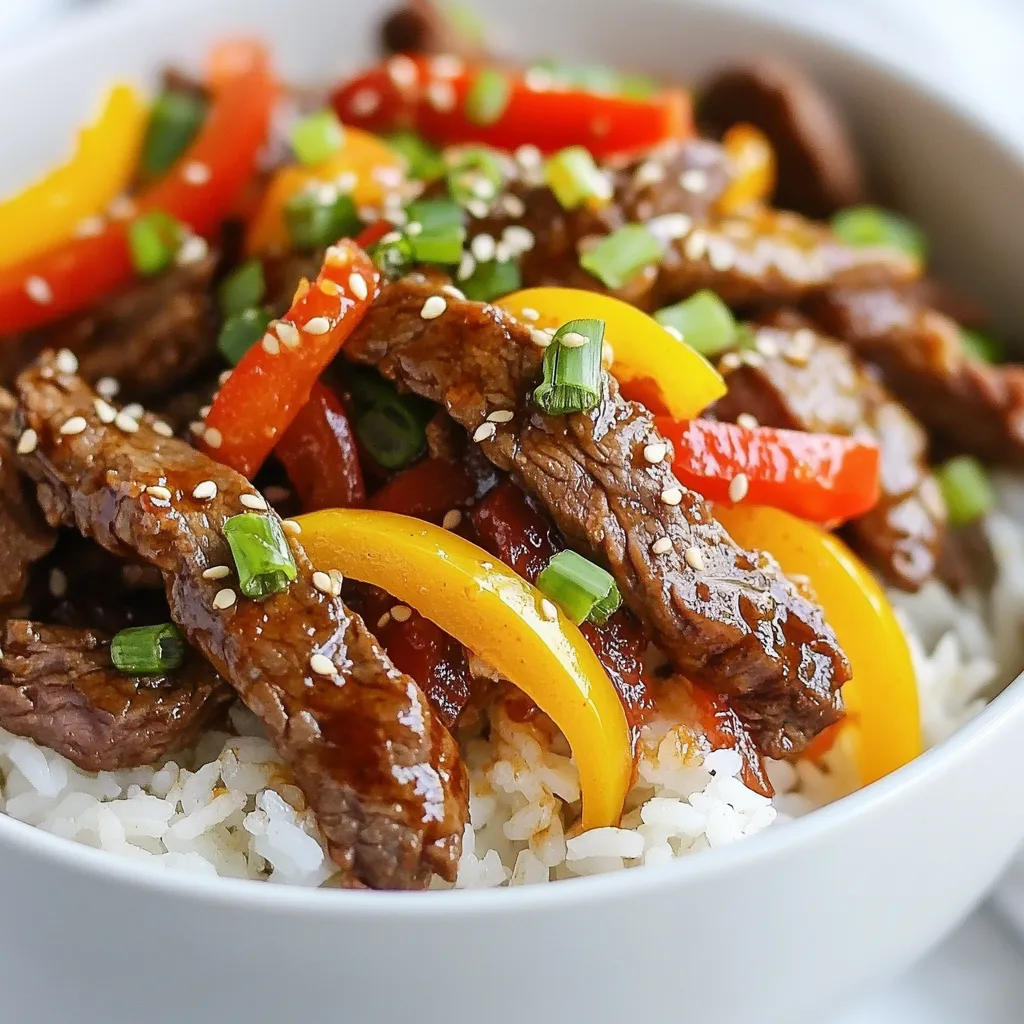- 1 pound flank steak, thinly sliced - 1 cup jasmine rice - 2 cups beef broth - 1 yellow bell pepper, thinly sliced - 1 red bell pepper, thinly sliced - 1 medium onion, thinly sliced - 3 cloves garlic, minced - 1 tablespoon fresh ginger, grated - 2 tablespoons soy sauce - 1 tablespoon chili paste (adjust to taste) - 1 tablespoon cornstarch - 1-2 tablespoons vegetable oil (for frying) - 1 teaspoon sesame oil - Salt and pepper to taste - Green onions, chopped (for garnish) - Sesame seeds (for garnish) Gather these ingredients before you start cooking. The flank steak gives great flavor. Jasmine rice adds a lovely aroma. The beef broth makes the rice extra tasty. Bell peppers and onion bring color and crunch. Garlic and ginger add warmth and spice. Soy sauce and chili paste are key for flavor. Cornstarch helps the beef crisp nicely. The oils give a rich taste. Finally, use green onions and sesame seeds as a finishing touch. They add freshness and texture. {{ingredient_image_1}} Start by rinsing the jasmine rice under cold water. This step helps remove excess starch. Keep rinsing until the water runs clear. Next, cook the rice in beef broth for extra flavor. Follow package instructions for the cooking time. Once done, set the rice aside. In a bowl, mix the sliced flank steak with soy sauce, chili paste, and cornstarch. Stir well to coat the beef. Let it marinate for at least 15 minutes. This step adds flavor and helps tenderize the meat. Heat vegetable oil in a large skillet or wok over medium-high heat. When the oil is hot, add the marinated beef in batches. Avoid overcrowding the pan. Fry until crispy and browned on the edges, about 3-4 minutes. After cooking, remove the beef and set it aside. In the same skillet, add a tablespoon of sesame oil. Then, add the onion, garlic, ginger, and bell peppers. Stir-fry for about 3-4 minutes. You want the veggies to be tender but still crisp. Season with a pinch of salt and pepper. Return the crispy beef to the skillet with the sautéed vegetables. Stir everything together for about 2 minutes. This helps to mix all the flavors well. To serve, place a generous scoop of the beef and vegetable mix over the jasmine rice. For added flavor and crunch, garnish with chopped green onions and sesame seeds. Enjoy your meal! To make your beef crispy, start by slicing flank steak thinly. Thin slices cook faster and get crispy. Use a mix of soy sauce, chili paste, and cornstarch to marinate the meat. The cornstarch helps create a nice crust when you fry it. Cook the beef in batches. If you add too much beef at once, it will steam instead of fry. This will make it soggy, not crispy. You can add more flavor by using extra seasonings. Try adding a pinch of sugar for sweetness or a splash of rice vinegar for tang. Garlic powder or onion powder can boost the taste too. For pairing, serve with a simple green salad or steamed broccoli. The fresh veggies balance the rich beef nicely. If you want to switch proteins, chicken or tofu works well. For chicken, use thinly sliced chicken breast. Marinate it the same way you do with beef. For tofu, press it to remove excess water, then slice and marinate. Both options will give you a tasty dish that fits your diet. Pro Tips Tip Title: Choose the Right Cut: Flank steak is ideal for this recipe due to its tenderness and flavor when marinated and cooked quickly. Tip Title: Marinate for Flavor: Allow the beef to marinate longer if possible, up to an hour, to deepen the flavor and enhance tenderness. Tip Title: Adjust the Heat: Modify the amount of chili paste according to your spice preference, and consider serving with extra chili flakes for those who enjoy more heat. Tip Title: Crispiness is Key: Fry the beef in batches to maintain high heat and achieve that perfect crispy texture without steaming the meat. {{image_2}} You can switch rice types for this dish. Jasmine rice gives a lovely aroma. However, you can try basmati rice for a nuttier taste or brown rice for more fiber. Each type of rice will change the dish’s texture and flavor. For vegetables, you can mix it up too. Try snap peas or broccoli for a fresh crunch. Carrots add a nice sweetness. You can use any veggies you like, depending on what you have at home. Just make sure to cut them thin for even cooking. Want more heat? Add more chili paste! Start with one tablespoon and taste. If you want it spicier, add half a tablespoon more. You can also try chili flakes for extra kick. If you prefer a mild version, cut back on the chili paste. You can replace it with a bit of honey for sweetness. Other spices, like paprika or cumin, will add flavor without the heat. To make your meal taste like takeout, use a high heat when frying. This keeps the beef crispy and flavorful. If you have a wok, use it! A wok helps to cook everything quickly and evenly. You can also add a splash of rice vinegar while cooking. This adds a tangy flavor that takes the dish up a notch. For that classic takeout look, serve it in a nice bowl, and don’t forget the garnishes! To store your leftovers, let the crispy chili beef rice cool first. Use an airtight container. This keeps the flavors fresh and reduces moisture. You can keep it in the fridge for up to three days. When ready to eat, check for any off smells or changes in texture. If you want to freeze crispy beef rice, portion it out. Place it in freezer-safe bags or containers. Be sure to remove as much air as possible. This helps prevent freezer burn. You can freeze it for up to three months. When you’re ready to use it, thaw it overnight in the fridge. To reheat, use a skillet for the best texture. Heat it on medium. Add a splash of water to keep it moist. Stir often until it's hot. You can also use the microwave. Just cover it and heat in short bursts. This keeps the beef crispy and the rice fluffy. Yes, you can use other cuts of beef. Sirloin or ribeye work well too. Each cut has its own flavor and texture. Just remember to slice it thinly for best results. Absolutely! Crispy Chili Beef Rice is great for meal prep. You can store it in the fridge for easy lunches or dinners. Just keep rice and beef separate until you are ready to eat. To make this dish gluten-free, replace soy sauce with a gluten-free alternative. Look for a brand that uses tamari or coconut aminos. These options offer a similar taste without gluten. You can serve this dish with a simple side salad or steamed veggies. A crispy cucumber salad adds a nice crunch. Pickled vegetables also pair well and add flavor. Crispy Chili Beef Rice lasts about 3-4 days in the fridge. Make sure to store it in an airtight container. This helps keep the flavors fresh and the beef crispy longer. In this post, we explored the delicious recipe for Crispy Chili Beef Rice. We covered main ingredients, seasonings, and garnishes that build flavor. You learned step-by-step how to prepare each component, from rinsing jasmine rice to frying beef and sautéing veggies. We also discussed tips for achieving crispiness, alternatives for dietary needs, and helpful storage methods. Try these ideas to make the dish your own. Enjoy your cooking adventure!