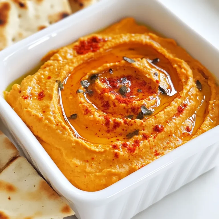 To make smoky roasted red pepper hummus, you'll need these simple ingredients: - 1 cup canned chickpeas, drained and rinsed - 1 large roasted red pepper (jarred or homemade) - 2 tablespoons tahini - 2 tablespoons olive oil - 1 small garlic clove, minced - 2 tablespoons fresh lemon juice - 1 teaspoon smoked paprika - Salt to taste - Water as needed for consistency Each ingredient plays an important role in the flavor and texture of the hummus. Chickpeas give it a creamy base. The roasted red pepper adds a sweet and smoky taste. Tahini gives richness, while olive oil adds smoothness. This hummus is not just tasty; it's also healthy! Each serving has about: - Calories: 120 - Protein: 4g - Fat: 7g - Carbohydrates: 12g - Fiber: 3g It’s a good source of protein and fiber. The healthy fats from olive oil help keep you full. This hummus is perfect for snacking or as part of a meal. When choosing ingredients, keep these tips in mind: - Chickpeas: Use canned chickpeas for convenience. Look for brands with no added salt. - Roasted Red Peppers: You can buy jarred peppers or roast your own. If roasting fresh, choose firm, bright peppers. - Tahini: Check for a smooth texture. It should not be too thick or dry. - Olive Oil: Use high-quality extra virgin olive oil for the best flavor. - Garlic: Fresh garlic gives a strong taste. Avoid garlic powder for this recipe. Using fresh and quality ingredients will enhance the taste of your hummus. Enjoy making it delicious! {{ingredient_image_1}} To make this hummus, you first need to roast the red peppers. You can use fresh or jarred peppers. If using fresh, roast them over a flame or in an oven at 425°F (220°C). Roast until the skin is charred and blistered. This takes about 20 minutes. After roasting, place them in a bowl and cover it with plastic wrap. This helps them steam. After about 10 minutes, peel off the skin and remove the seeds. This step adds a smoky flavor that makes the hummus special. Next, you blend the ingredients. In a food processor, add the canned chickpeas, your roasted red pepper, tahini, olive oil, minced garlic, lemon juice, smoked paprika, and a pinch of salt. Blend everything on high until it is smooth. The color will be a lovely shade of orange. If the hummus is too thick, don’t worry! Add water one tablespoon at a time until you get the right consistency. Now it’s time to adjust the flavor. Taste the hummus and decide if it needs more salt or lemon juice. If it tastes great, you can serve it! Transfer the hummus to a bowl. Drizzle a bit of olive oil on top and sprinkle with more smoked paprika if you like. This adds a nice touch to the presentation. Enjoy your creamy, smoky dip with pita bread or veggies! To get the best texture for your hummus, start with smooth chickpeas. Canned chickpeas work great. Drain them well and rinse them under cold water. This helps remove extra salt and makes them creamier. When blending, add olive oil slowly. This method helps create a silky texture. If your hummus seems thick, add water one tablespoon at a time. Blend until you reach your desired smoothness. Always taste your hummus before serving. Adjust the salt or lemon juice to fit your taste. This step makes a big difference! Roasted red pepper hummus is so versatile. You can serve it as a dip or a spread. Try pairing it with fresh veggies like carrots, cucumbers, or bell peppers. Pita chips and crackers also work well. You can even use it as a spread on sandwiches or wraps. For a fun twist, top it with extra smoked paprika and a drizzle of olive oil. This adds color and flavor. For a meal, serve it with grilled chicken or fish. It adds a nice smoky flavor that complements these dishes. One common mistake is not blending long enough. Blend the mixture until it is very smooth. If it’s still chunky, it won't taste as good. Another mistake is adding too much salt or lemon juice. Start with a little and adjust after tasting. Lastly, don't forget to soak your chickpeas if using dried ones. This step is key for a creamy texture. If you skip soaking, the hummus will be gritty. Follow these tips, and you'll have a tasty roasted red pepper hummus every time! Pro Tips Choosing Peppers: Opt for jarred roasted red peppers for convenience, or roast your own for a fresher, smoky flavor. Adjusting Consistency: If your hummus is too thick, add water gradually until you reach your desired creaminess. Seasoning to Taste: Always taste your hummus before serving and adjust salt and lemon juice to enhance the flavors. Serving Suggestions: Serve with pita chips, fresh vegetables, or use as a spread in sandwiches for extra flavor. {{image_2}} For a kick, add some heat to your hummus. Use one or two jalapeños or a dash of cayenne pepper. Blend these spicy elements with the chickpeas and roasted red pepper. This gives your dip a bold flavor that pairs well with crunchy veggies or pita chips. Herbs brighten up this dip. Try adding fresh basil, parsley, or cilantro. Just chop them finely and add them into the food processor. This gives your hummus a fresh taste that makes it great for summer parties or picnics. It’s a fun twist that brings a new life to a classic recipe. This hummus is already vegan, but you can make it allergen-friendly too. Swap tahini with sunflower seed butter or omit it entirely. This keeps the dip creamy without nuts. You can also use gluten-free pita or veggies for dipping. Enjoy this healthy treat worry-free, no matter your dietary needs. To keep your hummus fresh, store it in an airtight container. Place a piece of plastic wrap directly on the hummus before sealing the lid. This helps keep air out and moisture in. Always use a clean utensil to scoop the hummus, as this prevents bacteria from getting inside. You can freeze roasted red pepper hummus for long-term storage. Use an airtight container or freezer bag. Leave some space at the top, as the hummus may expand when it freezes. It is best to thaw the hummus in the fridge overnight before using it again. Roasted red pepper hummus lasts about 5 to 7 days in the fridge. Always check for changes in smell or color before eating. If you see any mold, it’s best to throw it away. You can enjoy roasted red pepper hummus with many foods. Here are some tasty options: - Fresh veggies like carrots, cucumber, and bell peppers - Pita bread or pita chips - Crackers for a crunchy bite - Grilled meats or kebabs - Spread on sandwiches or wraps These pairings enhance the flavors and make a great snack or meal. Yes, you can make hummus without tahini. You can use sunflower seed butter or Greek yogurt instead. Both options add creaminess and flavor. You can also skip the tahini and just use more olive oil. The hummus will still taste great and be healthy. You can buy pre-made roasted red pepper hummus at many grocery stores. Look in the deli section or near the dips. Some popular brands include Sabra and Tribe. You can also find it at health food stores or online. Always check the label for quality ingredients. You learned how to make tasty roasted red pepper hummus step-by-step. We covered the key ingredients, nutritional facts, and tips for choosing them well. Roasting peppers and blending them just right gives you a creamy dip. I shared tricks for texture, serving ideas, and what not to do. You also found fun variations and how to store leftovers. Enjoy your homemade hummus with friends or on your meals. It’s easy, delicious, and can fit any diet!