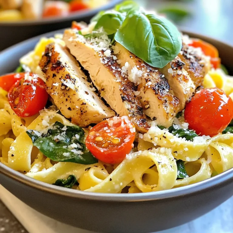 - 2 boneless, skinless chicken breasts - 8 oz fettuccine pasta - 1 cup cherry tomatoes, halved - 1 cup heavy cream - 1 cup grated Parmesan cheese - 4 cloves garlic, minced - 2 cups fresh spinach - 2 tablespoons olive oil - 1 teaspoon Italian seasoning - Salt and pepper to taste - Fresh basil for garnish The chicken breast gives the dish its heartiness. Choose good quality chicken for best flavor. Fettuccine is perfect for holding the sauce. You can swap it for other pasta types if you like. Cherry tomatoes add a burst of freshness and sweetness. Heavy cream makes the sauce rich and smooth. Parmesan cheese adds a salty depth. Fresh spinach provides color and nutrients. You can use chicken thighs if you prefer dark meat. For a lighter sauce, swap heavy cream with half-and-half. Use any pasta shape like penne or spaghetti. If you want more veggies, add bell peppers or zucchini. For a dairy-free option, use coconut milk and nutritional yeast. Fresh basil can be replaced with parsley or arugula for a different taste. {{ingredient_image_1}} First, fill a large pot with water. Add salt to the water. Bring the water to a boil. Once boiling, add 8 oz of fettuccine pasta. Cook it until al dente, or firm to bite. This usually takes about 8-10 minutes. When done, drain the pasta. Remember to save 1/2 cup of the cooking water. Set the pasta aside. Next, take 2 boneless, skinless chicken breasts. Season them with salt, pepper, and Italian seasoning. Heat 2 tablespoons of olive oil in a large skillet over medium heat. Add the chicken to the skillet. Cook for 5-7 minutes on each side. It should be golden brown and cooked through. Once done, remove the chicken from the skillet. Let it rest for a few minutes before slicing. In the same skillet, add 4 cloves of minced garlic. Sauté for about 1 minute until it smells nice. Then, toss in 1 cup of halved cherry tomatoes. Cook them for 2-3 minutes until they soften. Now, pour in 1 cup of heavy cream. Stir it well and bring it to a gentle simmer. Add 1 cup of grated Parmesan cheese and mix until it melts. The sauce will thicken a bit. Next, add 2 cups of fresh spinach to the sauce. Cook for another 2 minutes until it wilts. If the sauce is too thick, add some reserved pasta water. It should be creamy but not too heavy. Slice the cooked chicken and put it back in the skillet. Stir gently to warm it up. Finally, add the cooked fettuccine to the skillet. Toss everything together until the pasta is well coated in sauce. Serve the dish hot and garnish with fresh basil leaves for extra flavor. To cook juicy chicken, start with even-sized breasts. This helps them cook evenly. Season well with salt, pepper, and Italian seasoning. Use a hot skillet with olive oil for a nice sear. Cook each side for about 5-7 minutes. The chicken should be golden brown and reach 165°F inside. Let it rest before slicing to keep the juices in. For a creamy sauce, begin by adding heavy cream after sautéing garlic and tomatoes. Stir the cream gently to avoid lumps. Add grated Parmesan cheese and let it melt fully. If the sauce becomes too thick, add some reserved pasta water. This will help you reach the creamy texture you want. A smooth sauce will coat the pasta beautifully. Serve Marry Me Chicken Pasta in deep bowls for a lovely look. Drizzle a bit of extra cream sauce on top. Add a sprinkle of Parmesan cheese for extra flavor. Finish with fresh basil leaves for color and aroma. This simple touch makes your dish feel special and inviting. Pro Tips Perfectly Cooked Pasta: Always cook your pasta al dente, so it retains a slight bite. This will help it hold up better when mixed with the creamy sauce. Season Generously: Season each component of your dish separately, from the chicken to the sauce, to build layers of flavor throughout. Fresh Herbs Matter: Use fresh basil for garnish rather than dried. Fresh herbs enhance the overall aroma and taste of the dish significantly. Make it a Meal: Add vegetables like zucchini or bell peppers for additional nutrition and color, making the dish even more satisfying and visually appealing. {{image_2}} You can easily swap chicken for vegetables. Use mushrooms or zucchini for added texture. Firm tofu also works well for protein. For extra flavor, season your veggies with salt and pepper. Cook them until they are tender. This keeps the dish creamy and satisfying, just like the original. For a gluten-free meal, choose gluten-free pasta. Options like rice or chickpea pasta work great. Ensure your cream and cheese are gluten-free as well. This way, you can enjoy the dish without worry. The flavors remain rich and enjoyable, ensuring everyone can join in. Add some heat with red pepper flakes. This gives the dish a spicy kick. You can also mix in sun-dried tomatoes for a tangy flavor. If you love herbs, try adding fresh thyme or oregano. Each tweak adds your personal touch, making it even more special. To keep your Marry Me Chicken Pasta fresh, store it in an airtight container. Make sure to let the dish cool to room temperature first. This helps prevent moisture buildup, which can make the pasta soggy. Leftovers can last in the fridge for up to three days. For best taste, eat them within this time. When you are ready to enjoy leftovers, reheat them gently. You can use the microwave or a skillet. If using a microwave, heat in short bursts, stirring in between. If using a skillet, add a splash of water or chicken broth to keep the dish moist. Heat over medium-low until warm. This keeps the pasta creamy and delicious. You can freeze Marry Me Chicken Pasta if you want to save it for later. Divide it into portions and place them in freezer-safe bags or containers. Make sure to remove as much air as possible before sealing. This helps prevent freezer burn. It can last in the freezer for up to two months. When ready to eat, thaw it overnight in the fridge before reheating. You can serve Marry Me Chicken Pasta with a fresh salad. A simple green salad works well. I recommend adding a light vinaigrette for flavor. Garlic bread is another tasty option. It pairs perfectly with the creamy sauce. For a heartier meal, serve it with steamed vegetables. Broccoli or asparagus adds a nice touch. You could also add a glass of white wine. A crisp Chardonnay complements the dish nicely. To add spice, you can include red pepper flakes. Just a pinch can make a big difference. Add them when you cook the garlic for best results. Another option is to use spicy Italian sausage instead of chicken. You can also mix in diced jalapeños for a fresh kick. If you love heat, try a splash of hot sauce in the cream. Adjust the spice level to match your taste buds. Yes, you can use other types of pasta. Penne or rotini work well in this recipe. If you prefer a gluten-free option, use gluten-free pasta. Zucchini noodles are a great low-carb substitute. Just remember to adjust the cooking time. The goal is to have your pasta cooked perfectly. Each type of pasta can bring a unique texture to the dish. This blog post covered all the key steps to making Marry Me Chicken Pasta. We explored the essential ingredients, step-by-step cooking instructions, and helpful tips for perfect results. I shared variations for different diets and how to store leftovers properly. In the end, getting creative with this dish offers a great way to impress. Enjoy every bite and don't be afraid to make it your own!