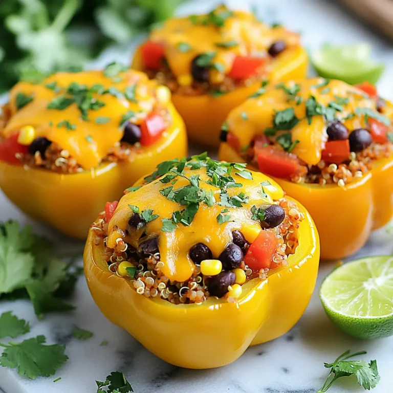 - 4 large bell peppers (any color) - 1 pound ground chicken - 1 cup cooked quinoa or rice - 1 cup black beans, drained and rinsed - 1 cup corn (fresh, frozen, or canned) - 2 teaspoons taco seasoning - 1 teaspoon cumin - 1 small onion, finely chopped - 2 cloves garlic, minced - 1 cup shredded cheddar cheese (or a blend of your favorite cheeses) - Fresh cilantro for garnish (optional) - Lime wedges for serving In this dish, the bell peppers become colorful vessels for the tasty filling. Ground chicken gives it a light and protein-packed base. You can use either quinoa or rice, which adds a nice texture. Black beans bring fiber and a rich taste, while corn adds a touch of sweetness. For the seasonings, taco seasoning and cumin create that classic taco flavor. Onion and garlic add depth and aroma. Cheese is the final touch, making everything creamy and delicious. You can also add fresh cilantro on top for a burst of freshness. Don't forget lime wedges for a zesty finish! {{ingredient_image_1}} To start, take your bell peppers and slice off the tops. Make sure to remove all seeds and membranes. This step is key for a good filling. Once done, set the peppers aside for stuffing later. In a large skillet, add a splash of olive oil over medium heat. Toss in your chopped onion and sauté for about 3-4 minutes until it gets soft and clear. Then, add the minced garlic and ground chicken. Cook this mix until the chicken turns brown and is no longer pink. This should take about 6-7 minutes. Next, stir in the cooked quinoa or rice, black beans, corn, and diced tomatoes (with juice). Sprinkle in the taco seasoning, cumin, salt, and pepper. Mix everything well and let it cook for another 5 minutes. This allows all the flavors to blend perfectly. When the filling is ready, take the skillet off the heat. Stir in half of the shredded cheese until it melts and combines with the other ingredients. Now, it’s time to stuff the peppers. Fill each pepper with the chicken mixture, packing it in tightly. Place the stuffed peppers standing up in a baking dish. Next, top each pepper with the remaining shredded cheese. Cover the dish with aluminum foil and bake it in the oven at 375°F (190°C) for 25 minutes. After that, take off the foil and bake for 10 more minutes. This will help the cheese melt and the tops will get a nice golden color. Once you remove them from the oven, let them cool for a few minutes. You can garnish with fresh cilantro and serve with lime wedges on the side. Enjoy your Chicken Taco Stuffed Peppers! To make your chicken taco stuffed peppers shine, adjust the spice levels. If you like heat, add more taco seasoning or some diced jalapeños. For milder flavors, reduce the taco seasoning. Taste your filling before stuffing the peppers. This way, you can get it just right. Fresh herbs can elevate your dish. I recommend using cilantro. It brings a bright flavor and looks great as a garnish. You can also try fresh parsley for a different twist. Cooking the chicken well makes a big difference. I prefer using a skillet on medium heat. This allows the chicken to brown nicely. Stir it frequently to ensure even cooking. You want to avoid dry chicken, so don’t overcook it. For stuffing, quinoa or rice works well. Quinoa adds a nutty taste and is packed with protein. If you prefer rice, any type will do. Brown rice is a healthy choice. You can even mix both for added texture. Pair your stuffed peppers with simple sides. A green salad adds freshness. You can also serve them with tortilla chips and salsa. This adds a nice crunch to your meal. For drinks, I suggest a light beer or a refreshing lemonade. If you want something warm, try a Mexican hot chocolate. It’s a fun way to round out the meal. Pro Tips Choose Colorful Peppers: Using a mix of red, yellow, and green bell peppers not only adds visual appeal but also enhances the flavor profile of your dish. Cook Quinoa for Extra Flavor: Instead of cooking quinoa in water, use chicken broth for added depth and flavor in the filling. Customize Spice Level: Adjust the amount of taco seasoning and cumin to suit your taste, or add fresh jalapeños for an extra kick! Make Ahead: Prepare the stuffed peppers a day in advance and store them in the fridge. Just pop them in the oven when you’re ready to serve. {{image_2}} You can switch the ground chicken for other meats. Turkey works well and is leaner. Beef can add a richer flavor, too. If you want a meatless meal, use beans or lentils. They are packed with protein and fiber. Black beans or pinto beans make great options. Lentils add a nice texture and soak up flavors well. If you need to avoid dairy, try dairy-free cheese. Many brands offer good taste and melt well. Mixing different cheeses can also enhance flavor. A blend of cheddar and Monterey Jack adds depth. You can experiment with your favorites to find the best mix. Garnishing adds fun and flavor to your stuffed peppers. Fresh cilantro is a great choice; it adds brightness. Squeeze fresh lime juice for a zesty kick. You can also serve with salsa for extra flavor. Try different types of salsa, like mango or tomatillo. Hot sauce can spice things up if you like heat. Store leftover Chicken Taco Stuffed Peppers in the fridge. Use airtight containers. This keeps them fresh and safe to eat. Place the stuffed peppers in a container with a tight lid. Make sure to cool them before sealing. You can keep them in the fridge for about 3 to 4 days. You can freeze the stuffed peppers before or after baking. If you freeze them before baking, wrap each pepper in plastic wrap. Place them in a freezer bag or airtight container. This method lets you bake them fresh later. If you freeze after baking, let them cool first. Then, wrap them tightly and store. To thaw frozen peppers, place them in the fridge overnight. For quick options, you can use the microwave. Reheat them in the oven at 375°F (190°C) until heated through. This usually takes about 15-20 minutes. Stuffed peppers last about 3 to 4 days in the fridge. Check for signs of spoilage before eating. If they smell off or have a slimy texture, don’t eat them. Mold or discoloration is another sign. Always trust your senses when it comes to food safety. To make Chicken Taco Stuffed Peppers, follow these simple steps: 1. Preheat the Oven: Start by preheating your oven to 375°F (190°C). 2. Prepare the Peppers: Cut off the tops of four large bell peppers and remove the seeds. Set them aside. 3. Cook the Filling: In a skillet, heat some olive oil. Sauté one chopped onion for 3-4 minutes. Add two minced garlic cloves and one pound of ground chicken. Cook until the chicken is browned, about 6-7 minutes. 4. Mix Ingredients: Stir in one cup of cooked quinoa or rice, one cup of drained black beans, one cup of corn, and one cup of diced tomatoes. Add two teaspoons of taco seasoning, one teaspoon of cumin, salt, and pepper. Cook for 5 minutes to blend flavors. 5. Stuff the Peppers: Remove from heat and mix in half of one cup of shredded cheese. Stuff each pepper with the mixture and place them in a baking dish. 6. Top with Cheese: Sprinkle the remaining cheese on top of each pepper. 7. Bake: Cover with foil and bake for 25 minutes. Then, bake uncovered for another 10 minutes until the cheese is melted. This process takes about 55 minutes from start to finish. Yes, you can use different types of peppers! Bell peppers are great, but you can also try: - Anaheim Peppers: These are mild and add a nice flavor. - Poblano Peppers: They have a rich taste and a bit of heat. - Mini Peppers: Perfect for bite-sized treats. Feel free to mix colors and types for fun presentations. Each pepper has its own flavor, adding variety to your dish. Chicken Taco Stuffed Peppers pair well with many sides. Here are some great options: - Mexican Rice: A flavorful side that complements the spices. - Guacamole: Creamy and fresh, it’s perfect for dipping. - Salsa: Add a zesty kick with your favorite salsa. - Corn Salad: Light and refreshing, it balances the meal. - Lime Wedges: A squeeze of lime brightens the flavors. These sides enhance your meal and create a complete dining experience. Stuffed peppers are easy to make and packed with flavor. We covered the main ingredients and steps for cooking. You can adjust spices and try various proteins for your filling. Don't forget about great sides and drinks to serve. Storing leftovers is simple, too. With a few tips, you can enjoy these tasty meals multiple times. Experiment with flavors and make them your own. Enjoy your cooking adventure with stuffed peppers!