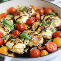 To make Caprese Chicken Skillet, gather these fresh items: - 4 boneless, skinless chicken breasts - 1 tablespoon olive oil - Salt and pepper to taste - 1 teaspoon garlic powder - 1 teaspoon Italian seasoning - 2 cups cherry tomatoes, halved - 1 cup fresh mozzarella balls (bocconcini) - 1 cup fresh basil leaves, torn - 1 tablespoon balsamic glaze (optional) Fresh ingredients make this dish shine. Choose bright, firm tomatoes. Look for mozzarella that is soft and creamy. Fresh basil should smell sweet and fragrant. Use chicken that is pink, not gray. This ensures great flavor and texture in your meal. If you want to switch things up, try these options: - Replace chicken with turkey or tofu for a twist. - Use grape tomatoes if cherry tomatoes are not available. - Swap mozzarella for goat cheese for a tangy flavor. - Add spinach for extra greens and nutrients. These changes can still keep the meal tasty and healthy! {{ingredient_image_1}} - Gather your ingredients: - 4 boneless, skinless chicken breasts - 1 tablespoon olive oil - Salt and pepper to taste - 1 teaspoon garlic powder - 1 teaspoon Italian seasoning - 2 cups cherry tomatoes, halved - 1 cup fresh mozzarella balls - 1 cup fresh basil leaves, torn - 1 tablespoon balsamic glaze (optional) - Wash the cherry tomatoes and basil. Halve the tomatoes and tear the basil leaves. - Season the chicken breasts with salt, pepper, garlic powder, and Italian seasoning. 1. Heat the olive oil in a large skillet over medium heat. 2. Add the chicken breasts to the skillet. Cook for 6-7 minutes on each side. 3. Look for a golden brown color. The chicken should be fully cooked at 165°F. 4. Remove the chicken and set it aside. 5. In the same skillet, add the halved cherry tomatoes. Cook for 3-4 minutes until they soften. 6. Turn down the heat to medium-low. Return the chicken to the skillet. 7. Scatter the mozzarella balls over the chicken and tomatoes. 8. Cover the skillet with a lid. Cook for 3-4 minutes until the cheese melts. 9. Remove from heat and fold in the torn basil leaves. 10. Drizzle with balsamic glaze if you like, then serve warm. - Use a meat thermometer to check the internal temperature. Aim for 165°F. - Cut into the chicken; the juices should run clear, not pink. - If you don’t have a thermometer, cooking until golden brown helps ensure doneness. To keep your chicken juicy, do not overcook it. Cook the chicken for 6-7 minutes on each side. Use a meat thermometer to check for 165°F (75°C). This ensures it's safe to eat and not dry. Let the chicken rest for a few minutes before cutting. This helps keep the juices inside. A large skillet works best for this dish. Use a non-stick skillet to prevent sticking. It also helps with easy cleanup. A meat thermometer is key to check the chicken's doneness. You might want to have a lid handy to melt the cheese quickly. Serve the Caprese chicken with a side of pasta or a fresh salad. You can also pair it with crusty bread to soak up the juices. Drizzle some extra balsamic glaze on top for added flavor. Garnish with more fresh basil leaves for a pop of color. Pro Tips Perfectly Cooked Chicken: To ensure your chicken breasts are juicy and tender, use a meat thermometer to check for an internal temperature of 165°F (75°C). Fresh Ingredients: For the best flavor, use fresh mozzarella and basil. The freshness will elevate the overall taste of the dish. Customize Your Seasoning: Feel free to experiment with different herbs such as thyme or rosemary to give a unique twist to the seasoning. Balsamic Glaze Finish: Drizzling balsamic glaze just before serving adds a wonderful sweetness and acidity that complements the dish beautifully. {{image_2}} If you want a vegetarian version, try using eggplant or zucchini. Cut these veggies into thick slices. Sauté them in olive oil until soft. They soak up flavor well and add a nice texture. You can also use firm tofu. Press it to remove water, then cube it. Cook it until golden and crispy for a tasty twist. Herbs and spices can change the taste of this dish. Consider adding fresh oregano or thyme for a different vibe. A pinch of red pepper flakes can add heat if you like it spicy. You can also mix in some lemon zest. This adds a bright flavor that pairs well with the cheese and tomatoes. While fresh mozzarella is great, other cheese can work well too. Try goat cheese for a tangy taste. It melts nicely and adds creaminess. Feta cheese is another option. It gives a salty kick that contrasts with the sweet tomatoes. You can even use a dairy-free cheese for a vegan dish. Just make sure it melts well. To keep your Caprese Chicken Skillet fresh, let it cool first. Place the leftover chicken and veggies in an airtight container. This helps prevent spoilage. Store it in the fridge for up to three days. If you plan to eat it later, make sure to label the container with the date. When it’s time to enjoy your leftovers, you have a few options. The best way is to reheat it on the stove. Place it in a skillet over medium heat. Stir gently until heated through. You can also use a microwave if you’re short on time. Heat it in 30-second bursts until warm. Just be careful not to overcook the chicken, as it can dry out. If you want to save the dish for longer, freezing is a great option. First, cool the dish completely. Then, transfer it to a freezer-safe container. Make sure to remove as much air as possible. This helps prevent freezer burn. You can freeze it for up to three months. When ready to eat, thaw it in the fridge overnight before reheating. Yes, you can use frozen chicken. However, make sure to thaw it first. Cooking frozen chicken in a skillet can lead to uneven cooking. Thaw the chicken overnight in the fridge or use the microwave. After thawing, follow the recipe as usual. This ensures juicy and tender chicken every time. Caprese Chicken Skillet pairs well with many sides. Here are some great options: - Rice: Try white, brown, or even cauliflower rice. - Pasta: A light pasta with olive oil works well. - Salad: A fresh green salad adds crunch and color. - Bread: Garlic bread or a baguette is perfect for dipping. These sides complement the flavors and make your meal feel complete. You can store leftovers in the fridge for up to three days. Place the chicken in an airtight container to keep it fresh. For longer storage, freeze the leftovers. They can last for about three months in the freezer. Just remember to reheat until hot to enjoy the best taste. In this blog, we explored how to make a delicious Caprese Chicken Skillet. We covered essential ingredients, tips for perfect cooking, and creative variations to try. Remember, using fresh ingredients leads to better flavor. Always check chicken doneness to avoid dryness. Proper storage helps keep leftovers tasty. With these steps and tips, you can cook confidently. Enjoy this dish with your favorite sides or add your own twist. Cooking can be fun and rewarding, so dive in and explore!