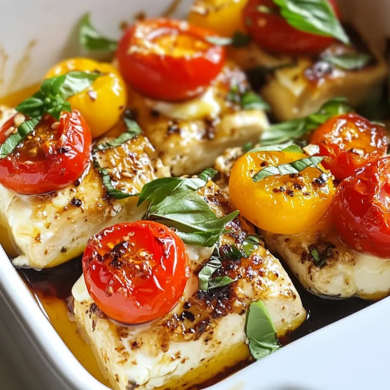 - 4 boneless, skinless chicken breasts - 2 cups cherry tomatoes, halved - 8 ounces fresh mozzarella cheese, sliced - 1 tablespoon balsamic vinegar - 2 tablespoons fresh basil leaves, chopped - 2 tablespoons olive oil - 3 cloves garlic, minced You need boneless, skinless chicken breasts for this dish. They cook evenly and stay juicy. Cherry tomatoes add a sweet burst of flavor. Fresh mozzarella brings creaminess and melty goodness. Balsamic vinegar gives a tangy kick. Fresh basil adds a fragrant note. Olive oil helps everything blend nicely. Garlic gives an aromatic depth, pulling all flavors together. - Salt and pepper - 1 teaspoon dried oregano Salt and pepper are key for flavor enhancement. Dried oregano brings a warm, earthy taste. Together, they season the chicken and balance the dish. Pair this dish with a simple side salad. A green salad with a vinaigrette works well. Garlic bread also complements the meal nicely. For garnishes, sprinkle extra basil on top before serving. This adds color and freshness to your plate. {{ingredient_image_1}} First, preheat your oven to 375°F (190°C). This step warms up your cooking space. Next, grab a large baking dish. Drizzle 1 tablespoon of olive oil to coat the bottom. This helps prevent sticking. Now, let’s season the chicken breasts. Sprinkle salt, pepper, and oregano on both sides. This adds flavor to the meat. Place the seasoned chicken in the prepared baking dish. In a mixing bowl, combine the halved cherry tomatoes, minced garlic, and chopped basil. Add the remaining olive oil and balsamic vinegar. Don’t forget to season with salt and pepper. Toss this mixture well until the tomatoes are well-coated. The fresh basil and garlic will make it smell amazing. Spread the tomato mixture evenly over the chicken in the baking dish. Next, layer the slices of fresh mozzarella cheese on top. This cheese will melt beautifully. Cover the baking dish with aluminum foil. Bake in the preheated oven for 20 minutes. After 20 minutes, remove the foil. Continue baking for an additional 15-20 minutes. You want the chicken to reach an internal temperature of 165°F (75°C). The cheese should be bubbly and golden. Once it’s done, let the dish rest for 5 minutes before serving. This helps the flavors meld together. Garnish with more fresh basil leaves if you wish. Enjoy your Caprese Chicken Bake! To avoid dry chicken, use a meat thermometer. This tool helps you check when the chicken hits 165°F. Remove it from the oven right away. Letting it rest for a few minutes keeps it juicy. For melted, bubbly cheese, don’t rush the baking time. Cover the dish for the first 20 minutes. Then, remove the foil to let the cheese brown. You can add different herbs to boost flavor. Try parsley, thyme, or even rosemary for a twist. Using other types of cheese also works well. Gouda or cheddar can give a unique taste. Just make sure to slice cheese thinly so it melts nicely. Preparing ingredients in advance saves time. Chop your tomatoes and garlic the day before. You can also season your chicken ahead of time and store it in the fridge. If you have leftovers, get creative! Shred the chicken and add it to salads or wraps. This keeps meals exciting and cuts down on waste. Pro Tips Use Fresh Ingredients: Opt for the freshest tomatoes and mozzarella cheese to enhance the dish's flavor and presentation. Layering Matters: When layering, ensure that the mozzarella is on top to achieve that perfect golden, bubbly texture. Resting Time: Allow the dish to rest for 5 minutes after baking to let the juices redistribute for a juicier chicken. Customize Your Herbs: Feel free to experiment with other fresh herbs like thyme or parsley for added depth of flavor. {{image_2}} You can change the chicken to fit your taste. Try turkey or tofu for a twist. Turkey gives a leaner option. Tofu is great for a plant-based meal. Both swap well in this dish. You can also mix in different veggies. Try bell peppers or zucchini. These add color and flavor. Just chop them and toss them in with the tomatoes. For a Mediterranean style, add olives and artichokes. These make the dish more vibrant. They bring out the flavors of the tomatoes and cheese. If you like spicy food, add jalapeños or red pepper flakes. This gives a nice kick. Feel free to adjust the heat to your liking. If you need a gluten-free meal, this recipe fits well. All main ingredients are gluten-free. Just double-check any added sauces. For a low-carb option, skip the tomatoes and use spinach instead. This keeps the dish light but still tasty. You can still use the cheese and herbs for flavor. To keep your Caprese chicken bake fresh, store leftovers in an airtight container. This helps prevent moisture loss and keeps flavors intact. The dish stays good in the fridge for about 3 to 4 days. If you want to enjoy it later, make sure to cool it down before sealing it up. You can freeze the Caprese chicken bake both before and after baking. If freezing before baking, assemble the dish and cover it tightly. It can stay in the freezer for up to 3 months. To freeze after baking, let it cool completely first, then wrap it well. When you are ready to eat, thaw it overnight in the fridge. For reheating, I suggest using the oven. This method keeps the chicken juicy and the cheese melty. Preheat the oven to 350°F (175°C) and bake for about 20 minutes. If you're in a rush, the microwave works, too. Just heat in short bursts, checking often so it doesn’t dry out. Remember, adding a splash of water can help keep the chicken moist. Yes, you can prepare Caprese Chicken Bake ahead of time. This dish is great for meal prep. To do this, follow these tips: - Season the chicken: Season the chicken and place it in the baking dish. - Mix the tomato mix: Combine cherry tomatoes, garlic, and basil in a bowl. - Layer the dish: Put the tomato mix on top of the chicken and add mozzarella. - Cover and chill: Wrap the dish tightly with plastic wrap or foil. - Bake when ready: When you are ready to eat, just bake it straight from the fridge. Caprese Chicken Bake pairs well with many sides. Here are some tasty options: - Garlic bread: This adds a nice crunch and flavor. - Mixed green salad: A fresh salad can balance the meal. - Roasted vegetables: Carrots or broccoli work well with this dish. - Pasta: A side of pasta can make the meal heartier. To boost the flavor of your Caprese Chicken Bake, try these ideas: - Add more herbs: Fresh oregano or thyme can add depth. - Use flavored oils: Try garlic-infused olive oil for extra taste. - Drizzle extra balsamic: A little more balsamic vinegar can enhance sweetness. - Spice it up: Add crushed red pepper for a kick of heat. This blog gave you a clear path to making Caprese Chicken Bake. We covered the essential ingredients, step-by-step instructions, and helpful tips. You learned about storage and some fun variations. Now, you can create a tasty dish that fits your style. Enjoy experimenting with flavors and sharing this meal with others. Dive into your culinary journey, and make this dish your own!