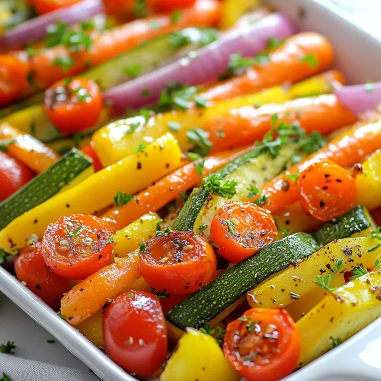 To make a tasty herb roasted vegetable medley, gather these fresh ingredients: - 2 cups of carrots, sliced into sticks - 2 cups of bell peppers, chopped (mixed colors) - 2 cups of zucchini, sliced - 1 cup of cherry tomatoes, halved - 1 red onion, cut into wedges - 4 cloves of garlic, minced - 4 tablespoons of olive oil - 2 teaspoons of dried Italian herbs (oregano, thyme, basil) - 1 teaspoon of paprika - Salt and pepper to taste - Fresh parsley, chopped (for garnish) Each ingredient adds its own flavor and color. Carrots bring sweetness, while bell peppers add crunch. Zucchini gives a soft texture, and cherry tomatoes burst with juice. The red onion adds sharpness, and garlic packs a punch. Olive oil helps everything roast evenly, while the Italian herbs and paprika tie the flavors together. Fresh parsley brightens the dish and makes it look pretty. This mix of veggies is not just colorful; it is full of vitamins too. Cooking these vegetables brings out their natural sweetness and makes them tasty. This dish is great as a side or a main meal. Enjoy your cooking! {{ingredient_image_1}} 1. Preheat your oven to 425°F (220°C). This high heat makes the veggies nice and crispy. 2. In a large bowl, add the sliced carrots, chopped bell peppers, sliced zucchini, halved cherry tomatoes, and red onion wedges. 3. Mince the garlic and throw it in the bowl with the veggies. 4. Drizzle 4 tablespoons of olive oil over the mixed veggies. 5. Sprinkle 2 teaspoons of Italian herbs, 1 teaspoon of paprika, salt, and pepper to taste. 6. Toss everything together until each piece is well coated with the oil and seasonings. 1. Spread the seasoned vegetables in a single layer on a large baking sheet. 2. Make sure not to overcrowd the veggies; this helps them roast evenly. 3. Roast in the oven for 25 to 30 minutes. Stir them halfway through to ensure even cooking. 4. Look for the veggies to be tender and lightly browned. 1. Once they are done, remove the baking sheet from the oven. 2. Let the vegetables cool for a few minutes. 3. Before serving, garnish them with freshly chopped parsley for a pop of color and flavor. 4. These roasted veggies make a great side dish or a tasty addition to salads. To make sure your veggies cook evenly, cut them into similar sizes. This step helps all pieces roast at the same rate. For this recipe, I like carrots, bell peppers, zucchini, cherry tomatoes, and red onion. They add color and taste. You can also pick seasonal veggies for variety. You can boost flavor by adding fresh herbs like rosemary or thyme. Spices like cumin or chili powder give a nice kick too. When it comes to oils, I prefer olive oil for its richness. Avocado oil works well too if you want a milder taste. Pair these roasted veggies with grilled chicken or fish for a full meal. They also go well with quinoa or rice. For presentation, serve them on a large platter. Sprinkle fresh parsley on top for color. This simple touch makes the dish look even more inviting. Pro Tips Uniform Cuts: Ensure all vegetables are cut into similar sizes for even cooking. Season Generously: Don't be shy with the seasoning; it enhances the flavor of the vegetables significantly. Use Fresh Herbs: For an extra burst of flavor, add fresh herbs like basil or thyme just before serving. Store Leftovers: Store any leftovers in an airtight container in the fridge for up to 3 days. {{image_2}} You can change the veggies based on the season. In spring, use fresh asparagus or peas. Summer is great for eggplant or corn. In fall, try sweet potatoes or butternut squash. In winter, root veggies like parsnips or turnips work well. This keeps the dish fresh and exciting. Mixing colors and textures adds fun to your meal. While I love dried Italian herbs, you can mix it up. Try fresh rosemary for a strong flavor. Basil adds a sweet touch, while dill gives a light, fresh taste. If you like a kick, use fresh cilantro or mint. Each herb changes the dish's vibe, making it your own. Experiment with what you have on hand. Want a full meal? Add protein! Chickpeas or lentils work well for plant-based options. Chicken breast or shrimp also pair nicely with the veggies. Just season the protein with olive oil and herbs. Roast it on the same tray for easy cooking. This way, you get a complete dish in one go. Enjoy the added flavors and textures! To store leftover roasted vegetables, let them cool first. Place them in an airtight container. Seal it tightly to keep them fresh. You can store them in the fridge for up to four days. Just remember to label the container with the date. This helps you track how long they’ve been stored. If you want to save some for later, freezing is a great option. First, let the roasted vegetables cool completely. Spread them out on a baking sheet in a single layer. Freeze them for about an hour. This prevents them from sticking together. After that, transfer them to a freezer-safe bag or container. Be sure to remove as much air as possible. You can freeze them for up to three months. When you’re ready to enjoy your leftovers, reheating is easy. The best way is to use the oven. Preheat it to 350°F (175°C). Place the vegetables on a baking sheet. Heat them for about 10-15 minutes. This helps to keep them crispy. You can also use the microwave. Just heat them in short bursts, stirring in between. This way, they heat evenly and stay tasty. For roasting, I love using colorful and firm vegetables. Good choices include: - Carrots - Bell peppers - Zucchini - Cherry tomatoes - Red onions These veggies hold their shape and flavor well. You can also try broccoli, cauliflower, or sweet potatoes. Just remember to cut them into similar sizes for even cooking! Roasted vegetables are done when they are tender and slightly browned. You can check them at around 25 minutes. Use a fork to poke them; they should be soft but not mushy. If they have a nice golden color, that’s a great sign too! Yes, you can prepare this medley ahead of time! Chop the vegetables and toss them with oil and herbs. Store them in the fridge for up to 24 hours. When you’re ready, just spread them on a baking sheet and roast as directed. It saves time and makes cooking easier! Roasting vegetables is simple and rewarding. We covered the key ingredients, preparation steps, and roasting techniques. You learned tips for even cooking and flavor enhancements. I shared variations for seasonal veggies and protein options. Don't forget proper storage guidelines to keep your leftovers fresh. Now, you can enjoy a tasty dish with your favorite vegetables. Get creative in the kitchen and make it your own! Happy cooking!