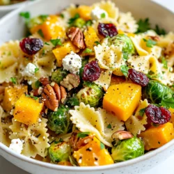 - 8 oz farfalle pasta (or your preferred pasta shape) - 1 cup butternut squash, diced and roasted - 1 cup Brussels sprouts, halved and roasted - 1/2 cup dried cranberries - 1/2 cup goat cheese, crumbled - 1/4 cup pecans, toasted and chopped - 4 tablespoons olive oil - 2 tablespoons apple cider vinegar - 1 tablespoon Dijon mustard - Salt and pepper to taste When I create a fall harvest pasta salad, I focus on fresh, bold flavors. The farfalle pasta serves as a perfect base. I love how its shape holds the dressing and adds a nice texture. Roasting the butternut squash brings out its sweetness, making each bite a treat. Brussels sprouts add a slight crunch and earthiness. Together, these two veggies create a warm, cozy feel. I often use dried cranberries for a pop of color and a sweet-tart flavor. Crumbled goat cheese adds creaminess and tang, balancing the dish beautifully. To finish, I toast pecans for a nutty crunch. They give the salad a great depth and richness. The dressing is simple yet flavorful. I mix olive oil, apple cider vinegar, and Dijon mustard to create a zesty blend. I always taste and adjust the salt and pepper to make it just right. These ingredients come together to create a flavorful, seasonal dish. You can enjoy it warm or cold, making it versatile for any meal. {{ingredient_image_1}} Start by boiling water in a large pot. Add some salt to the water. Once it's boiling, add 8 oz of farfalle pasta. Cook it according to the package instructions until it’s al dente. When done, drain the pasta and let it cool a bit. Preheat your oven to 400°F (200°C). Take a baking sheet and toss 1 cup of diced butternut squash and 1 cup of halved Brussels sprouts with 2 tablespoons of olive oil, salt, and pepper. Roast for 20 to 25 minutes. Stir them halfway through to ensure they cook evenly. They should be tender and golden brown when done. In a small bowl, whisk together the remaining 2 tablespoons of olive oil, 2 tablespoons of apple cider vinegar, and 1 tablespoon of Dijon mustard. Add a pinch of salt and pepper. Taste it and adjust the seasoning if needed. In a large mixing bowl, mix the cooked farfalle pasta with the roasted butternut squash, Brussels sprouts, 1/2 cup of dried cranberries, 1/2 cup of crumbled goat cheese, 1/4 cup of chopped pecans, and 1/4 cup of thinly sliced red onion. Pour the dressing over the salad mixture. Toss everything gently to coat well. Refrigerate for at least 30 minutes. This helps the flavors blend. Before serving, garnish with fresh parsley for a pop of color. To get the best out of butternut squash and Brussels sprouts, start with even cuts. Dice the squash into small, bite-sized pieces. Cut the Brussels sprouts in half for even roasting. Toss them on a baking sheet with olive oil, salt, and pepper. Roast at 400°F for 20-25 minutes. Stir halfway through to ensure they brown nicely. Look for a golden hue and a tender texture. This gives your salad a rich flavor and a nice crunch. Cooking your pasta just right is key. Bring a large pot of salted water to a rolling boil. Add the farfalle pasta and cook according to the package instructions. Aim for al dente, which means it should be firm to the bite. Drain the pasta and let it cool a bit. This will help it stay separate and not become mushy when mixed with other ingredients. The dressing can make or break your salad. In a small bowl, whisk together olive oil, apple cider vinegar, and Dijon mustard. Taste as you go. You can add more vinegar for tang or more mustard for bite. Don’t forget salt and pepper! This dressing is flexible, so feel free to adjust it to suit your taste. A splash of honey can add sweetness, while herbs like thyme can bring extra flavor. Pro Tips Roasting Perfection: Ensure your vegetables are cut into uniform sizes to guarantee even roasting. This will help achieve that perfect caramelization. Pasta Timing: To prevent the pasta from becoming mushy, cook it just until al dente. It will continue to soften slightly when mixed with the warm ingredients. Flavor Boost: For an extra layer of flavor, consider adding a pinch of cinnamon or nutmeg to the roasted vegetables. It complements the fall theme beautifully. Chill to Perfection: Allowing the salad to chill for at least 30 minutes not only melds the flavors but also enhances the overall taste and texture of the dish. {{image_2}} You can mix up your Fall Harvest Pasta Salad by adding different veggies. Try sweet potatoes, roasted carrots, or even kale. These ingredients give unique flavors and colors. You can also use seasonal greens like arugula or spinach for a fresh touch. The goal is to enjoy what fall offers. Keep it colorful and tasty. While farfalle works great, feel free to use other pasta shapes. Penne or fusilli can add a fun twist. You might also consider orzo for a smaller bite or even whole wheat pasta for added fiber. Each shape brings a different texture and feel to the salad. Choose what you like best to make it your own. If you have dietary needs, don’t worry! You can make this salad gluten-free by using rice pasta. For a vegan version, skip the goat cheese and use avocado instead. You can also add nuts like sunflower seeds to replace the cheese. Lastly, if you have nut allergies, simply leave out the pecans. The salad will still be delicious! Store your Fall Harvest Pasta Salad in the fridge. Use an airtight container to keep it fresh. It will taste best when eaten within three days. If you have leftovers, give the salad a good stir before serving. This helps mix the flavors again. Can you freeze Fall Harvest Pasta Salad? Yes, but some ingredients may not freeze well. The pasta and veggies can freeze, but the goat cheese and cranberries may change texture. To freeze, place the salad in a freezer-safe container. Just remember to leave out the dressing. You can add that fresh when you thaw and serve. Reheating options help keep the salad's texture. If you want to warm it, do so gently. Place it in a pan over low heat and stir often. This helps avoid mushy pasta. You can also serve it cold. Just toss it with a bit of fresh dressing to revive the flavors. Yes, you can make this salad ahead of time. I suggest preparing it a day before. This gives flavors time to blend. Keep the dressing separate until you are ready to serve. This will keep the pasta from getting soggy. Best tips for meal prepping: - Cook the pasta and roast the veggies ahead. - Store the salad in an airtight container. - Add dressing just before serving. This salad pairs well with many side dishes. Try serving it with roasted chicken or grilled fish. You can also enjoy it with a warm crusty bread. A light soup, like pumpkin or squash, makes a great match too. Complementary dishes to serve alongside: - Grilled chicken or fish - Warm crusty bread - Pumpkin or squash soup The pasta salad lasts about 3 to 5 days in the fridge. Store it in an airtight container for best results. Check for changes in smell or texture before eating. If it looks off, it’s best to toss it. Shelf life of the salad and signs of spoilage: - 3 to 5 days in the fridge - Watch for changes in smell or texture - Discard if it looks off The dressing in this recipe is simple and tasty. It combines olive oil, apple cider vinegar, and Dijon mustard. You can also try balsamic vinaigrette for a sweeter touch. A lemon vinaigrette adds a fresh zing too. Recommendations for alternative dressings: - Balsamic vinaigrette for sweetness - Lemon vinaigrette for a fresh taste - Creamy dressing for a richer flavor This Fall Harvest Pasta Salad brings together vibrant flavors and textures. You roast butternut squash and Brussels sprouts, mix in pasta, and add tasty extras like cranberries and goat cheese. The dressing ties it all together. Remember, you can swap ingredients and make it your own. It’s simple to store and great for meal prep. Enjoy this dish at home or share it with friends. Happy cooking!
