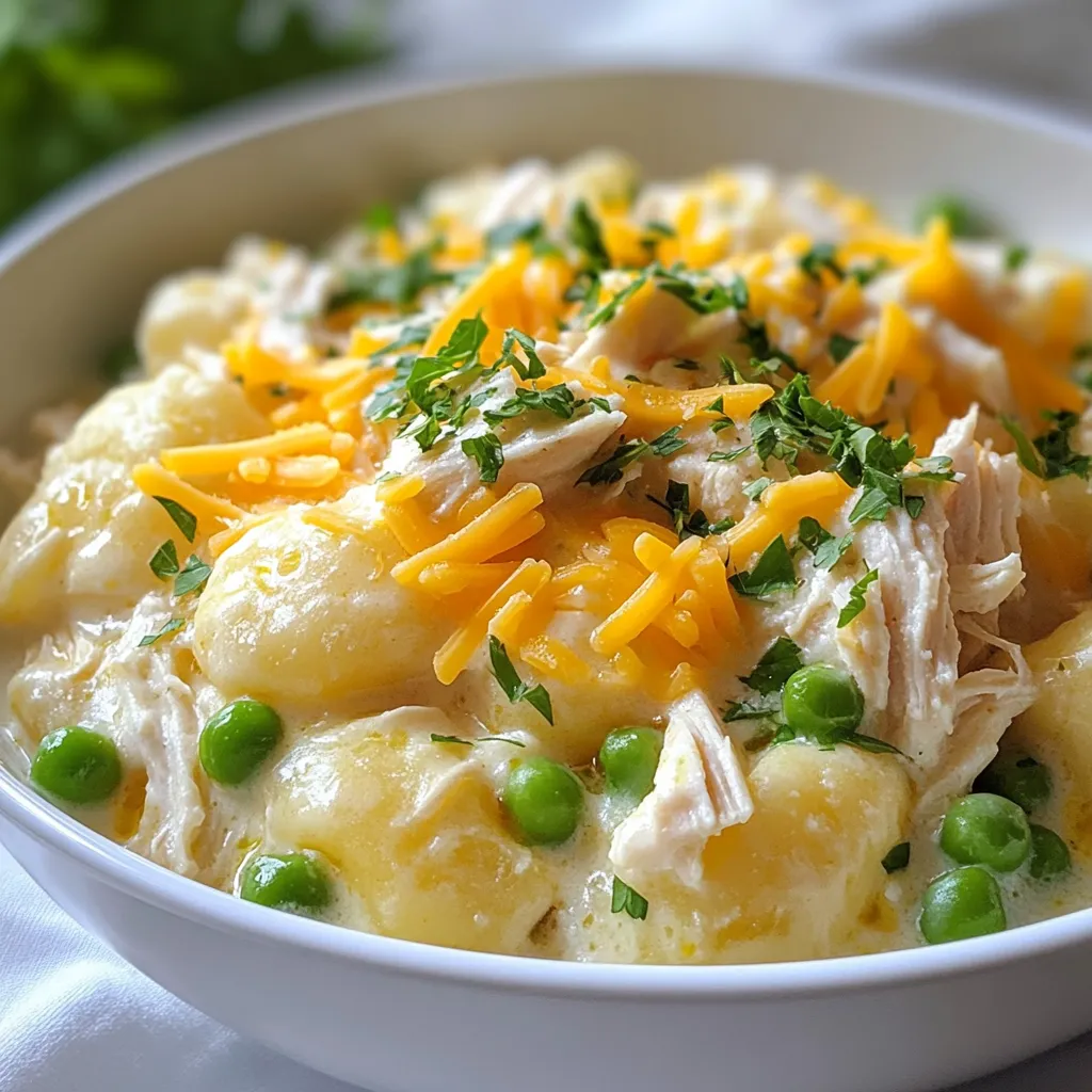 - 1 pound gnocchi - 2 cups cooked chicken, shredded - 4 cups chicken broth - 1 cup cream cheese, softened The main ingredients create a rich and hearty meal. Gnocchi is soft and chewy, making it a perfect base. Shredded chicken adds protein and flavor. Chicken broth gives depth to the dish. Cream cheese brings a creamy texture that binds everything together. - 1 teaspoon garlic powder - 1 teaspoon onion powder - 1 tablespoon ranch seasoning mix - Salt and pepper to taste The seasonings elevate this dish. Garlic powder adds a nice punch. Onion powder gives a sweet taste without the bite. Ranch seasoning adds a unique flavor twist. Salt and pepper balance the flavors for your taste buds. - 2 tablespoons olive oil - 1 cup cheddar cheese, shredded - 1 cup frozen peas - Fresh parsley, chopped (for garnish) Garnishes make this dish pop! Olive oil adds richness and a touch of shine. Cheddar cheese melts beautifully, adding extra creaminess. Frozen peas offer a burst of color and sweetness. Fresh parsley gives a fresh touch and brightens the dish. {{ingredient_image_1}} - First, heat 2 tablespoons of olive oil in a large pot over medium heat. - Add 2 cups of shredded chicken to the pot and sauté for 2-3 minutes. You want it to become slightly crispy. - Next, pour in 4 cups of chicken broth. Bring it to a gentle boil. - Now, stir in 1 cup of softened cream cheese. Break it up with a spoon until it melts and mixes well with the broth. - Add 1 teaspoon of garlic powder, 1 teaspoon of onion powder, and 1 tablespoon of ranch seasoning mix. Stir in salt and pepper to taste. - Then, add 1 pound of gnocchi to the pot. Cook according to package instructions, which usually takes about 2-3 minutes. They should float to the top when done. - Once the gnocchi are cooked, mix in 1 cup of shredded cheddar cheese and 1 cup of frozen peas. Stir until everything is well combined and the cheese has melted. - Taste your dish and adjust the seasoning if needed. To get the best texture in your Crack Chicken Gnocchi, watch your cooking time. Gnocchi cooks quickly. Follow the package instructions. They should float when done. This shows they're ready to mix in. For melting cream cheese, take it out early. Let it sit at room temperature for about 15 minutes. This helps it blend easier. When you add it to the broth, break it up with a spoon. Stir until it melts and combines well. Seasoning can change the taste of your dish. I suggest adding a little more garlic powder or ranch seasoning. Just a pinch can make a big difference. You can also add fresh herbs like parsley or chives. They brighten the dish and add fresh flavor. How you serve can make your meal more inviting. Use shallow bowls to showcase the gnocchi. Top with fresh parsley and a sprinkle of cheddar cheese. This adds color and makes it look fancy. For side dishes, try a simple green salad. It pairs well with the rich flavors. You could also serve crusty bread to soak up the creamy sauce. Pro Tips Use Fresh Ingredients: Fresh herbs and quality cheeses enhance the flavor of your dish significantly. Cook Gnocchi Carefully: Avoid overcooking the gnocchi; they should float to the top when done. Customize Your Seasoning: Adjust the ranch seasoning to match your taste preferences for a personal touch. Leftovers Storage: Store any leftovers in an airtight container in the fridge for up to 3 days; reheat gently. {{image_2}} You can easily adapt this dish for your needs. If you want gluten-free gnocchi, look for brands made from rice or corn. Many stores offer these options. For a dairy-free version, use a dairy-free cream cheese. Almond or cashew-based creams work well. This way, you can enjoy the same creamy texture without the dairy. Changing the cheese can make a big difference. Try using mozzarella for a milder taste or pepper jack for a spicy kick. You can also swap the chicken for turkey. Turkey gives a nice twist and is a great way to use leftovers. The flavors mix well with the ranch seasoning too. Adding veggies boosts both nutrition and flavor. Spinach or kale can make this dish even better. Just stir them in during the last few minutes of cooking. You can also add frozen mixed veggies for convenience. Peas, carrots, and corn work great, too. They add color and sweetness to your meal. To store leftovers, place Crack Chicken Gnocchi in an airtight container. This keeps it fresh and tasty. You can store it in the fridge for up to three days. After that, the flavors may fade, and it could spoil. Always check for any changes in smell or texture before eating. Freezing is a great way to save Crack Chicken Gnocchi for later. To freeze, let the dish cool completely. Then, place it in a freezer-safe container or a heavy-duty freezer bag. Make sure to remove as much air as possible. It can stay frozen for about three months. When you are ready to eat, thaw it in the fridge overnight. This helps keep the texture nice. For reheating, use a stove or microwave to warm the gnocchi. If on the stove, heat it in a pot over low heat. Stir often to avoid overcooking. If using a microwave, use a microwave-safe bowl. Add a splash of broth or water to keep it moist. Heat in short intervals, stirring in between. This keeps the gnocchi soft and creamy. You can make gnocchi at home using just a few ingredients. Start with potatoes, flour, and eggs. Boil potatoes until soft, then mash them. Mix in flour and egg until you form a dough. Roll the dough into small pieces and shape them into little pillows. Cook them in boiling water until they float. For the sauce, follow the steps in the recipe. Sauté chicken, add broth, and stir in cream cheese. When the gnocchi is ready, toss them in this mix. You can also play with flavors by adding herbs or spices for a unique twist. Yes, you can use fresh gnocchi. Fresh gnocchi cooks faster, so keep an eye on them. Start by adding them to the pot after the broth boils. Cook for about 1-2 minutes instead of the usual 2-3 minutes for store-bought. This will help keep them soft and chewy. If you need a cooking time guide, check the package. It can help ensure your meal turns out just right. You can serve a salad on the side. A simple green salad with a light vinaigrette goes well. Roasted veggies also make a great choice. Think of carrots, broccoli, or zucchini drizzled with olive oil. For a heartier meal, pair it with garlic bread. The bread can soak up the creamy sauce, making each bite better. Enjoy your meal with a glass of white wine or sparkling water for a refreshing touch! In this post, we covered how to make Crack Chicken Gnocchi, from ingredients to storage tips. You learned about key ingredients like chicken, gnocchi, and cream cheese. We discussed seasonings to boost flavor and garnishes for a great finish. Remember, you can tweak the recipe for your taste or dietary needs. Store leftovers wisely for best quality. Enjoy trying this dish with your family or friends, and explore variations to make it your own. Cooking can be fun and easy!