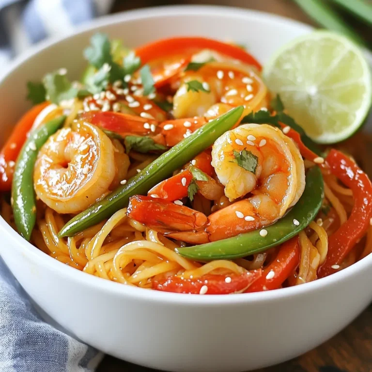 - 200g rice noodles - 250g shrimp, peeled and deveined - 2 tablespoons soy sauce - 1 tablespoon oyster sauce (or hoisin for a sweeter option) - 1 tablespoon sesame oil - 1 red bell pepper, thinly sliced - 1 cup snap peas, trimmed - 2 green onions, chopped - 2 cloves garlic, minced - 1 tablespoon fresh ginger, grated - 1 tablespoon lime juice - Salt and pepper, to taste - Sesame seeds, for garnish The main ingredients are key for flavor and texture. Fresh shrimp adds protein and a sweet taste. Rice noodles provide a soft base that soaks up sauces well. The bell pepper and snap peas add color, crunch, and nutrition. You can make this dish your own by adding other veggies. Consider carrots, broccoli, or mushrooms for more texture. If you like heat, try adding red pepper flakes or sriracha. You can also swap shrimp for chicken or tofu based on your taste. When choosing shrimp, look for firm, translucent flesh. Fresh shrimp should smell like the ocean, not fishy. For vegetables, pick those with bright colors and no bruises. Fresh snap peas should snap when bent. Always choose seasonal veggies for better taste and value. {{ingredient_image_1}} First, boil water in a large pot. Add 200g of rice noodles to the pot. Cook them for about 4-6 minutes. Stir gently to prevent them from sticking. When they are soft, drain them and set aside. Make sure to rinse them under cold water to stop the cooking. Next, grab a large pan or wok. Heat 1 tablespoon of sesame oil over medium-high heat. Add 2 cloves of minced garlic and 1 tablespoon of grated ginger. Stir quickly for about 30 seconds until they smell great. This step builds a strong flavor base for your dish. Now, add 250g of peeled and deveined shrimp to the pan. Cook them for 3-4 minutes. They should turn pink and opaque when done. Remove the shrimp from the pan and keep them warm. In the same pan, toss in 1 thinly sliced red bell pepper and 1 cup of snap peas. Stir-fry these for 2-3 minutes until they are tender-crisp. Return the shrimp to the pan with the vegetables. Add the cooked rice noodles to the mix, along with 2 tablespoons of soy sauce, 1 tablespoon of oyster sauce, and 1 tablespoon of lime juice. Toss everything well to coat. Season with salt and pepper to your taste. Finally, add 2 chopped green onions and mix everything one last time. Your dish is now ready to serve! To cook shrimp just right, start with fresh ones. Peel and devein them before use. Heat your pan or wok with sesame oil until hot. Add shrimp in a single layer. This helps them cook evenly. Cook for 3 to 4 minutes until they turn pink. Overcooking makes them tough, so watch closely. Once done, set them aside while you cook the veggies. Flavor is key in any stir fry. Soy sauce adds saltiness and umami. I like to add oyster sauce for a richer taste. If you prefer sweet, use hoisin sauce instead. Lime juice brightens everything up. Feel free to tweak these amounts. Taste as you go to find your perfect mix. This way, you can customize it to your liking. For the best stir-fried noodles, cook them slightly less than the package says. Drain and rinse them under cold water. This stops the cooking and keeps them from sticking. When stir-frying, add noodles last to avoid mushiness. Toss them well with the shrimp and veggies. Make sure everything is hot before serving. This keeps the flavors fresh and vibrant. Pro Tips Use Fresh Ingredients: Fresh shrimp and vegetables will enhance the overall flavor and texture of your stir fry. Don’t Overcook the Shrimp: Cook the shrimp just until they are pink and opaque to prevent them from becoming rubbery. Customize the Sauce: Feel free to experiment with different sauces or add chili paste for a spicy kick. Prep Ahead: Chop your vegetables and marinate the shrimp in advance to save time during cooking. {{image_2}} If shrimp isn't your favorite, try chicken, beef, or tofu. Chicken breast cooks quickly and absorbs flavors well. Beef adds a hearty touch and pairs nicely with the sauces. Tofu is a great choice for vegans and can soak up the sauce, making it delicious. You can switch out the red bell pepper and snap peas for other veggies. Broccoli, carrots, or bok choy also work well. Just chop them into small pieces to ensure they cook quickly. Mixing different colors adds more visual appeal to your dish. To make this dish gluten-free, use tamari instead of soy sauce. For a vegan version, skip the shrimp and oyster sauce. Instead, use mushrooms for texture and extra flavor. Always check labels to ensure all sauces are gluten-free and vegan-friendly. To store leftovers, let the shrimp noodle stir fry cool down. Place it in an airtight container. Store the container in the fridge. It will stay fresh for about three days. When it’s time to eat, reheat the stir fry on the stove. Use medium heat to warm it up. Stir it often to heat evenly. This keeps the shrimp tender and the veggies crisp. If you microwave, cover it to trap moisture. Add a splash of water if it seems dry. You can freeze shrimp noodle stir fry, but it’s best to eat it fresh. If you freeze it, use a freezer-safe container. It can last for up to three months. To thaw, move it to the fridge overnight. Reheat on the stove or in the microwave. This helps retain flavor and texture. For stir-fry, I love using rice noodles. They cook quickly and soak up flavors well. You can also use egg noodles or udon noodles. Both add a nice chew to the dish. Choose noodles that fit your taste and what you have on hand. Yes, you can make this dish ahead. Cook the noodles and shrimp, then store them separately. Keep the vegetables fresh until you are ready to eat. When it’s time, just heat them up in a pan. This way, your meal stays fresh and tasty. To spice things up, add red pepper flakes or sliced fresh chilies. You can also try a splash of sriracha or chili paste. Start with a little, then taste as you go. This lets you control the heat level to fit your liking. In this post, we explored the ingredients and steps to create a shrimp noodle stir fry. You learned how to choose fresh shrimp, cook rice noodles, and combine tasty flavors. Don’t forget the tips for perfectly cooking shrimp and adjusting sauces to suit your taste. Feel free to switch up proteins and veggies for your own spin. With these easy steps, you can whip up a delicious meal any night. Happy cooking!