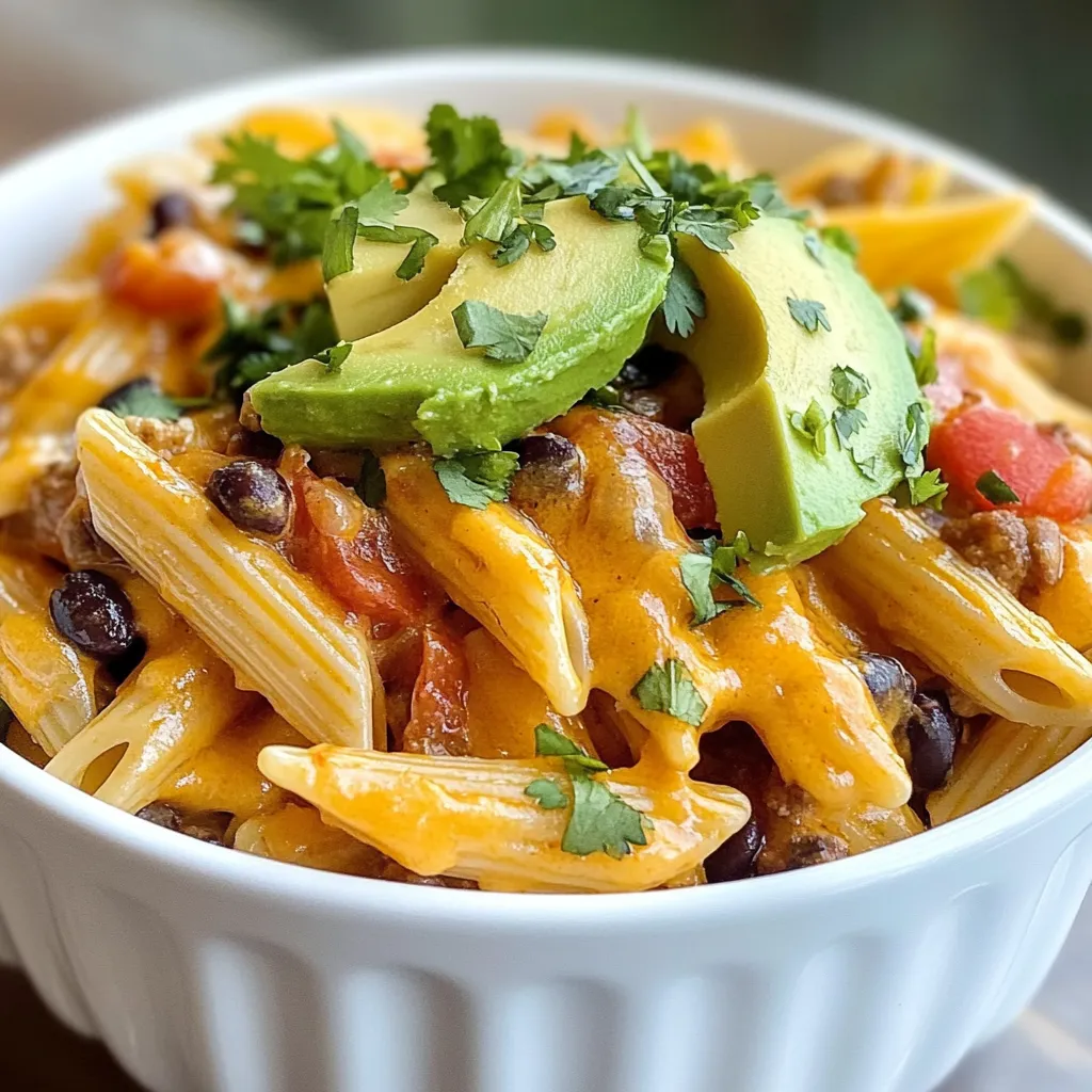 For this cheesy taco pasta, you will need: - 8 oz penne pasta - 1 lb ground turkey or beef - 1 tablespoon olive oil - 1 small onion, diced - 2 cloves garlic, minced - 1 packet taco seasoning (about 1 oz) - 1 cup diced tomatoes (canned or fresh) - 1 cup chicken broth - 1 cup cream cheese, softened - 1 1/2 cups shredded cheddar cheese - 1 cup black beans, drained and rinsed - 1 cup corn (canned or frozen) - Salt and pepper to taste - Chopped cilantro and avocado for garnish You can easily swap some ingredients if you like: - Use whole wheat pasta for a healthier option. - Ground chicken or pork works well if you want a different meat. - Vegetable broth can replace chicken broth for a vegetarian dish. - Cream cheese can be swapped with Greek yogurt for a tangy twist. - Use any cheese you have on hand, like Monterey Jack or mozzarella. To make this dish, gather these tools: - Large pot for boiling pasta - Large skillet for cooking - Wooden spoon or spatula for stirring - Measuring cups and spoons - Colander for draining pasta - Knife and cutting board for chopping veggies {{ingredient_image_1}} Start by boiling a large pot of salted water. Add 8 oz of penne pasta. Cook until it is al dente, which takes about 8-10 minutes. Drain the pasta and set it aside. This step provides a sturdy base for your cheesy taco pasta. In a large skillet, heat 1 tablespoon of olive oil over medium heat. Add 1 small diced onion. Cook the onion until it turns translucent, about 3-4 minutes. Then, add 2 minced garlic cloves. Cook for an extra minute until fragrant. This mix adds sweetness and depth to the dish. Next, add 1 lb of ground turkey or beef to the skillet. Break it apart with a spatula. Cook until it is browned and cooked through, about 7-8 minutes. After browning, sprinkle 1 packet of taco seasoning over the meat. Stir to combine. Add 1 cup of diced tomatoes and 1 cup of chicken broth. Bring it all to a simmer for 2-3 minutes. This step infuses great flavor into the meat. Lower the heat and stir in 1 cup of softened cream cheese. Mix until it is fully melted and combined. Add 1 cup of drained and rinsed black beans and 1 cup of corn. Stir these in well to heat through. This creates a rich and creamy sauce for your pasta. Add the cooked penne pasta to the skillet. Mix until all ingredients are well combined. Stir in 1 1/2 cups of shredded cheddar cheese until it melts. This final mix ensures every bite is cheesy and flavorful. Taste your dish and add salt and pepper as needed. Spoon the cheesy taco pasta onto plates. Sprinkle the remaining cheddar cheese on top. Garnish with chopped cilantro and avocado slices for freshness. Enjoy your delicious meal! To avoid sticky pasta, start with plenty of water. Use a large pot and add salt. This helps the pasta cook evenly. Stir the pasta often while it cooks. This keeps it separate. Drain the pasta well, but do not rinse it. Rinsing removes the starch that helps sauce stick. For perfectly cooked ground meat, use medium heat. This helps it brown nicely. Break the meat apart with a spatula as it cooks. Avoid overcrowding the pan; this causes steaming. Cook until it reaches a safe temperature. Ground turkey should be at least 165°F. Ground beef should be 160°F. To adjust spice levels, start with less taco seasoning. You can always add more later. For milder flavors, use less garlic or onion. Add a dollop of sour cream or yogurt to cool it down. Fresh avocado also helps balance heat. For more spice, add jalapeños or a dash of hot sauce. Pro Tips Cook Pasta Al Dente: For the best texture, make sure to cook the penne pasta just until al dente, as it will continue to cook slightly when combined with the sauce. Customize Your Protein: Feel free to substitute ground turkey with ground chicken or even a plant-based meat alternative for a different flavor profile. Spice Adjustment: If you prefer a spicier dish, consider adding a diced jalapeño or a dash of hot sauce when you add the taco seasoning. Garnish for Freshness: Don't skip the cilantro and avocado garnish; they add a fresh flavor that balances the richness of the cheese. {{image_2}} You can easily make Cheesy Taco Pasta healthier. Here are some swaps: - Use whole wheat penne pasta for extra fiber. - Swap ground turkey for lean ground chicken or plant-based meat. - Replace cream cheese with Greek yogurt for a tangy twist. - Add more veggies like bell peppers or zucchini for added nutrients. These changes keep the tasty flavor while boosting health. To make this dish vegetarian or vegan, follow these tips: - Use lentils or black beans instead of meat. - Replace cream cheese with a vegan cream cheese or cashew cream. - Skip the cheese or use vegan cheese. - For a flavor boost, add nutritional yeast. These swaps keep the dish hearty and satisfying without meat or dairy. Cheese can change the taste of your Cheesy Taco Pasta. Here are some ideas: - Try pepper jack cheese for a spicy kick. - Use mozzarella for a milder flavor and great melt. - Top with crumbled feta cheese for a tangy finish. - Add fresh toppings like jalapeños, tomatoes, or sour cream. Experiment with these options to find your favorite flavor combination. To store leftovers, let the cheesy taco pasta cool down. Place the pasta in an airtight container. This keeps it fresh for up to three days. If you want to keep it longer, consider freezing it. When ready to eat, take the pasta out of the fridge. You can use a microwave or a stovetop. If using a microwave, heat in short bursts. Stir between heats to warm it evenly. On the stovetop, add a splash of broth to prevent it from drying out. Heat over low until warm. If you freeze the cheesy taco pasta, use a freezer-safe container. It will last about two months in the freezer. To thaw, move it to the fridge overnight. You can also use the microwave to defrost it quickly. After thawing, reheat it as mentioned before. Enjoy your meal! If you want to skip the cream cheese, you can use sour cream. Greek yogurt is a great swap, too. Cream cheese adds a rich taste, but other options work well. Just pick one that you enjoy! Yes, you can make Cheesy Taco Pasta ahead of time. Cook it, then let it cool. Store it in the fridge for up to three days. When you’re ready, just reheat it on the stove or in the microwave. To add heat, you can mix in some diced jalapeños. Hot sauce is another great choice. You can also use a spicier taco seasoning. Adjust to your taste, and enjoy the kick! Penne pasta works great for this dish. Its shape holds the sauce well. You can also use rotini or fusilli. Both types catch all the cheesy goodness. Choose your favorite! In this post, we explored the ingredients, tools, and steps for making Cheesy Taco Pasta. We discussed tips for avoiding sticky pasta and cooking meat perfectly. You also learned how to make healthy swaps and store leftovers safely. Remember, cooking should be fun and flexible! Don’t hesitate to try new flavors and adapt this recipe to your taste. Your kitchen adventure awaits!