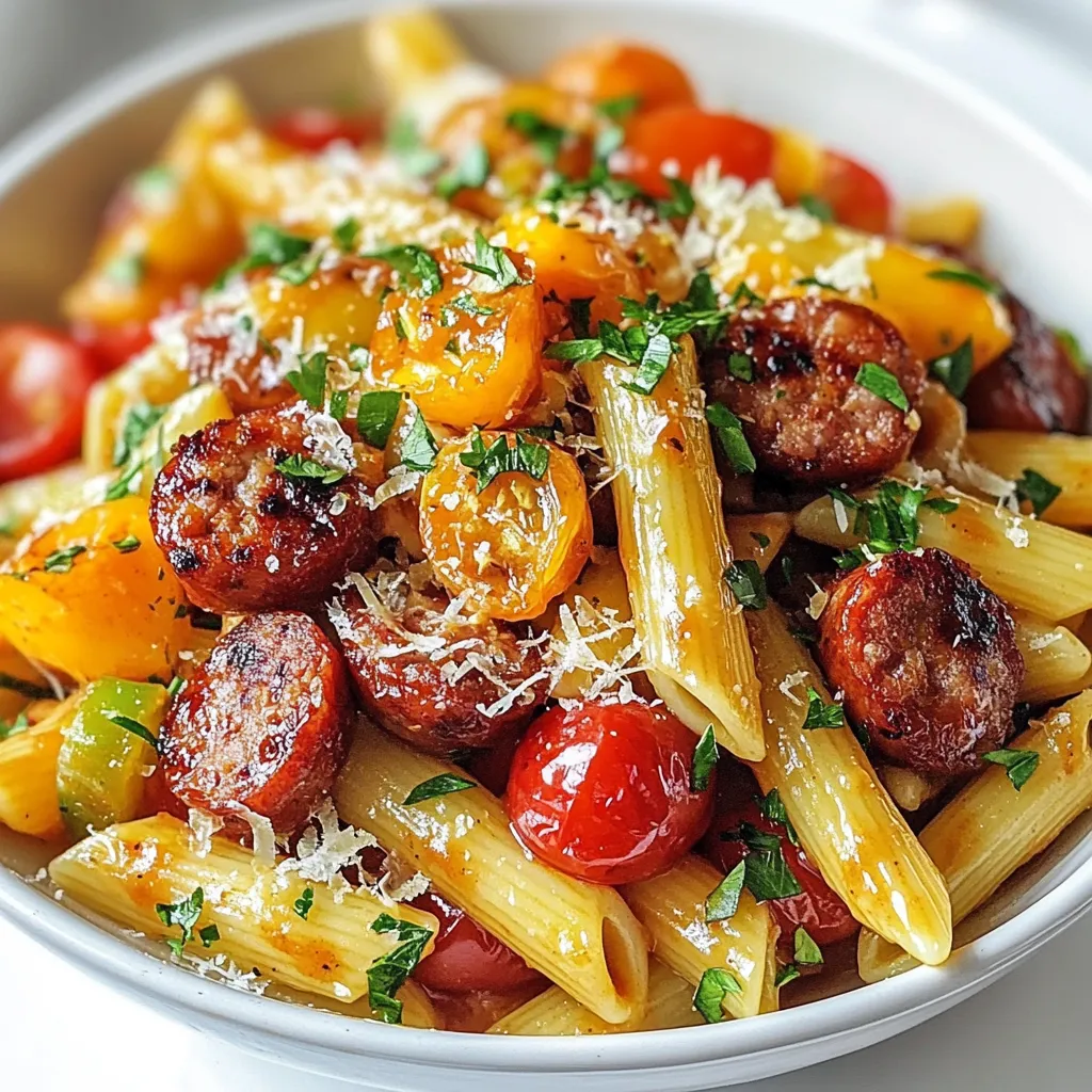 - 8 oz penne pasta - 1 pound smoked sausage (or chicken/turkey sausage) - 1 cup BBQ sauce - 1 cup heavy cream These main ingredients create a rich and hearty dish. Penne pasta works well because its shape holds the sauce nicely. The smoked sausage adds a robust flavor that pairs perfectly with BBQ sauce. Heavy cream gives the dish a creamy texture, making every bite feel indulgent. - 1 bell pepper, diced - 1 small red onion, finely chopped - 3 cloves garlic, minced - 1 cup cherry tomatoes, halved - 1 teaspoon smoked paprika - 1 teaspoon Italian seasoning - Salt and pepper to taste - Fresh parsley, chopped (for garnish) - Grated Parmesan cheese (for serving) You can add a bell pepper for sweetness and color. Red onion adds a slight bite, while garlic boosts flavor. Cherry tomatoes add freshness. Smoked paprika and Italian seasoning enhance the dish further. Don't forget salt and pepper to taste. Garnish with parsley and Parmesan for a beautiful finish! {{ingredient_image_1}} First, fill a large pot with salted water. Bring it to a boil. Add 8 oz of penne pasta. Cook it according to the package instructions. Aim for al dente, which gives a nice bite. After cooking, drain the pasta. Set it aside for later. Next, grab a large skillet and heat 2 tablespoons of olive oil over medium heat. Slice 1 pound of smoked sausage. Add the sausage to the skillet. Cook until it is browned, which takes about 5 to 7 minutes. This step adds great flavor. After that, add 1 diced bell pepper and 1 finely chopped small red onion. Sauté them for about 4 to 5 minutes. The veggies should be tender now. Then, stir in 3 minced garlic cloves and 1 cup of halved cherry tomatoes. Cook this mix for another 2 to 3 minutes. You want the garlic to smell nice and the tomatoes to soften. Now it's time to add flavor. Pour in 1 cup of your favorite BBQ sauce and 1 cup of heavy cream. Stir everything well. Add 1 teaspoon of smoked paprika and 1 teaspoon of Italian seasoning. Don’t forget to season with salt and pepper to taste. Let the mixture simmer for about 5 minutes. This helps all the flavors blend together. Once it’s ready, add the cooked penne pasta to the skillet. Toss it well to coat the pasta in the BBQ sauce mixture. Heat everything through for about 2 minutes. Finally, take the skillet off the heat. Garnish with fresh chopped parsley and a sprinkle of grated Parmesan cheese. Enjoy your BBQ sausage pasta delight! For BBQ sausage pasta, I like to use smoked sausage. It adds a deep, rich flavor. Chicken or turkey sausage works well too. They make the dish lighter but still tasty. Look for sausages with BBQ spices. Brands often have options that fit this flavor. You can even try spicy sausage for an extra kick. Choose your favorite BBQ sauce. I love using sweet and smoky sauces. They balance the dish nicely. If you’re feeling adventurous, try making your own sauce. Combine ketchup, brown sugar, vinegar, and spices for a quick mix. Homemade sauces can give your dish a unique twist. Cooking pasta to perfection is key. Use a large pot with salted water. Bring it to a boil before adding the penne. Follow the package instructions closely. Aim for al dente pasta; it should be firm but not hard. Drain it well to avoid a watery sauce. This method ensures your pasta absorbs the flavors of the BBQ sauce. Pro Tips Choose Your Sausage Wisely: Opt for a smoked sausage for the best flavor, but feel free to use chicken or turkey sausage for a leaner dish. Perfect Pasta Cooking: Make sure to cook the pasta al dente for the best texture in your dish; it will continue to cook slightly when mixed with the sauce. Customize Your BBQ Sauce: Use your favorite BBQ sauce or even mix two different kinds to create a unique flavor profile that suits your taste. Garnish for Freshness: Always finish your dish with fresh herbs like parsley to add a burst of color and freshness that complements the richness of the sauce. {{image_2}} To make BBQ Sausage Pasta lighter, you can use turkey or chicken sausage. These options cut down on fat while still giving great flavor. They have a similar taste to regular sausage. Plus, they are often lower in calories. Just slice and cook them like you would with traditional sausage. You won't lose the smoky taste. If you prefer a plant-based dish, try using plant-based sausage. Many brands offer tasty options that mimic meat well. You can also swap heavy cream for non-dairy cream substitutes. Almond or coconut cream works great. These swaps keep the pasta creamy and rich without animal products. You can enjoy a delicious meal that fits your diet. Want to boost the taste? Add extra spices and herbs. Smoked paprika adds warmth. A pinch of cayenne can give it a kick. Fresh herbs like basil or thyme can brighten the dish. A squeeze of lemon juice can also add a fresh twist. Experiment with these ideas to find your favorite flavor mix! To store your BBQ sausage pasta, let it cool down first. Once cooled, place it in an airtight container. This keeps the pasta fresh and safe. You can store it in the fridge for up to three days. Make sure to label the container with the date. This way, you won't forget when you made it. Freezing BBQ sausage pasta is easy. First, let it cool completely. Then, divide it into portions. Place each portion in a freezer-safe bag. Squeeze out the air to prevent freezer burn. Seal the bags tightly and label them with the date. You can freeze it for up to three months. When you're ready to eat, just take it out and let it thaw overnight in the fridge. To reheat BBQ sausage pasta, the stove is your best friend. Pour the pasta into a skillet over medium heat. Add a splash of water or extra BBQ sauce. This keeps it from drying out. Stir gently until heated through. You can also use the microwave. Place it in a microwave-safe bowl and cover it with a damp paper towel. Heat in short bursts, stirring in between, until hot. Enjoy your tasty meal without losing flavor! I recommend using penne pasta for BBQ Sausage Pasta. Its tube shape holds the sauce well. Other good options are rotini or fusilli. These shapes also trap sauce in their curls. The key is to choose a pasta that can grab sauce easily. This way, every bite is full of flavor. Yes, you can make this dish ahead of time. Cook the pasta, sausage, and sauce separately. Store them in the fridge in airtight containers. When you are ready to eat, combine them in a pan. Heat gently until warm. This method helps keep the pasta from getting mushy. To make the dish milder, use mild sausage and less BBQ sauce. You can also add more cream to tone down the heat. If you want it spicier, choose hot sausage or add red pepper flakes. You can also mix in some hot sauce during cooking. Taste as you go to find your perfect spice level. In this post, we explored how to make BBQ sausage pasta using simple ingredients and clear steps. We looked at the main ingredients, optional add-ins, and shared cooking tips. Remember, you can customize the dish with healthier options or extra flavors. Storing leftovers and reheating them properly ensures you can enjoy this meal later. This quick, hearty dish satisfies many tastes and dietary needs. Now, it’s your turn to try this recipe and enjoy a tasty meal.