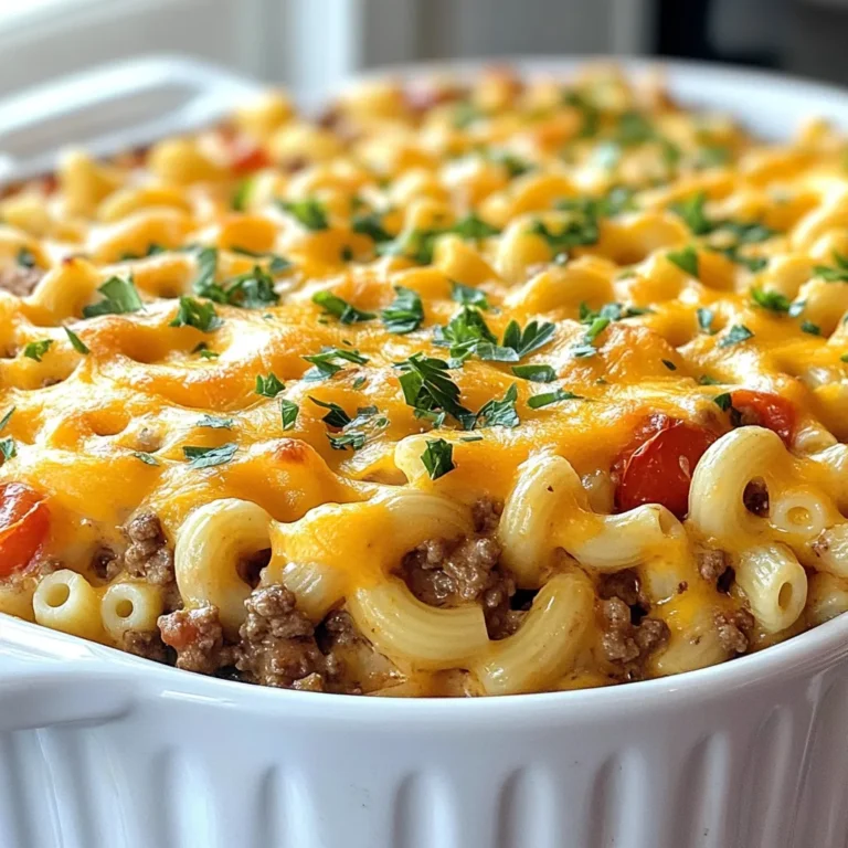 To create a delicious Cheesy Hamburger Casserole, gather the following ingredients: - 1 lb ground beef - 1 small onion, diced - 2 cloves garlic, minced - 1 cup uncooked elbow macaroni - 3 cups beef broth - 1 can (15 oz) diced tomatoes, undrained - 1 cup shredded cheddar cheese - 1 cup shredded mozzarella cheese - 1 tablespoon Worcestershire sauce - 1 teaspoon Italian seasoning - Salt and pepper to taste - 1/4 cup fresh parsley, chopped (for garnish) Each of these ingredients plays a vital role in building the flavors of your casserole. The ground beef provides protein and a hearty base. Onions and garlic add depth and aroma. Elbow macaroni brings texture, while beef broth and diced tomatoes contribute moisture and richness. The combination of cheddar and mozzarella cheese creates a gooey, satisfying topping that melts beautifully. Worcestershire sauce and Italian seasoning enhance the dish with savory and herbal notes. Don’t forget the salt and pepper; they boost all the flavors. Finally, fresh parsley adds a pop of color and freshness when you serve the casserole. This comforting dish is perfect for family dinners or gatherings with friends. {{ingredient_image_1}} 1. Preheat your oven to 350°F (175°C). This ensures even cooking. 2. In a large skillet, add 1 lb ground beef, 1 small onion (diced), and 2 cloves garlic (minced). Cook until the beef is brown, about 5-7 minutes. If there's excess fat, drain it. 3. Stir in 1 cup uncooked elbow macaroni, 3 cups beef broth, 1 can (15 oz) diced tomatoes (undrained), 1 tablespoon Worcestershire sauce, 1 teaspoon Italian seasoning, salt, and pepper. Bring this mix to a boil. 1. Once boiling, reduce to low heat. Cover and let it simmer for 10 minutes. Stir occasionally to stop sticking. 2. Remove the lid and add half of the shredded cheddar and mozzarella cheeses. Cook for another 5 minutes until the macaroni is tender and cheese melts. 3. Transfer the mix to a greased 9x13 inch baking dish. Top with the rest of the cheeses. 4. Bake in the preheated oven for 15-20 minutes. Look for bubbly and golden cheese. Enjoy the fun of creating this cheesy delight! To get the best flavor when browning beef, use medium heat. This way, the meat cooks evenly and gets a nice color. Break up the beef into smaller pieces. This helps it brown better and cook faster. If you drain the fat after browning, your dish will not be greasy. For cooking pasta in one pot, use enough liquid. In this case, beef broth is perfect. It adds flavor to the macaroni. Stir the pasta often while it cooks. This keeps it from sticking together. Once the pasta is tender, it will soak up the tasty juices. While cheddar and mozzarella are great, you can try other cheeses. Gouda adds a smoky flavor. Monterey Jack brings a creamy texture. You can mix and match to find your favorite blend. To make the dish extra creamy, add some cream cheese or sour cream. Just stir it in with the other cheeses. This makes the casserole even richer and more satisfying. Don't be afraid to experiment with cheese. Each choice can change the whole flavor! Pro Tips Use Lean Ground Beef: Opt for lean ground beef to reduce excess fat and make the casserole less greasy. Customize the Cheese: Feel free to mix and match your favorite cheeses for a unique flavor profile. Add Veggies: Incorporate additional vegetables like bell peppers or spinach for added nutrition and flavor. Make Ahead: This casserole can be prepared ahead of time and stored in the refrigerator for a convenient meal later. {{image_2}} You can make Cheesy Hamburger Casserole healthier by changing a few ingredients. Try using ground turkey or chicken instead of beef. These meats have less fat and fewer calories. They still taste great and fit well in this dish. Another simple swap is to use whole grain macaroni. Whole grains have more fiber and nutrients. This change can add more health benefits without changing the flavor much. To boost the flavor, add some colorful vegetables. Bell peppers and spinach are great choices. They add vitamins and make the dish look bright. You can chop them finely and mix them in while cooking the beef. If you like a kick, try adding jalapeños or spicy sausage. These ingredients can make your casserole more exciting. Spicy sausage adds depth and a savory taste. Just remember to adjust the heat to match your taste. Store leftover Cheesy Hamburger Casserole in an airtight container. Allow it to cool before sealing. This helps keep it fresh. Place the container in the fridge. It will last for about 3 to 4 days. If you want to keep it longer, freezing is a great option. To freeze, cut the casserole into portions. Wrap each piece in plastic wrap. Then, place them in a freezer-safe bag. Make sure to remove as much air as possible. This way, it can stay good for up to 3 months. Label the bag with the date, so you know when you made it. When you reheat your casserole, aim for the best taste and texture. For stovetop reheating, use a pan over low heat. Stir often to keep it from sticking. This method keeps the cheese creamy. If you use a microwave, cover the dish with a microwave-safe lid or wrap. Heat in short bursts of 1 to 2 minutes, stirring in between. This prevents hot spots. For the oven, preheat it to 350°F (175°C). Place the casserole in an oven-safe dish. Add a splash of beef broth to keep it moist. Cover it with foil to trap steam, and heat for about 20 minutes. This method gives you a nice, bubbly texture. Yes, you can prepare this dish ahead of time. Cook the casserole until you add the cheese. After that, cool it and cover it. You can store it in the fridge for up to two days. When you are ready to eat, just add the cheese and bake as directed. If you want a different meat, try ground turkey or chicken. You can also use pork or lamb for a unique taste. For a plant-based option, consider using lentils or crumbled tempeh. These choices add great flavor and texture. To make this casserole vegetarian, swap the ground beef for a mix of beans and veggies. Use black beans or kidney beans for protein. Add chopped bell peppers, zucchini, or mushrooms for extra flavor. Replace the beef broth with vegetable broth for a rich taste. Making Cheesy Hamburger Casserole is simple and fun. We covered all the key ingredients, from ground beef to cheese. I shared easy steps to prepare and cook your dish. You also learned tips to make it even better, as well as some healthy variations. Don't forget to store your leftovers properly and reheat them right for the best taste. Now, you can enjoy a meal that everyone loves. Try different flavors and ingredients to make it your own!