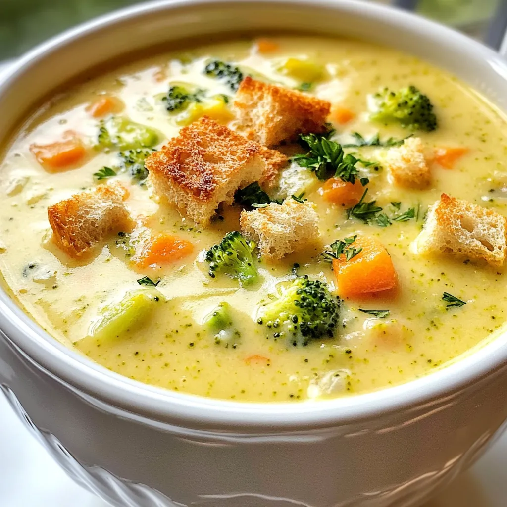 - Broccoli and Carrots You need 2 cups of fresh broccoli florets. Broccoli adds a nice crunch and flavor. Use 1 cup of diced carrots for sweetness and color. Both vegetables make this soup hearty and healthy. - Aromatics: Onion and Garlic One small onion, chopped, gives a base of flavor. Two cloves of minced garlic add depth. These two work together to create a fragrant aroma. - Broth and Cream Use 4 cups of vegetable broth. This makes the soup rich and savory. Add 1 cup of heavy cream for creaminess. It helps create that smooth texture. - Cheese Selection The star of the show is 2 cups of sharp cheddar cheese, shredded. It melts well and gives a bold taste. You can experiment with other cheeses, but cheddar is classic. - Croutons Croutons add crunch to your warm soup. You can buy them or make your own for a fresh touch. - Fresh Herbs Fresh parsley is a great choice for garnish. It adds color and a hint of freshness. You can also use chives or thyme for added flavor. {{ingredient_image_1}} First, heat one tablespoon of olive oil in a large pot over medium heat. Once the oil is hot, add one small chopped onion. Sauté the onion for about 3 to 4 minutes until it turns translucent. This step builds a great flavor base. Next, add two minced cloves of garlic and one cup of diced carrots. Sauté these for another 2 to 3 minutes. You want the carrots to soften a bit but not lose their color. Now, stir in two cups of broccoli florets. Add four cups of vegetable broth and one teaspoon of dried thyme. Bring the mixture to a boil, then reduce the heat to let it simmer. Cook for about 15 minutes or until the broccoli is tender. This step allows the flavors to blend beautifully. Once the veggies are soft, it’s time to blend. If you have an immersion blender, use it directly in the pot. Blend until the soup reaches your desired creaminess. If you don't have one, carefully transfer the soup to a regular blender in batches. Blend until smooth, then return it to the pot. Now, turn the heat to low and stir in one cup of heavy cream. Mix well until combined. Slowly add two cups of shredded sharp cheddar cheese, a little at a time. Stir continuously until the cheese melts and the soup becomes creamy. Season with salt and pepper to taste. If the soup is too thick, add a bit more vegetable broth until it's just right. Serve hot and enjoy! To make your soup creamy, start with vegetable broth. It adds depth without overpowering. Use a mix of broth and cream for balance. When you add heavy cream, do it slowly. Stir constantly to blend it in well. This prevents curdling and promotes a smooth texture. For cheese melting, always use shredded cheddar. It melts better than block cheese. Add cheese slowly while stirring. This helps it melt evenly and creates that rich, creamy feel you want. Fresh herbs can boost your soup's taste. Try adding parsley or thyme for a fresh twist. You can mix in some spinach or kale too. These greens add color and nutrients. When it comes to cheese, don’t just stick to cheddar. You can mix in Gruyère or Monterey Jack. Each cheese adds a unique flavor that makes your soup stand out. If you want to prepare your soup early, you can do that! Just store it in the fridge. When you reheat, do it slowly over low heat. Stir often to keep it from sticking. If it thickens too much, add a splash of broth. For freezing, let the soup cool first. Use airtight containers for storage. It can last up to three months in the freezer. To thaw, place it in the fridge overnight before reheating. This keeps the flavors intact. Pro Tips Freshness Counts: Always use fresh broccoli for the best flavor and texture. Frozen broccoli can be used, but it may alter the final taste. Cheese Choices: For a richer flavor, consider mixing different types of cheese, such as Gruyère or Monterey Jack, with the cheddar. Texture Control: Adjust the creaminess of your soup by blending to your desired texture—smooth or chunky, it's up to you! Seasoning Tips: Taste as you go! Adjust salt and pepper to your preference, and consider adding a squeeze of lemon juice for brightness. {{image_2}} You can make this soup vegetarian by swapping chicken broth for vegetable broth. This change keeps all the flavor while making it plant-based. You can also add more vegetables like peas or bell peppers. These veggies add color and nutrients. For a low-carb option, swap the heavy cream with pureed cauliflower. This gives a creamy feel without the carbs. Also, consider using alternative cheeses like mozzarella or a dairy-free option. These changes keep it light and tasty. If you love heat, add red pepper flakes while cooking. This gives the soup a nice kick. For an even spicier version, infuse the soup with jalapeños. Just chop them finely and add them early in the cooking. This twist makes the soup exciting and full of flavor. How Long It Lasts After cooking, your broccoli cheddar soup will stay fresh in the fridge for about 3 to 5 days. Make sure to check for any off smells or changes in color before using. Storing in Airtight Containers To keep your soup fresh, place it in airtight containers. These containers help keep moisture in and bacteria out. Label the containers with the date so you can track how long they have been stored. Best Practices for Freezing You can freeze broccoli cheddar soup for up to 3 months. Allow the soup to cool completely before freezing. Pour it into freezer-safe bags or containers. Leave some space at the top, as the soup will expand when frozen. Thawing and Reheating Directions To thaw your soup, move it from the freezer to the fridge overnight. For quick thawing, place the bag in cold water. When ready to eat, reheat on the stove over low heat. Stir often to prevent sticking. If it’s too thick, add a splash of broth or water to reach your desired texture. I recommend using sharp cheddar cheese for the best flavor. Its rich taste adds depth. You can also mix in some mild cheddar for creaminess. Other great options include Gruyère or Monterey Jack for a twist. Experiment with these cheeses to find your favorite blend. Yes, you can prep this soup ahead of time. Make the soup, then cool it down. Store it in an airtight container in the fridge for up to three days. To reheat, warm it gently on the stove. You can also freeze the soup for up to three months. Just remember to leave some space in the container for expansion. There are several ways to thicken this soup. You can add a slurry of cornstarch and water. Mix one tablespoon of cornstarch with two tablespoons of cold water, then stir it in the soup. Another option is to add more cheese, which melts and thickens the soup. You can also use pureed potatoes or cauliflower for a healthy twist. Broccoli Cheddar Soup has some healthy benefits. Broccoli is rich in vitamins C and K. It also contains fiber, which is good for digestion. However, the heavy cream and cheese add fat and calories. To make it healthier, use low-fat cheese and less cream. You can still enjoy a creamy texture while keeping the soup nutritious. This article covered how to make delicious broccoli cheddar soup. You learned about key ingredients, like fresh broccoli, carrots, and cheese. I shared steps to sauté the base and blend the soup for creaminess. Tips helped perfect flavor and texture. Variations offer exciting twists, making this dish fit your needs. Remember, store soup properly to enjoy later. With these insights, you can create a warm, tasty meal that everyone will love. Enjoy your cooking adventures!
